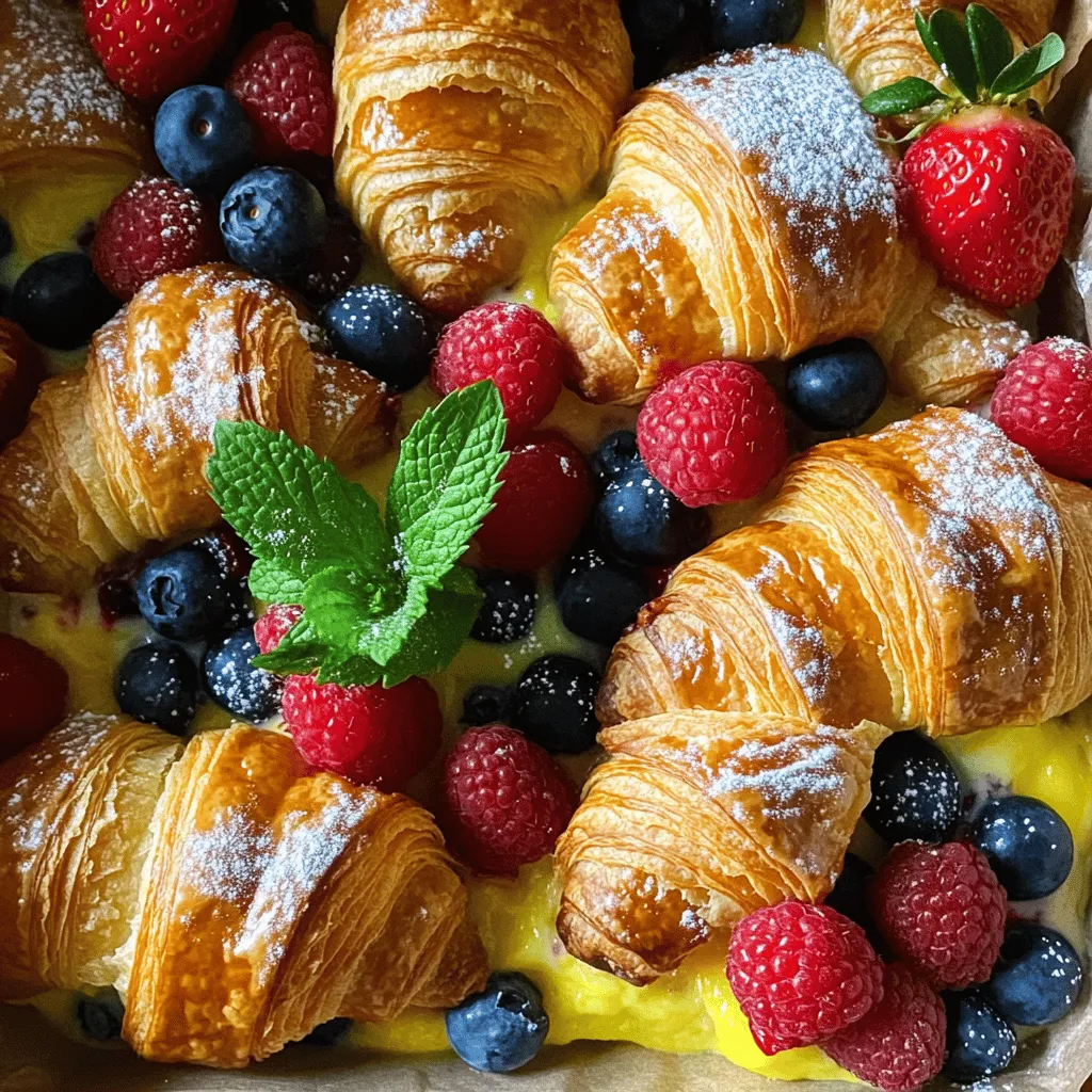 To make a Berry Croissant Bake, you will need the following ingredients: - 4 large buttery croissants, torn into bite-sized pieces - 1 cup mixed berries (a delightful mix of strawberries, blueberries, and raspberries) - 3 large eggs, preferably free-range - 1 cup whole milk, for richness - 1/2 cup granulated sugar, to sweeten - 1 teaspoon pure vanilla extract, for flavor - 1/2 teaspoon ground cinnamon, for warmth - 1/4 teaspoon salt, to enhance sweetness - 1 tablespoon unsalted butter, for greasing the baking dish - Powdered sugar, for a sweet dusting - Fresh mint leaves, for a refreshing garnish You can add a few optional ingredients for a unique twist: - A splash of orange juice for brightness - A sprinkle of nutmeg for warmth - Chopped nuts like almonds or walnuts for crunch If you need to swap ingredients, here are some great options: - Use almond milk or oat milk instead of whole milk. - Try using croissants with chocolate for a sweet touch. - Replace mixed berries with any fruit you like, such as peaches or apples. This Berry Croissant Bake recipe is simple and flexible. You can easily adjust it to fit your taste. If you want to explore the full details, check out the Full Recipe. Start by preheating your oven to 350°F (175°C). This ensures even cooking. While the oven heats, use unsalted butter to grease a medium-sized baking dish. This step helps prevent the bake from sticking. In a large bowl, whisk together the eggs, whole milk, and granulated sugar. Add the vanilla extract, ground cinnamon, and salt. Mix until smooth and well combined. Next, tear the buttery croissants into bite-sized pieces and lay them evenly in the greased dish. Scatter the mixed berries on top, creating a colorful layer. Finally, pour the egg mixture over the croissants and berries. Press down gently with a fork to help the croissants soak in the custard. Once you have layered everything in the dish, let it rest for about 10 minutes. This allows the croissants to absorb the custard. After resting, place the dish in your preheated oven. Bake for 30-35 minutes. You will know it is done when the top is golden brown and the custard is set but still creamy. To make sure your custard is just right, watch the baking time closely. Every oven can be different. You can check if the center is set by gently shaking the dish. If it wobbles like jello, it needs more time. Also, let the bake cool for a few minutes after removing it from the oven. This helps the custard firm up a bit more. For a touch of elegance, dust the top with powdered sugar before serving. Mixing the ingredients well is key. Start by whisking eggs and milk together in a bowl. Add sugar, vanilla, cinnamon, and salt. Keep whisking until the mix is smooth. This step ensures every bite is sweet and flavorful. To get that perfect golden brown top, keep an eye on the baking time. Bake at 350°F for 30 to 35 minutes. If the top is browning too fast, cover it with foil. This trick helps cook the center without burning the top. For a lovely presentation, slice the bake into squares. Place each square on a plate and dust with powdered sugar. Add fresh mint leaves for color. You can also serve it with a bowl of extra mixed berries. This adds a fresh touch that everyone will enjoy. For the full recipe, check the complete details above. {{image_4}} You can use various berries in this bake. Strawberries, blueberries, and raspberries are great choices. You can also try blackberries or cherries for a twist. Each berry brings its own flavor and color. This makes your dish even more fun and vibrant. Feel free to mix and match your favorites. Just keep the total amount the same. If you love chocolate, add chocolate chips to the mix. Dark or milk chocolate chips work well. Sprinkle them over the croissant pieces before pouring the egg mixture. This addition adds a rich and creamy layer to your bake. The melted chocolate blends with the berries for a delicious treat. Who can resist a bit of chocolate? You can make a vegan version too! Replace the eggs with flaxseed meal. Mix three tablespoons of flaxseed meal with nine tablespoons of water. Let it sit for a few minutes to thicken. Use almond or oat milk instead of whole milk. Choose vegan croissants or puff pastry to keep it plant-based. This version is just as tasty and allows everyone to enjoy the delight. To keep your Berry Croissant Bake fresh, let it cool first. Once cooled, cover it tightly with plastic wrap or foil. You can also place it in an airtight container. Store it in the fridge for up to three days. This way, you’ll enjoy the flavors later. When you’re ready to enjoy leftovers, preheat your oven to 350°F (175°C). Place the Berry Croissant Bake in an oven-safe dish. Cover it with foil to keep it moist. Heat for about 15-20 minutes. Check if it’s warm throughout before serving. This method keeps it soft and delicious. If you want to save some for later, freezing works well. First, let the bake cool completely. Cut it into portions for easy serving. Wrap each piece tightly in plastic wrap, then place them in a freezer bag. Label the bag with the date. You can freeze it for up to two months. To enjoy, thaw it overnight in the fridge and reheat as described above. For the full recipe, check out the Berry Croissant Bake Delight! Yes, you can prepare it the night before. Just assemble the dish, cover it, and chill it in the fridge. This lets the croissants soak up the custard. In the morning, bake it straight from the fridge. Just add a few extra minutes to the baking time. This saves you time and adds flavor. No worries! You can use any fruit you have. Fresh peaches, apples, or bananas work great. You can also use frozen berries if fresh ones aren’t available. Just thaw and drain them first. This keeps your bake from getting too soggy. Get creative and use what you enjoy! Look for a golden brown top. The center should be set but still creamy. You can gently shake the pan; if it jiggles a bit, it may need more time. Bake for 30-35 minutes as a guideline. Always trust your eyes and a toothpick test can help too. If it comes out clean, it’s ready! In this blog post, I shared how to make a delicious Berry Croissant Bake. We covered the key ingredients, including options to boost flavor. You learned the step-by-step instructions for baking it perfectly. I shared useful tips for mixing and serving. We also discussed fun variations and how to store leftovers. Enjoy creating your own version of this tasty dish. With these tricks and tips, you can impress anyone. Happy baking, and make sure to share your results!