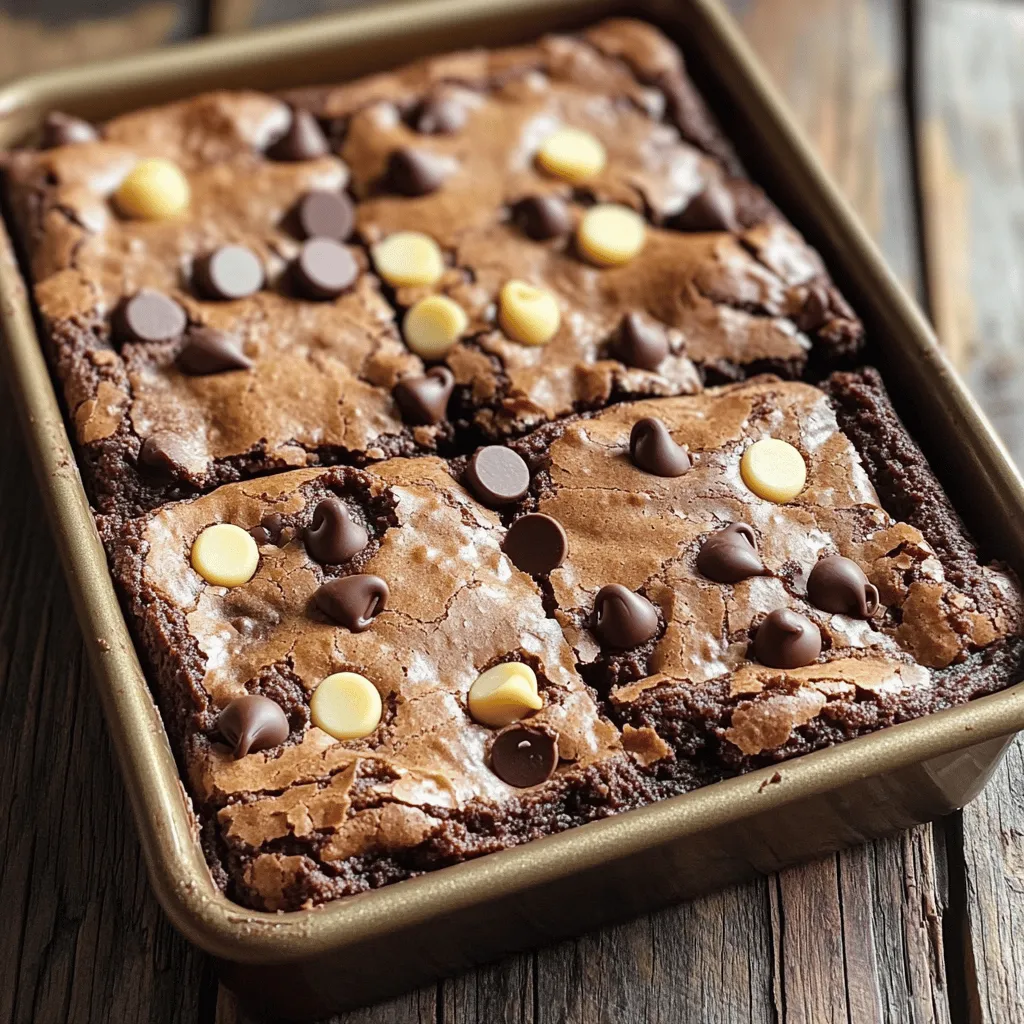 To make fudgy chewy brookies, gather these key ingredients: - 1 cup all-purpose flour - 1/2 cup unsweetened cocoa powder - 1/2 teaspoon baking soda - 1/4 teaspoon salt - 1/2 cup unsalted butter, melted - 1 cup packed brown sugar - 1/4 cup granulated sugar - 1 large egg - 1 teaspoon vanilla extract - 1/2 cup chocolate chips (semi-sweet or dark) - 1 cup all-purpose flour (for the cookie layer) - 1/2 teaspoon baking powder (for the cookie layer) - 1/4 teaspoon salt (for the cookie layer) - 1/2 cup unsalted butter, softened (for the cookie layer) - 1/2 cup granulated sugar (for the cookie layer) - 1/2 cup packed brown sugar (for the cookie layer) - 1 large egg (for the cookie layer) - 1 teaspoon vanilla extract (for the cookie layer) - 1 cup chocolate chips (milk or white for the cookie layer) You can tweak your brookies to your taste with these options: - Nuts (like chopped walnuts or pecans) - A pinch of espresso powder for richer flavor - Sea salt flakes on top for a sweet-salty kick - Different types of chocolate chips for a unique twist To make your brookies, gather these tools: - Mixing bowls (medium and large) - Measuring cups and spoons - Rubber spatula or wooden spoon - 9x9 inch baking pan - Parchment paper (for easy removal) - Oven mitts for safety - Cooling rack for cooling the brookies The full recipe includes all the steps to create these delightful treats. Happy baking! 1. Preheat your oven to 350°F (175°C). Grease a 9x9 inch baking pan or line it with parchment paper. 2. In a medium bowl, mix the flour, cocoa powder, baking soda, and salt. 3. In another bowl, stir the melted butter, brown sugar, and granulated sugar until smooth. 4. Add the egg and vanilla extract, mixing until well combined. 5. Gradually add the dry ingredients to the wet mix, stirring just until combined. Fold in the chocolate chips. Set aside. 1. In a separate bowl, combine the flour, baking powder, and salt. 2. In a large bowl, cream the softened butter with granulated and brown sugar until fluffy. 3. Add the egg and vanilla extract, mixing well until smooth. 4. Slowly add the dry ingredients to the butter mix, stirring until no flour streaks remain. Fold in the chocolate chips. 1. Spread the brownie batter evenly across the bottom of your prepared pan. 2. Drop spoonfuls of the cookie layer on top of the brownie layer. Spread it out gently, leaving some brownie visible. 3. Use a knife or spatula to gently swirl the two layers together for a marbled look. 1. Bake in the preheated oven for about 25-30 minutes. A toothpick should come out with a few moist crumbs. 2. Let the brookies cool in the pan for 10 minutes, then transfer them to a wire rack to cool completely. 3. Once cool, cut into squares. Each piece should have that perfect fudgy brownie and chewy cookie blend. For the full recipe, check out the ingredients and specific steps to make these delicious treats! To get that rich, fudgy texture, use melted butter. It helps create a dense, moist brownie layer. Make sure to mix the wet and dry ingredients just until combined. Overmixing can lead to a cakey texture. Adding a bit more cocoa powder can enhance the fudginess too. I often use high-quality chocolate chips for the best flavor. One common mistake is using cold butter. Always use melted butter for the brownie layer. Another mistake is forgetting to check your oven temperature. An oven thermometer can help ensure even baking. Also, avoid overbaking. If a toothpick comes out with some moist crumbs, it’s ready. The brookies will continue to cook while they cool. Accurate measurements are key for great brookies. Use a kitchen scale for precise weight, especially for flour and cocoa. For measuring flour, spoon it into your cup and level it off with a knife. Avoid scooping directly with the cup. This can pack the flour and lead to dry brookies. Always check your baking soda and powder for freshness too, as they affect rising. {{image_4}} To make gluten-free fudgy chewy brookies, swap out regular flour for gluten-free flour. Use a blend that includes xanthan gum. This helps mimic the texture of traditional flour. The taste remains rich and delicious. You can create a vegan version of brookies. Replace the butter with coconut oil or vegan butter. Use flax eggs instead of regular eggs. For each egg, mix one tablespoon of flaxseed with three tablespoons of water. Let it sit for five minutes before adding it to your mix. Feel free to add your favorite flavors to brookies. Here are a few ideas: - Nuts: Walnuts or pecans add a nice crunch. - Chocolate Types: Mix semi-sweet, dark, or white chocolate chips for variety. - Spices: A pinch of cinnamon or espresso powder can enhance the chocolate flavor. - Fruit: Chopped cherries or raspberries can add a fresh twist. Experiment with these ideas to make the brookies your own! You can find the full recipe to get started. To keep your leftover brookies fresh, place them in an airtight container. Lay parchment paper between layers to prevent sticking. Store them at room temperature for up to three days. If you want to keep them longer, consider freezing them. To freeze brookies, first cut them into squares. Wrap each piece in plastic wrap. Then place them in a freezer-safe bag or container. Label it with the date. Brookies can stay good for up to three months in the freezer. When you're ready to enjoy, just thaw them in the fridge overnight. To reheat brookies, preheat your oven to 350°F (175°C). Place brookies on a baking sheet. Heat for about 5-10 minutes until warm. This method brings back their fudgy texture. You can also use a microwave for quick reheating. Heat for 10-15 seconds, but watch closely to avoid drying them out. For the best taste, enjoy them warm with ice cream! Fudgy chewy brookies are a mix of brownies and cookies. They have rich brownie layers and soft cookie tops. The best part? You get two desserts in one bite! These treats offer a perfect balance of fudge and chewiness. The chocolate flavor is deep, and the texture is simply divine. Brookies stay fresh for about 3 to 5 days. Store them in an airtight container at room temperature. If you want them to last longer, keep them in the fridge. They can also freeze well for up to 3 months. Just thaw them at room temperature before serving. Yes, you can mix and match chocolate chips! Use semi-sweet, dark, or even white chocolate. Each type gives a unique twist to the flavor. You can also try adding nuts or caramel for more fun. Be creative and taste the joy of different flavors! The secret to a chewy cookie is the right balance of fat and sugar. Using brown sugar adds moisture and keeps the cookie soft. Also, don’t overmix the dough. Mix until just combined for the best chewy texture. Chilling the dough for a short time can also help. To prevent brookies from being cakey, avoid overbaking them. Bake just until a toothpick comes out with some moist crumbs. Also, use the right amount of sugar and fat in your mix. Follow the Full Recipe closely for success. Remember, fudgy and chewy is the goal! In this article, we explored how to make fudgy chewy brookies. We covered key ingredients, both required and optional, to customize your treat. You learned step-by-step instructions for preparing layers and tips for baking. Variations included gluten-free and vegan options. Remember, the right tools and methods make a big difference. By following these guides, you’ll create delicious brookies everyone will love. Enjoy your baking journey!