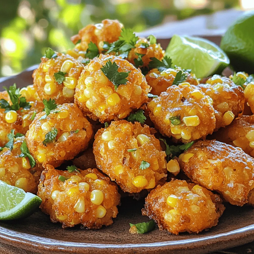 - 2 cups fresh corn kernels (husked and removed from about 4 ears of corn) - 1 jalapeño, finely chopped - 1/4 cup fresh cilantro, chopped - 1/2 cup all-purpose flour - 1 teaspoon ground cumin - 1 teaspoon baking powder - Salt and pepper to taste - 2 large eggs - 1/2 cup cotija cheese (or feta cheese as a substitute) - Olive oil for frying - Lime wedges for serving When I make Spicy Mexican Corn Bites, I love to use fresh ingredients. Fresh corn brings sweetness and crunch. I prefer to husk the corn myself, as it tastes better. The jalapeño adds a nice kick. You can adjust the heat by removing the seeds. Fresh cilantro adds brightness and flavor. For dry ingredients, all-purpose flour binds everything together. Ground cumin adds warmth, while baking powder helps the bites puff up. Don't forget to add salt and pepper to enhance the taste. Next, the additional ingredients elevate these bites. Eggs provide moisture and help hold them together. Cotija cheese adds a creamy, salty touch. If you can't find cotija, feta works well. Olive oil is essential for frying, giving the bites a crispy texture. Lastly, lime wedges are perfect for squeezing on top before eating. This mix of ingredients makes a tasty snack. You can find the full recipe to create these delightful bites. First, prepare the corn and jalapeño. Husk about four ears of corn and cut the kernels off. Finely chop one jalapeño, removing the seeds if you want less heat. In a bowl, mix the corn, jalapeño, and 1/4 cup of chopped cilantro. Next, whisk two large eggs in a separate bowl. Add 1/2 cup of all-purpose flour, 1 teaspoon of ground cumin, 1 teaspoon of baking powder, and salt and pepper to taste. Stir until the mixture is thick and smooth. Now, gently fold the corn mixture into the egg batter. Make sure everything is mixed well. If the batter feels too thick, add a splash of water. You want it to be similar to pancake batter. Heat a good amount of olive oil in a skillet over medium heat until it shimmers. Using a spoon, scoop heaping tablespoons of the corn mixture into the hot oil. Lightly flatten each scoop to form small patties. Fry them for about 3-4 minutes on each side. They should be golden brown and crispy. Once cooked, place them on a plate lined with paper towels to soak up extra oil. Serve these delicious corn bites warm with lime wedges for squeezing. Enjoy your flavorful snack! For the full recipe, check the details above. - Maintain the right oil temperature for frying. Heat your oil until it shimmers. This ensures a crisp texture. If the oil is too cool, the bites will absorb more oil and become soggy. - Ensure even distribution of ingredients in the batter. Mix everything gently, so each bite is full of flavor. This way, every corn bite has the perfect balance of spices and cheese. - Add additional spices or herbs for personal flair. Try smoked paprika or oregano to give a unique twist. You can customize the heat level by adding more jalapeño or a pinch of cayenne. - Serve with dipping sauces like cilantro lime or spicy mayo. These sauces enhance the flavor and add a zesty kick. Try mixing yogurt with lime juice and minced garlic for a refreshing dip. - Plate with lime wedges and extra cilantro for presentation. This brightens the dish and makes it more appealing. The fresh aroma of cilantro adds to the overall experience. - Ideal as appetizers or snack options for parties. These corn bites are easy to share and perfect for gatherings. They will impress your guests with their vibrant flavors and textures. For the full recipe, check the detailed instructions. {{image_4}} You can easily change some ingredients to fit your taste. For cheese, swap cotija with cheddar or Monterey Jack. These cheeses melt nicely and add great flavor. You can also switch herbs. Try using parsley or green onions instead of cilantro for a fresh twist. If you love heat, increase the jalapeño amount. You can also add diced peppers for more spice. Another option is to drizzle in some hot sauce while mixing. This will give your bites an extra kick that spicy food lovers will enjoy. Frying gives a crispy texture, but you can bake for a healthier option. Preheat your oven to 400°F. Arrange the corn bites on a baking sheet and bake for about 20 minutes, flipping halfway through. You can also try using an air fryer. This method can make your bites crispy with less oil. Just cook them at 375°F for about 12-15 minutes. For the full recipe, check the details mentioned earlier. Store leftovers in an airtight container in the fridge for up to 3 days. This keeps the flavors fresh and tasty. You can freeze uncooked patties for later use. This is great for meal prep. When ready to cook, just pull them out and reheat. For best results, reheat in the oven or air fryer for optimal texture. This method keeps them crispy. To reheat, use a skillet or oven. This method helps maintain crispiness. You want that perfect crunch when you bite in. Just heat until warm all the way through. Enjoy your tasty snacks again! Yes, you can use frozen corn. Just thaw and drain it before use. This saves time and keeps the flavor intact. To make these corn bites gluten-free, simply substitute all-purpose flour with a gluten-free blend. This works well without changing the taste. You can pair these bites with avocado dip, salsa, or a refreshing salad. They make a great snack or side dish. The total cooking time is approximately 30 minutes. This includes prep and frying time. Quick and easy! For the full recipe, check out the instructions above. This recipe highlights how to make delicious Spicy Mexican Corn Bites. You learned about the fresh and dry ingredients needed, along with tips for perfecting your dish. Additionally, we explored variations and storage options for your convenience. Try experimenting with different spices and cooking methods to find what you love. Enjoy these bites as appetizers, snacks, or even a meal! The choices are endless, so have fun with your cooking!