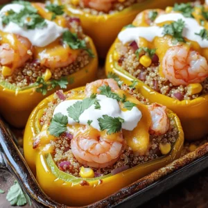 - 4 large bell peppers (any color) - 1 lb shrimp, peeled and deveined - 1 cup cooked quinoa - 1/2 cup corn (fresh or frozen) - 1/2 red onion, finely chopped - 2 cloves garlic, minced - 1 tablespoon sriracha (adjust based on spice preference) - 1 teaspoon smoked paprika - 1/2 teaspoon ground cumin - Salt and pepper to taste - 1 cup shredded cheese (cheddar or pepper jack) - 1/2 cup sour cream - 1 tablespoon fresh lime juice - Fresh cilantro, chopped (for garnish) When I create Firecracker Shrimp-Stuffed Peppers, I focus on fresh and vibrant ingredients. The bell peppers serve as a bright, crunchy vessel for the flavorful shrimp and quinoa filling. Using shrimp gives the dish a delightful seafood twist. I love adding corn and red onion for sweetness and texture. The garlic adds a punch of flavor that ties everything together. I use sriracha to add heat, but you can adjust this to fit your taste. Smoked paprika and ground cumin bring warmth and depth. I always season with salt and pepper to enhance the flavors. For the topping, shredded cheese melts beautifully over the peppers, creating a delicious layer. A drizzle of sour cream mixed with lime juice adds creaminess and tang. Finally, I garnish with fresh cilantro for a pop of color and freshness. For the full recipe, check out the detailed instructions on how to prepare this vibrant dish! - Preheat the Oven: Preheat to 375°F (190°C). - Cut and Clean: Prepare the bell peppers by cutting off tops, removing seeds and membranes. Start with fresh, colorful bell peppers. They add flavor and beauty to your dish. Set them upright in a baking dish. This keeps them stable while you stuff them. - Sauté Aromatics: Cook red onion and garlic for 3-4 minutes. - Cook the Shrimp: Add shrimp, sriracha, and seasonings, cooking until shrimp is pink. In a skillet, add a splash of oil. Sauté chopped red onion and minced garlic. This gives a great base flavor. After 3-4 minutes, add the shrimp. Watch them turn pink as they cook. Add sriracha and spices for that firecracker kick. - Mix Ingredients: Combine quinoa, corn, shrimp mixture, and fold in cheese. In a large bowl, mix cooked quinoa and corn with the shrimp blend. This combination is filling and tasty. Fold in half of the shredded cheese to add creaminess. - Fill the Peppers: Spoon filling into peppers and top with remaining cheese. - Bake: Cover with foil, bake for 25 minutes, then uncover, baking until cheese is bubbly. Now, carefully fill each pepper with your mixture. Press it down gently. This helps pack in the flavors. Top each one with the rest of the cheese. Bake the peppers covered for 25 minutes. Then, uncover them and bake until the cheese is golden. - Mix Topping: Combine sour cream and lime juice in a bowl until smooth. While the peppers bake, whisk sour cream and lime juice in a bowl. This drizzle adds a creamy touch to your dish. - Final Touch: Drizzle creamy topping over baked peppers and garnish with cilantro. Once your peppers are baked, remove them from the oven. Drizzle the creamy sauce over each one. Finish with fresh cilantro for a bright touch. For the full recipe, check out the details above. Enjoy this fun and flavorful dish! - Adjusting Spiciness: To change the heat, use less sriracha. Start with one teaspoon. Taste the filling. If you want more spice, add more sriracha slowly. You can also try adding diced jalapeños for extra heat. - Seasoning Depth: Add more flavor with spices. Consider using chili powder, garlic powder, or oregano. Fresh herbs like basil or parsley can also brighten the dish. Feel free to experiment to find your best mix. - Shrimp Cooking Tips: Cook shrimp until they turn pink and firm. This usually takes about 4-5 minutes. Don't overcrowd the pan, or they will steam instead of sear. - Alternative Cooking Methods: You can grill or air fry the stuffed peppers. For grilling, wrap them in foil and grill until tender. For air frying, set the temperature to 375°F and cook for about 15-20 minutes. - Plating Suggestions: Serve the stuffed peppers on a colorful plate. Arrange them neatly for a beautiful look. You can place lime wedges beside them for extra color. - Garnishing Tips: Add fresh cilantro on top for a pop of green. You can also sprinkle some extra cheese or a bit of paprika for a nice touch. This will make your dish look even more inviting. {{image_4}} You can swap shrimp for other proteins in this dish. Chicken works well; just chop it small and cook it until tender. Tofu is a great choice for a vegetarian version. Use firm tofu, press it to remove moisture, and cube it. Sauté it until golden for a nice texture. If you want a vegetarian dish, try beans or lentils. Black beans add a rich flavor, while lentils give protein and fiber. Both will keep the filling hearty and satisfying. The cheese you choose can change the whole dish. Cheddar melts well and gives a strong flavor. Pepper jack adds a kick with its spice. Try mozzarella for a creamy texture or feta for a tangy twist. For heat lovers, you can change up the spicy elements. Use different chili sauces, like chipotle or harissa, for new flavors. Fresh peppers, like jalapeños or serranos, can also add fresh heat. Just adjust the amount to match your spice level. Quinoa is a great base, but you can use other grains too. Brown rice offers a nutty flavor, while couscous cooks quickly and is light. Each grain brings a different texture, so choose what you prefer. If you need a gluten-free option, quinoa and rice both work. Make sure to check labels on couscous if you choose that route. This way, you can enjoy the dish without any gluten concerns. For the full recipe, check out the detailed instructions above. To keep your Firecracker Shrimp-Stuffed Peppers fresh, store them in an airtight container. This helps lock in moisture and flavor. Place the container in the fridge. Use the leftovers within 3 days for the best taste. When reheating, you can use the oven or microwave. If using the oven, bake at 350°F (175°C) for about 10-15 minutes. This keeps the peppers warm and the cheese melty. If using a microwave, heat them on a microwave-safe plate. Start with one minute, then check if they are hot enough. You can freeze these stuffed peppers before or after baking. If you freeze them before baking, wrap them tightly in plastic wrap. Place them in a freezer-safe bag or container. This method keeps them fresh for up to three months. If you freeze them after baking, let them cool completely first. Wrap each pepper in plastic wrap and then place them in a freezer-safe bag. To thaw, move the peppers to the fridge overnight. This helps keep the texture nice. In the fridge, these peppers last about 3 days. After that, they may lose flavor and texture. If you freeze them, they are best used within three months. After that, they may still be safe to eat but may not taste as good. For the best quality, enjoy them sooner rather than later. For the full recipe, check the earlier sections. Making Firecracker Shrimp-Stuffed Peppers takes about 20 minutes to prep. You’ll spend another 35-45 minutes cooking them. So, in total, you need around 1 hour to make this dish. The time is well worth it for a tasty meal. Yes, you can prep the filling a day ahead. Store it in the fridge in an airtight container. You can also stuff the peppers and keep them in the fridge overnight. Just bake them when you’re ready to eat. This makes meal time easy. These stuffed peppers pair well with a fresh salad or rice. You can also serve them with guacamole or tortilla chips. For a fun twist, try a side of black beans or corn salsa. These sides will round out your meal nicely. Absolutely! You can make a batch at once for the week. Store individual servings in airtight containers. This makes it easy to grab a meal on busy days. Just reheat in the oven or microwave, and you’re set. Yes! If you love heat, add more sriracha. You can also mix in diced jalapeños or use spicy cheese. For a kick, try adding crushed red pepper flakes to the filling. This way, you can customize the heat to your taste. These Firecracker Shrimp-Stuffed Peppers are easy to make and packed with flavor. We covered key ingredients, steps, and tips to make this dish a hit. Consider variations to suit your taste and dietary needs. Store leftovers properly for later enjoyment. This recipe is great for weeknight dinners or meal prep. Enjoy a delicious meal that can wow your family and friends. Give it a try and savor the rich flavors in every bite!