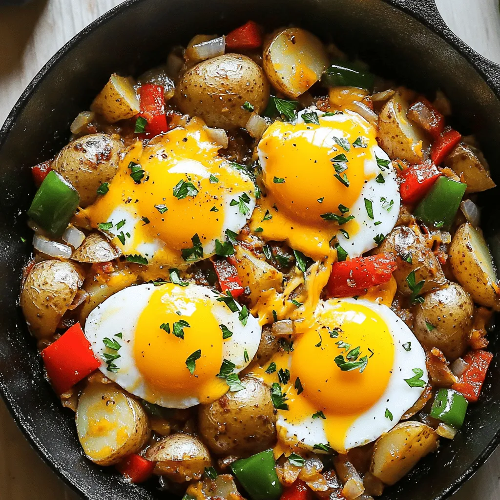 To make a tasty loaded breakfast hash, you need a few key ingredients. Here’s what you’ll need: - 2 large russet potatoes, diced into ½-inch cubes - 1 red bell pepper, deseeded and diced - 1 green bell pepper, deseeded and diced - 1 small onion, finely chopped - 2 cloves garlic, minced - 4 large eggs - ½ cup shredded sharp cheddar cheese - ½ cup cooked and crumbled breakfast sausage (or a plant-based alternative for a vegetarian option) - 1 tablespoon extra-virgin olive oil - 1 teaspoon smoked paprika - Sea salt and freshly cracked black pepper to taste - Fresh parsley, chopped (for garnish) These ingredients blend together to create a warm and hearty dish that wakes up your taste buds. You can personalize your loaded breakfast hash in many ways. Here are some options: - Add diced mushrooms for an earthy flavor. - Include spinach or kale for a healthy boost. - Use sweet potatoes instead of russet for a sweeter taste. - Toss in some jalapeños for a spicy kick. - Substitute the sausage with bacon or turkey for a different protein. Feel free to mix and match according to what you love! Loaded breakfast hash not only tastes great, but it also packs nutrition. Here’s a quick breakdown: - Calories: About 350 per serving - Protein: 20 grams - Carbohydrates: 30 grams - Fat: 18 grams (mainly from eggs and cheese) - Fiber: 4 grams This meal gives you energy for your day, making it a great choice for breakfast. You can find the full recipe in the article to start your cooking adventure! Start by gathering all your ingredients. You need: - 2 large russet potatoes, diced into ½-inch cubes - 1 red bell pepper, deseeded and diced - 1 green bell pepper, deseeded and diced - 1 small onion, finely chopped - 2 cloves garlic, minced - 4 large eggs - ½ cup shredded sharp cheddar cheese - ½ cup cooked and crumbled breakfast sausage - 1 tablespoon extra-virgin olive oil - 1 teaspoon smoked paprika - Sea salt and freshly cracked black pepper - Fresh parsley, chopped Wash and dice the potatoes and peppers. Chop the onion and mince the garlic. This prep helps everything cook evenly. Preheat your oven to 400°F (200°C). Heat olive oil in a large, oven-safe skillet over medium heat. Add the diced potatoes. Season them well with sea salt, black pepper, and smoked paprika. Sauté those for about 10 minutes until golden brown and tender. Next, stir in the chopped onion and minced garlic. Cook for another 3-4 minutes until the onions turn translucent. Then add the diced bell peppers, stirring for about 5 minutes until they soften. Fold in the crumbled breakfast sausage and let it warm for a minute. This step combines all the flavors nicely. Create four small wells in the mixture and crack an egg into each well. Sprinkle the shredded cheddar cheese over the hash and eggs. If your skillet is oven-safe, transfer it to the preheated oven. Bake for 8-10 minutes until the egg whites set but the yolks remain runny. If your skillet isn’t oven-safe, move the hash to a baking dish and bake it the same way. After baking, let it cool for a minute. Garnish with fresh parsley, and your loaded breakfast hash is ready to serve! For a fun twist, serve it straight from the skillet. Check out the Full Recipe for more details. To get the best eggs in your Loaded Breakfast Hash, keep a few tips in mind. First, crack the eggs carefully into the wells you made in the hash. This helps keep the yolk whole. Next, cover your skillet with a lid while it bakes. This traps steam and helps cook the eggs evenly. You can check the eggs after about 8 minutes. The whites should be set and the yolks slightly runny for a creamy texture. If you like firmer yolks, bake for a few more minutes. To boost flavor in your hash, start by seasoning each layer. When cooking the potatoes, sprinkle in sea salt and smoked paprika. This adds depth to the dish. Also, cook the onions and garlic until fragrant. This step draws out their natural sweetness. Finally, don’t forget to fold in the breakfast sausage early. This allows its savory flavor to blend throughout the hash. A touch of fresh parsley at the end brightens the dish visually and in taste. Serve your Loaded Breakfast Hash straight from the skillet. This gives a cozy and rustic vibe. You can pair it with crusty bread or warm tortillas for a hearty meal. For a pop of freshness, add slices of avocado or a dollop of sour cream. If you like spice, try drizzling hot sauce over the top. This adds heat and extra flavor. For drinks, a fresh orange juice or a smooth coffee complements the meal perfectly. {{image_4}} You can easily make this dish vegetarian or vegan. Swap the breakfast sausage for a plant-based option. Use mushrooms, tempeh, or lentils for added protein. For a vegan approach, replace the eggs with tofu or chickpea flour scrambled into small pieces. This keeps the dish hearty while being meat-free. Feel free to mix and match ingredients. Try using sweet potatoes instead of russet potatoes for a sweeter taste. Different cheeses can change the flavor too. Use pepper jack for a spicy kick or feta for a tangy twist. You can also add kale or spinach for a healthy boost. Want some heat? Add jalapeños or red pepper flakes to the mix. If you love sweet flavors, toss in some diced apples or cooked sweet corn. These additions create a fun balance of tastes. You can even drizzle some hot sauce or maple syrup on top for extra flavor. For more details, check out the Full Recipe. After you enjoy your loaded breakfast hash, store any leftovers in an airtight container. Let the hash cool down first. This helps keep the flavors fresh. Place the container in the fridge. It stays good for about 3 days. To keep things neat, separate the eggs if you can. This helps prevent them from becoming overcooked. To reheat your breakfast hash, use a skillet over medium heat. Add a splash of water or broth to keep it moist. Stir it often until hot. You can also use the microwave. Place it in a bowl, cover it, and heat for about 1-2 minutes. Check if it's warm enough, and stir halfway through. If you want to save your hash for later, freezing is a great option! Cool the dish completely, then place it in a freezer-safe container. Use a sealable bag for less space. It can last for up to 3 months in the freezer. When you're ready to eat, thaw it in the fridge overnight. Reheat it as mentioned above for a tasty meal. You can use several tasty options instead of breakfast sausage. Ground turkey or chicken works well. You can also try plant-based sausage for a meat-free choice. Bacon or ham adds great flavor too. For a quick fix, use crumbled tofu with spices for a vegan option. Just ensure your substitute has enough seasoning so your hash stays full of flavor. Yes, you can prepare the loaded breakfast hash ahead of time. Cook the potatoes and veggies, then store them in the fridge. When ready to eat, add the eggs and cheese, and bake them fresh. This method keeps your hash delicious and saves time in the morning. Just make sure to reheat the mixture before adding eggs to ensure even cooking. Cooking time can change based on your pan type. If you use a cast-iron skillet, the heat spreads evenly, so your hash cooks well. If you use a nonstick pan, it may cook faster. Always check the potatoes for tenderness. If you use a larger pan, your hash may cook quicker. Adjust the time, keeping an eye on your dish. Loaded breakfast hash is versatile and easy to make. We covered main ingredients, optional additions, and nutritional facts. The step-by-step instructions help you cook it perfectly every time. Plus, I shared tips for eggs and flavor, with fun variations for everyone’s taste. Storage tips are key for enjoying leftovers later. Remember, you can always mix things up based on what you like. Enjoy your delicious, customized breakfast hash and make it your own!