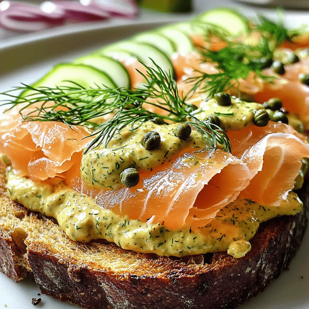 - Crusty bread (sourdough or rye) - Smoked salmon - Cream cheese - Dill pickle mustard - Capers - Fresh dill sprigs - Optional toppings (red onion, cucumber) To make the savory salmon tartine, start with great ingredients. You need crusty bread; sourdough or rye works best. The bread should be thick enough to hold the toppings. Next, use smoked salmon. Choose high-quality salmon for a rich taste. It adds a soft, smoky flavor that pairs well with the other ingredients. Cream cheese is also key. It gives the tartine a creamy base. Choose room temperature cream cheese for easy spreading. Dill pickle mustard adds a unique twist. Its tangy taste brings brightness to the dish. You can buy it or make your own. For garnishes, capers add a salty kick. They give pops of flavor with each bite. Fresh dill sprigs not only look nice but also enhance the dill flavor. You can add optional toppings like thinly sliced red onion or cucumber. These add crunch and freshness. Each element works together to create a delightful meal. Check out the Full Recipe for more details on how to assemble your tartine. Enjoy your cooking! Toasting your bread right is key. I suggest using sourdough or rye for the best taste. Set your toaster to a medium setting. Toast the bread until it's golden brown. This gives a nice crunch. You can also grill the bread for a smokier flavor. Just keep an eye on it so it doesn't burn. Now, let’s make the cream cheese mix. In a small bowl, combine 2 tablespoons of softened cream cheese with 1 tablespoon of dill pickle mustard. Use a fork to mash them together. Stir until it's smooth and creamy. The mustard adds a nice tang that lifts the cream cheese. Grab your toasted slices of bread. Spread the cream cheese mixture generously on each slice. Make sure to cover the edges. This ensures every bite is packed with flavor. Next, take 4 ounces of smoked salmon. Layer it on top of the cream cheese. Overlap the slices for a pretty look. Now, sprinkle 1 tablespoon of rinsed capers over the salmon. They add a salty burst that brightens the dish. If you like, add thin slices of red onion or cucumber for crunch. Finish with fresh dill sprigs and a few cracks of black pepper. This adds a lovely aroma and flavor. Cut the tartine in half for easy serving. Enjoy this tasty meal right away! For a great tartine, pick the right bread. The best choices are: - Sourdough: This bread has a lovely crust and tangy flavor. - Rye: It adds a rich taste that pairs well with salmon. Both types give a solid base for your toppings. To boost flavor and texture: - Toast the bread: This step adds crunch. A crispy base makes each bite fun. - Mix cream cheese and mustard well: This blends flavors and keeps things smooth. - Use fresh herbs: They brighten the tartine and add color. Dill is a favorite here. Feel free to experiment with textures. Adding sliced cucumbers or onions gives extra crunch. Present your tartine like a pro: - Cut it in half: This makes it easier to eat and looks nice. - Pair with a salad: A light green salad balances the dish. - Serve with lemon wedges: A squeeze of lemon adds freshness. These touches make your meal feel special. Enjoy the savory salmon tartine with dill pickle mustard delight! {{image_4}} You can easily switch some ingredients in this recipe. If you want a dairy-free option, use a plant-based cream cheese. Many brands make great ones that taste creamy and rich. For a different flavor, try using herbed goat cheese. It gives a nice tang. If you're not a fan of smoked salmon, you can use canned tuna or even grilled chicken. Both options add protein and flavor. You can also try a plant-based smoked salmon made from carrots or eggplant for a vegan twist. Adding unique toppings can change the whole taste of your tartine. Instead of capers, try using pickled red onions. They add a sweet and tangy crunch. You can also add sliced radishes for a peppery bite. For extra freshness, consider avocado slices or arugula. They add nice greens that balance the richness of the cream cheese. A sprinkle of everything bagel seasoning can add a fun twist too. If you need a gluten-free option, use gluten-free bread. Many brands offer tasty choices that can hold up well. For a low-carb choice, try using cucumber slices or zucchini rounds instead of bread. They make a refreshing base. For dairy-free options, use non-dairy cream cheese. You can also skip the cream cheese and just use dill pickle mustard on the bread. This keeps the tartine flavorful and light. These swaps and tips allow you to customize your salmon tartine to fit your tastes and needs. For the full recipe, check out the Salmon Tartine with Dill Pickle Mustard. To keep your salmon tartine fresh, store any leftovers in the fridge. Place the tartines in an airtight container. This helps prevent them from drying out. If you can't eat them right away, keep the components separate. Store the bread, salmon, and toppings in different containers. This way, you maintain the bread's crispiness and the toppings' freshness. If you need to reheat your tartines, do it carefully. To keep the bread crispy, use an oven or toaster oven. Preheat the oven to 350°F (175°C). Place the tartines on a baking sheet and heat them for about 5-7 minutes. This method helps to warm the salmon without making the bread soggy. Avoid the microwave, as it softens the bread. Your salmon tartine will stay good for up to two days in the fridge. Make sure the container is sealed well. The cream cheese and salmon can spoil quickly, so check for any off smells or colors. If you see any changes, it's best to throw it away. Enjoy your salmon tartine fresh for the best taste! For the full recipe, refer back to the main section. A tartine is an open-faced sandwich. It comes from France. The word "tartine" means "slice of bread" in French. Tartines often feature a spread on top, like cheese or pâté, and can include various toppings. This dish is perfect for showcasing great ingredients, like the smoked salmon and dill pickle mustard in this recipe. Yes, you can make dill pickle mustard at home! Mix these simple ingredients: - 1/2 cup yellow mustard - 1/4 cup finely chopped dill pickles - 1 tablespoon dill pickle juice - 1 teaspoon honey (optional for sweetness) Just stir all the ingredients together in a bowl. Let it sit in the fridge for at least 30 minutes. This will help the flavors blend well. You can serve Salmon Tartine with many tasty sides. Here are a few ideas: - A light green salad with lemon vinaigrette - Crispy potato chips for crunch - Fresh fruit like sliced apples or grapes - A glass of chilled white wine or sparkling water These sides will balance the rich flavors of the tartine. To make this recipe gluten-free, choose gluten-free bread. Many brands offer great options that taste delicious. Make sure to check labels for certifications. You can also use lettuce leaves instead of bread for a lighter version. This keeps the dish fresh and gluten-free. To make a delicious tartine, we cover key steps and ingredients. We learned about crusty bread, smoked salmon, and the creamy mix of cream cheese with dill pickle mustard. Adding toppings like capers and fresh dill sprigs brings extra flavor. I shared tips for perfecting your tartine and ways to swap ingredients or adjust for diets, too. Enjoy these tasty creations as a treat or meal. Get creative and make it yours!