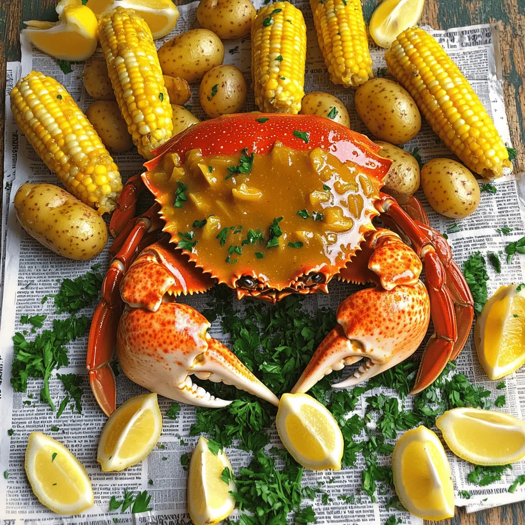 For this dish, you need fresh crabs. I suggest using 2 lbs of cleaned and halved crabs. Fresh crabs give your meal the best taste and texture. Look for ones that feel heavy for their size. They should smell like the ocean, not fishy. Seasoning makes this dish shine. Here’s what you need: - 6 cloves garlic, minced - 1/2 cup unsalted butter - 1/4 cup honey - 2 tablespoons fresh lemon juice - 2 tablespoons Old Bay seasoning - Salt and pepper to taste The garlic and honey create a sweet and savory sauce. The lemon juice adds brightness. Old Bay seasoning brings that classic seafood flavor. Your crab boil needs some veggies too! Include: - 4 ears of corn, cut in half - 1 lb baby potatoes, halved - 1 tablespoon fresh parsley, finely chopped (for garnish) - Lemon wedges (for serving) The corn and potatoes soak up the flavor well. The parsley adds a fresh touch. Lemon wedges are perfect for squeezing on top, giving that extra zing. This simple list makes the Garlic Honey Butter Crab Boil easy and fun to prepare. You can find the full recipe in the earlier sections for detailed steps. Start by filling a large pot with water. Add a good amount of salt to it. Bring the water to a rolling boil over high heat. Carefully drop in the halved baby potatoes. Cook them for about 10 minutes. You want them to soften but not fall apart. After that, add the corn halves to your pot. Boil both the potatoes and corn for another 5 minutes. The corn should be tender but still crisp. While your potatoes and corn cook, it’s time to whip up the garlic honey butter. Grab a small saucepan and set it on low heat. Add the unsalted butter and let it melt completely. Once it’s all melted, toss in the minced garlic. Stir it around for 1 to 2 minutes. You want to let the garlic become fragrant but avoid browning it. Next, mix in the honey, fresh lemon juice, and Old Bay seasoning. Season with salt and pepper to taste. Stir this all together until it’s well combined. After the corn is tender, gently add the cleaned and halved crabs to the pot. Pour the garlic honey butter mixture over everything. Make sure the crab, potatoes, and corn are well-coated in that flavorful sauce. Cover the pot with a lid and let it simmer for 5 to 7 minutes. This step cooks the crab and infuses it with all the rich flavors. When the time is up, carefully drain the pot using a colander. You can save some broth at the bottom for dipping if you like. Finally, serve everything on a big platter or on a sheet of newspaper. Don’t forget to garnish with fresh parsley and add lemon wedges on the side for that extra kick. Enjoy this dish with friends for a memorable meal! For the full recipe, check out the full recipe section. When selecting crabs, look for ones that feel heavy for their size. Fresh crabs should have a clean ocean smell. Check for tight shells and avoid any with cracks. If you can, ask for live crabs; they have the best flavor. To boost the taste of your garlic honey butter crab boil, add a splash of hot sauce. You can also sprinkle in some fresh herbs like thyme or dill. A squeeze of additional lemon juice right before serving adds a fresh touch. For a richer flavor, try using brown butter instead of regular butter. Serve your crab boil on a large platter for a fun, shareable meal. You can also spread it out on newspaper for a casual vibe. Include lemon wedges and dipping sauce on the side. Pair with crusty bread or rice to soak up the delicious sauce. For drinks, chilled white wine or lemonade works great. For the full recipe, check out Garlic Honey Butter Crab Boil. {{image_4}} You can swap the crabs for shrimp or crawfish. This gives you a new taste. If you want a spicier kick, add some diced jalapeños. You can also replace fresh garlic with garlic powder. Just use 1 teaspoon of garlic powder for each clove. If you prefer a sweeter sauce, use maple syrup instead of honey. Each change will give your dish a unique spin. For a seafood party, add clams or mussels to the boil. These cook quickly and add a nice touch. Simply add them when you add the crabs. If you want even more variety, include scallops or lobster tails. Just remember to adjust your cooking time based on the seafood you choose. This variation will impress your guests and make the feast even more exciting. You can make a vegetarian version of this boil. Use artichoke hearts or mushrooms as the star ingredient. Add in more veggies like bell peppers and zucchini. You can also use vegetable broth instead of water for boiling. This will enhance the flavor. Top with the garlic honey butter for a rich taste. Everyone will enjoy this fresh and vibrant option. For the full recipe, check out the Garlic Honey Butter Crab Boil . To store any leftovers, place the crab boil in an airtight container. Make sure to cool the dish first. This helps keep the flavors intact. You can store it in the fridge for up to three days. If you see any leftover garlic honey butter, pour it over the crabs for extra flavor. When you’re ready to enjoy the leftovers, you can reheat them easily. Place the crab boil in a pot over low heat. Add a splash of water or broth to keep it moist. Stir often until it’s hot. You can also use the microwave. Heat it in short bursts, stirring in between. This keeps the crab tender and tasty. If you want to save some for later, freezing is a great option. Put the cooled crab boil in a freezer-safe container. Make sure to leave some space for expansion. You can freeze it for up to two months. When you’re ready to eat, thaw it in the fridge overnight. Reheat it as mentioned above, and enjoy your garlic honey butter crab boil again! For the full recipe, check out the Garlic Honey Butter Crab Boil. Cooking crab takes about 5 to 7 minutes after adding it to boiling water. You want to see the shells turn a bright orange color. This shows they are done. Timing is key to keep the crabs tender and juicy. Yes, you can use frozen crabs. Just make sure to thaw them first. Place them in the fridge overnight. This helps them cook evenly. Frozen crabs may take a minute or two longer to cook. Always check their color to ensure they are ready. You can serve garlic honey butter crab boil with several sides. Here are some great options: - Coleslaw for crunch - Garlic bread for dipping - A fresh green salad for balance - Rice or quinoa to soak up the sauce These choices will make your meal more complete and enjoyable. For the full recipe, check out the Garlic Honey Butter Crab Boil. This blog post covered everything you need for a delicious crab boil. We explored fresh crabs, tasty seasonings, and colorful vegetables. I provided easy steps to prepare your meal and tips to enhance flavors. You learned about different variations, storage, and common questions. Cooking can be fun and simple. With these ideas, you can make a great dish anyone will enjoy. Dive in, experiment, and savor your crab boil experience!