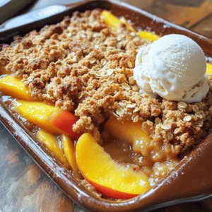 For a tasty peach crisp, you need: - 4 ripe peaches, sliced into wedges - 1 tablespoon fresh lemon juice - 1/2 cup granulated sugar, divided Fresh peaches bring sweetness and flavor. Choose peaches that are firm yet slightly soft. The lemon juice brightens the taste and helps prevent browning. For the crumb topping, gather: - 1 cup rolled oats - 1/2 cup all-purpose flour - 1/2 teaspoon ground cinnamon - 1/4 teaspoon salt - 1/2 cup cold unsalted butter, cut into small cubes - 1/4 cup packed brown sugar The oats give texture. Flour helps bind the mixture. Cinnamon adds warmth. Butter makes the topping rich and flaky. To make your peach crisp even better, consider: - Vanilla ice cream (for serving) Ice cream adds creaminess and contrasts with the warm crisp. It’s a classic pairing that makes this dessert special. Check out the Full Recipe for all the steps to make this delightful treat! Start by washing the peaches well. Use four ripe peaches and slice them into wedges. The wedges should be about 1/2 inch thick. Next, place the peach slices in a large bowl. Add one tablespoon of fresh lemon juice to the peaches. This juice helps keep the peaches bright and tasty. Now, sprinkle 1/4 cup of granulated sugar over the peaches. Gently toss everything together. Let the peaches sit for about 15 minutes. This step helps the peaches release their juices. While the peaches sit, grab another bowl. In this bowl, mix together one cup of rolled oats, 1/4 cup of granulated sugar, 1/2 cup of all-purpose flour, 1/2 teaspoon of ground cinnamon, and 1/4 teaspoon of salt. Stir these dry ingredients well. Next, add 1/2 cup of cold unsalted butter. Cut the butter into small cubes first. Use your fingers or a pastry cutter to combine the butter with the dry mix. You want it to look like coarse crumbs. This mixture is what makes the crisp topping. Now, take an 8x8-inch baking dish. Spread the peach mixture evenly along the bottom. Let those sweet juices soak into the dish. Next, dollop the crumbly oat mixture over the peaches. Try to cover all the peaches well. This creates that nice, crunchy layer. Finally, sprinkle 1/4 cup of packed brown sugar over the top. This adds sweetness and a golden color while baking. Place the dish in your preheated oven at 350°F (175°C) and bake for 30 to 35 minutes. Look for a golden-brown topping and bubbling juices. When it’s done, let the crisp cool a bit before serving. You can find the Full Recipe for more details! To get that nice crisp, use cold butter. Cut it into small cubes. Mix it well with oats and flour. The mix should feel crumbly, not wet. This texture helps it bake nicely. You want it to be golden brown on top. If it looks too dry, add a bit more butter. An 8x8-inch baking dish works great for this recipe. It lets the peaches cook evenly. You can also use a 9-inch round dish if needed. Just keep an eye on the time. A larger dish may need a bit more baking time. Serve warm right from the oven. It tastes best with a scoop of vanilla ice cream. The creaminess pairs well with the sweet peaches. You can also add a sprinkle of cinnamon or nuts for extra flavor. Enjoy this dessert with friends or family for a cozy treat! {{image_4}} I love to add nuts or seeds for extra crunch. Chopped walnuts or pecans work great. You can use about 1/2 cup for a nice texture. You can also add sunflower seeds or pumpkin seeds if you want a nut-free option. Just mix them into the crumb topping. They add flavor and a healthy twist! Peach crisp is tasty, but you can change the fruits too! Try using ripe apples, juicy pears, or sweet berries. Each fruit adds its own flavor. For mixed fruit crisp, use two or three types. Just keep the same amount to ensure it bakes well. The juices will mix together, making a delightful treat. If you need a gluten-free version, it’s easy! Swap the all-purpose flour for gluten-free flour. You can also use oats labeled as gluten-free. This way, everyone can enjoy this sweet dessert. Follow the same steps, and you will still get that crispy topping. It’s a great way to cater to different diets while keeping the taste amazing! For the full recipe, check out the Peachy Oat Delight Crisp! After making your peach crisp, let it cool completely. Then, cover it tightly with plastic wrap or foil. It can stay in the fridge for up to four days. This keeps the topping crisp for a short time. If you plan to eat it later, store it properly. You can freeze peach crisp, but it’s best if you do it before baking. Wrap the unbaked crisp tightly in plastic wrap, then place it in a freezer bag. It can stay frozen for three months. When you're ready, bake it straight from the freezer. Just add a few extra minutes to the baking time. To reheat leftover peach crisp, use the oven. Preheat it to 350°F (175°C). Place the crisp in an oven-safe dish and cover it with foil to keep it moist. Heat for about 15 minutes or until warm. If you like the topping crunchy, remove the foil for the last five minutes. Enjoy your peachy treat again! To check if peaches are ripe, look for a deep yellow or orange color. Ripe peaches feel soft but not mushy when you press them gently. The sweet aroma is also a good sign of ripeness. Avoid peaches that are too firm or have green patches. These signs tell you they are not ready to eat. Yes, you can make this peach crisp ahead of time. Prepare the peach mixture and crumb topping separately. Store them in the fridge for up to a day. When ready, layer them in your baking dish and bake. This way, you can save time and still enjoy fresh peach crisp! You can use honey or maple syrup instead of granulated sugar. If you want a sugar-free option, try using stevia or monk fruit sweetener. It’s best to adjust the amount since these sweeteners can be sweeter than sugar. Enjoy experimenting with different flavors! In this blog post, we covered the key steps to creating a delicious peach crisp. We talked about the fresh and dry ingredients needed and suggested tasty toppings. You learned how to prep peaches, make a crumb topping, and bake it perfectly. I shared tips for texture, dish sizes, and serving ideas. We explored fun variations and provided storage tips. To enjoy your peach crisp even more, experiment with flavors and share it with friends. Happy baking!