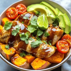 - 2 boneless, skinless chicken breasts - 1 cup BBQ sauce - 2 medium sweet potatoes - 1 ripe avocado - 1 cup cherry tomatoes - 2 tablespoons olive oil - 1 teaspoon smoked paprika - 1/2 teaspoon garlic powder - 1/2 teaspoon ground cumin - Salt and pepper to taste - 1/4 cup fresh cilantro - 2 tablespoons fresh lime juice When I make BBQ Chicken & Roasted Sweet Potato Bowls, I focus on fresh, quality ingredients. The chicken is lean and juicy, perfect for soaking up BBQ sauce. I like to pick a sauce that I enjoy, whether it's tangy or smoky. Sweet potatoes offer a natural sweetness and a lovely texture. They add color and nutrition to the dish. I peel and cut them into cubes for even roasting. Avocado adds creaminess, balancing the flavors. Cherry tomatoes bring a pop of freshness and acidity, making the bowl bright and lively. I always use olive oil for roasting. It helps to crisp the sweet potatoes and enhances their flavor. The seasonings, like smoked paprika and garlic powder, give depth to the chicken and potatoes. Finally, cilantro and lime juice add a burst of freshness. The cilantro brings a herbal note, and the lime adds a zing that ties everything together. This recipe, with its bright and rich flavors, is a joy to prepare and eat. You can find the complete steps in the Full Recipe. 1. Preheat your oven to 425°F (220°C). This helps to roast them perfectly. 2. In a large bowl, mix the sweet potato cubes with: - 2 tablespoons olive oil - 1 teaspoon smoked paprika - 1/2 teaspoon garlic powder - 1/2 teaspoon ground cumin - Salt and pepper, to taste 3. Toss the sweet potatoes until they are well-coated with the oil and spices. 4. Spread the sweet potatoes evenly on a lined baking sheet. Roast for 25-30 minutes. Flip them halfway through to ensure even cooking. 1. Heat your grill or skillet over medium-high heat. This will help to get a good sear. 2. Cook the chicken breasts for about 6-7 minutes on each side. Ensure they reach an internal temperature of 165°F (75°C). 3. In the last two minutes, brush each chicken breast with 1/2 cup of BBQ sauce. This gives it a nice glaze. 1. Start layering your bowls with the roasted sweet potatoes. 2. Top with sliced BBQ chicken, then add avocado slices and halved cherry tomatoes. 3. For presentation, arrange the ingredients in colorful layers. Serve with lime wedges for a zesty touch. 4. Drizzle extra BBQ sauce over the top and sprinkle with fresh cilantro. This recipe makes for a wholesome meal that is as beautiful as it is tasty. For the full recipe, refer to the initial sections. - Best practices for grilling chicken: Start with room temperature chicken. This helps it cook evenly. Use a meat thermometer to check for 165°F. Flip the chicken only once for nice grill marks. - Ensuring perfectly roasted sweet potatoes: Cut sweet potatoes into even cubes. This helps them cook at the same rate. Toss them in olive oil and spices well. Roast until they are soft and golden. - Tips for using BBQ sauce: Brush on BBQ sauce in the last few minutes of grilling. This prevents burning. Use a good amount to create a rich flavor. Try different sauces for new tastes. - Pairing with other sides: Serve with a fresh salad or coleslaw. These add crunch and balance. You can also add corn on the cob for sweetness. - Recommended beverages: Pair with iced tea or lemonade. Both are refreshing choices. For adults, a light beer works well too. - Health benefits of ingredients: Chicken is a great source of protein. Sweet potatoes provide fiber and vitamins. Avocados add healthy fats and nutrients. - Caloric breakdown per serving: Each bowl contains about 450 calories. This includes chicken, sweet potatoes, and toppings. Adjust portions based on your dietary needs. For the complete recipe, check out the Full Recipe. Enjoy your BBQ Chicken & Roasted Sweet Potato Bowls! {{image_4}} You can switch chicken for tofu or shrimp. Tofu takes on flavors well and is great for a plant-based meal. Shrimp cooks quickly and adds a nice texture. If you prefer chicken, use different cuts. Thighs are juicier than breasts and offer a rich taste. BBQ sauce comes in many flavors. You can try spicy, sweet, or smoky options. Mixing sauces can create a unique taste. Don’t forget to add or swap vegetables. Grilled bell peppers or zucchini can bring new textures. Experiment with your favorites to keep it fresh. For gluten-free options, check the BBQ sauce label. Many brands offer gluten-free choices. If you want a vegan meal, use tofu and a plant-based BBQ sauce. This ensures everyone can enjoy the dish without worry. Remember, small changes can make a big difference! For the Full Recipe, check the complete section above. To store your BBQ Chicken & Roasted Sweet Potato Bowls, place them in an airtight container. This helps keep them fresh. Make sure the food is cool before sealing the container. Leftovers can last in the fridge for up to three days. After that, the flavors start to fade. You can reheat chicken and sweet potatoes easily. The best method is using the oven. Preheat it to 350°F (175°C). Place the food in an oven-safe dish and cover it with foil. Heat for about 15-20 minutes. You can also use a microwave. Heat in short bursts of 1-2 minutes until warm. This helps keep the flavor and texture intact. Yes, you can freeze BBQ Chicken & Roasted Sweet Potato Bowls. To freeze, let the food cool completely. Then, place it in freezer-safe bags or containers. Remove as much air as possible to prevent freezer burn. For best taste, use them within three months. When ready to eat, thaw in the fridge overnight before reheating. This keeps the meal tasty and safe. To spice up your BBQ chicken, add cayenne pepper or hot sauce. You can also use a spicy BBQ sauce. For a more complex heat, try chipotle powder. Mix these with your regular seasonings for a kick. Adjust the amount to your taste. Yes, you can prep sweet potatoes in advance. Cut them into cubes and store them in the fridge. Use an airtight container to keep them fresh. You can season them right before cooking. This saves time on busy days. One serving of this dish is about a cup of sweet potatoes and one chicken breast. This makes a hearty meal without overdoing it. Adjust portions based on your appetite or dietary needs. It's good to balance your plate. You can use frozen sweet potatoes, but they may cook differently. Thaw them first for even cooking. If using frozen, check cooking times. They might take longer to roast. Fresh sweet potatoes, however, will give a better texture. Some great BBQ sauces are Sweet Baby Ray's, Stubb's, and homemade options. Sweet sauces pair well with the sweetness of sweet potatoes. Spicy sauces add a nice contrast. Try different sauces to find your favorite flavor. Yes, you can make these bowls in advance. Cook the chicken and sweet potatoes, then cool them down. Store in separate containers. When ready to eat, reheat and assemble. This makes for quick meals all week. Check the Full Recipe for more details. This post detailed how to create delicious BBQ Chicken and Roasted Sweet Potato Bowls. We explored the main ingredients, seasonings, and garnishes. I shared tips for cooking and serving, along with variations to suit your taste. Don't forget about smart storage and reheating methods. In conclusion, this dish is not only tasty but also easy to make. Experiment with flavors and enjoy meals that fit your needs. Happy cooking!