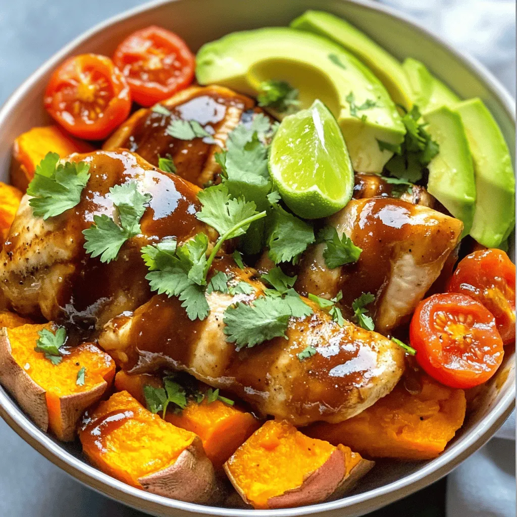- 2 boneless, skinless chicken breasts - 1 cup BBQ sauce - 2 medium sweet potatoes - 1 ripe avocado - 1 cup cherry tomatoes - 2 tablespoons olive oil - 1 teaspoon smoked paprika - 1/2 teaspoon garlic powder - 1/2 teaspoon ground cumin - Salt and pepper to taste - 1/4 cup fresh cilantro - 2 tablespoons fresh lime juice When I make BBQ Chicken & Roasted Sweet Potato Bowls, I focus on fresh, quality ingredients. The chicken is lean and juicy, perfect for soaking up BBQ sauce. I like to pick a sauce that I enjoy, whether it's tangy or smoky. Sweet potatoes offer a natural sweetness and a lovely texture. They add color and nutrition to the dish. I peel and cut them into cubes for even roasting. Avocado adds creaminess, balancing the flavors. Cherry tomatoes bring a pop of freshness and acidity, making the bowl bright and lively. I always use olive oil for roasting. It helps to crisp the sweet potatoes and enhances their flavor. The seasonings, like smoked paprika and garlic powder, give depth to the chicken and potatoes. Finally, cilantro and lime juice add a burst of freshness. The cilantro brings a herbal note, and the lime adds a zing that ties everything together. This recipe, with its bright and rich flavors, is a joy to prepare and eat. You can find the complete steps in the Full Recipe. 1. Preheat your oven to 425°F (220°C). This helps to roast them perfectly. 2. In a large bowl, mix the sweet potato cubes with: - 2 tablespoons olive oil - 1 teaspoon smoked paprika - 1/2 teaspoon garlic powder - 1/2 teaspoon ground cumin - Salt and pepper, to taste 3. Toss the sweet potatoes until they are well-coated with the oil and spices. 4. Spread the sweet potatoes evenly on a lined baking sheet. Roast for 25-30 minutes. Flip them halfway through to ensure even cooking. 1. Heat your grill or skillet over medium-high heat. This will help to get a good sear. 2. Cook the chicken breasts for about 6-7 minutes on each side. Ensure they reach an internal temperature of 165°F (75°C). 3. In the last two minutes, brush each chicken breast with 1/2 cup of BBQ sauce. This gives it a nice glaze. 1. Start layering your bowls with the roasted sweet potatoes. 2. Top with sliced BBQ chicken, then add avocado slices and halved cherry tomatoes. 3. For presentation, arrange the ingredients in colorful layers. Serve with lime wedges for a zesty touch. 4. Drizzle extra BBQ sauce over the top and sprinkle with fresh cilantro. This recipe makes for a wholesome meal that is as beautiful as it is tasty. For the full recipe, refer to the initial sections. - Best practices for grilling chicken: Start with room temperature chicken. This helps it cook evenly. Use a meat thermometer to check for 165°F. Flip the chicken only once for nice grill marks. - Ensuring perfectly roasted sweet potatoes: Cut sweet potatoes into even cubes. This helps them cook at the same rate. Toss them in olive oil and spices well. Roast until they are soft and golden. - Tips for using BBQ sauce: Brush on BBQ sauce in the last few minutes of grilling. This prevents burning. Use a good amount to create a rich flavor. Try different sauces for new tastes. - Pairing with other sides: Serve with a fresh salad or coleslaw. These add crunch and balance. You can also add corn on the cob for sweetness. - Recommended beverages: Pair with iced tea or lemonade. Both are refreshing choices. For adults, a light beer works well too. - Health benefits of ingredients: Chicken is a great source of protein. Sweet potatoes provide fiber and vitamins. Avocados add healthy fats and nutrients. - Caloric breakdown per serving: Each bowl contains about 450 calories. This includes chicken, sweet potatoes, and toppings. Adjust portions based on your dietary needs. For the complete recipe, check out the Full Recipe. Enjoy your BBQ Chicken & Roasted Sweet Potato Bowls! {{image_4}} You can switch chicken for tofu or shrimp. Tofu takes on flavors well and is great for a plant-based meal. Shrimp cooks quickly and adds a nice texture. If you prefer chicken, use different cuts. Thighs are juicier than breasts and offer a rich taste. BBQ sauce comes in many flavors. You can try spicy, sweet, or smoky options. Mixing sauces can create a unique taste. Don’t forget to add or swap vegetables. Grilled bell peppers or zucchini can bring new textures. Experiment with your favorites to keep it fresh. For gluten-free options, check the BBQ sauce label. Many brands offer gluten-free choices. If you want a vegan meal, use tofu and a plant-based BBQ sauce. This ensures everyone can enjoy the dish without worry. Remember, small changes can make a big difference! For the Full Recipe, check the complete section above. To store your BBQ Chicken & Roasted Sweet Potato Bowls, place them in an airtight container. This helps keep them fresh. Make sure the food is cool before sealing the container. Leftovers can last in the fridge for up to three days. After that, the flavors start to fade. You can reheat chicken and sweet potatoes easily. The best method is using the oven. Preheat it to 350°F (175°C). Place the food in an oven-safe dish and cover it with foil. Heat for about 15-20 minutes. You can also use a microwave. Heat in short bursts of 1-2 minutes until warm. This helps keep the flavor and texture intact. Yes, you can freeze BBQ Chicken & Roasted Sweet Potato Bowls. To freeze, let the food cool completely. Then, place it in freezer-safe bags or containers. Remove as much air as possible to prevent freezer burn. For best taste, use them within three months. When ready to eat, thaw in the fridge overnight before reheating. This keeps the meal tasty and safe. To spice up your BBQ chicken, add cayenne pepper or hot sauce. You can also use a spicy BBQ sauce. For a more complex heat, try chipotle powder. Mix these with your regular seasonings for a kick. Adjust the amount to your taste. Yes, you can prep sweet potatoes in advance. Cut them into cubes and store them in the fridge. Use an airtight container to keep them fresh. You can season them right before cooking. This saves time on busy days. One serving of this dish is about a cup of sweet potatoes and one chicken breast. This makes a hearty meal without overdoing it. Adjust portions based on your appetite or dietary needs. It's good to balance your plate. You can use frozen sweet potatoes, but they may cook differently. Thaw them first for even cooking. If using frozen, check cooking times. They might take longer to roast. Fresh sweet potatoes, however, will give a better texture. Some great BBQ sauces are Sweet Baby Ray's, Stubb's, and homemade options. Sweet sauces pair well with the sweetness of sweet potatoes. Spicy sauces add a nice contrast. Try different sauces to find your favorite flavor. Yes, you can make these bowls in advance. Cook the chicken and sweet potatoes, then cool them down. Store in separate containers. When ready to eat, reheat and assemble. This makes for quick meals all week. Check the Full Recipe for more details. This post detailed how to create delicious BBQ Chicken and Roasted Sweet Potato Bowls. We explored the main ingredients, seasonings, and garnishes. I shared tips for cooking and serving, along with variations to suit your taste. Don't forget about smart storage and reheating methods. In conclusion, this dish is not only tasty but also easy to make. Experiment with flavors and enjoy meals that fit your needs. Happy cooking!