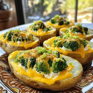 - 4 large russet potatoes - 1 cup broccoli florets, steamed and finely chopped - 1 cup sharp cheddar cheese, freshly grated - 1/2 cup cream cheese, softened - 1/4 cup sour cream - 2 tablespoons butter, melted - 2 green onions, finely sliced - Salt and freshly cracked pepper, to taste - Paprika for optional topping In this recipe, we start with the main ingredients. The russet potatoes give a hearty base. Broccoli adds color and nutrition. Sharp cheddar cheese brings rich flavor that melts perfectly. Next, we add creamy ingredients. The cream cheese makes the filling smooth. Sour cream adds a tangy twist. Melted butter enriches the taste. For flavor enhancements, green onions give a fresh crunch. Salt and pepper are key for seasoning. A sprinkle of paprika adds warmth and color. Each ingredient plays a role in making these twice-baked potatoes a delight. To see the full recipe, refer to "Cheesy Broccoli Bliss Twice-Baked Potatoes." - Preheat oven to 400°F (200°C). - Wash and poke holes in potatoes. - Bake potatoes for 45-55 minutes. Start by setting your oven to 400°F. This heat will help the potatoes bake evenly. Next, wash the potatoes under cold water. Scrub them well to remove any dirt. Use a fork to poke holes in each potato. This allows steam to escape while baking. Place the potatoes directly on the oven rack. Bake until they are tender and easy to pierce, which takes about 45 to 55 minutes. - Cool and slice potatoes in half. - Scoop out potato flesh into a mixing bowl. - Mix in broccoli, cheeses, sour cream, and seasonings. Once the potatoes cool for about 10 minutes, slice each one in half lengthwise. Use a spoon to scoop out the soft potato flesh into a large bowl. Make sure to leave a bit of potato inside the skin. This keeps the skins sturdy. Now, add in the chopped broccoli, grated cheddar cheese, cream cheese, sour cream, and melted butter. Season this mixture with salt and cracked pepper to taste. Mash everything well, ensuring it is creamy and smooth. - Spoon filling back into potato skins. - Sprinkle with paprika. - Bake for an additional 15 minutes until heated through. Next, take the creamy filling and spoon it back into the potato skins. Make sure to mound it a bit for a nice look. For an added flavor boost, sprinkle paprika on top. This also adds a pop of color. Arrange the stuffed potatoes on a baking sheet and return them to the oven. Bake for another 15 minutes. This will heat everything through and crisp the tops just a bit. Enjoy the delicious aroma that fills your kitchen! To get the perfect texture for your twice-baked potatoes, start with fully baked russet potatoes. You want them soft and tender. After baking, let them cool for about ten minutes. This makes them easier to handle. When you scoop out the potato flesh, leave about a quarter-inch border. This keeps the skins strong. For a creamy filling, mash all the ingredients well. No lumps should remain in the mix. Feel free to get creative with flavors! You can try using different types of cheese. Gouda or mozzarella can add a unique twist. To boost the taste, add garlic powder or dried herbs. Italian seasoning or thyme works well. These small additions can take your dish to a whole new level. Garnishing can make your dish look stunning. After filling the potato skins, sprinkle some extra green onions on top. For an added touch, use more cheese. Serving these potatoes on a nice platter can impress your guests. A dash of paprika adds color and flavor too. These simple tips make your dish stand out and taste great! {{image_4}} You can easily switch up the veggies in this dish. - Substitute broccoli with spinach or kale for a different taste. - Add roasted bell peppers to bring bright color and a sweet flavor. These options keep it fresh and fun while still being healthy. Want to add some protein? It’s simple! - Incorporate cooked bacon bits for a savory crunch. - Mix in shredded chicken or ham to make it heartier. This way, you can make the dish more filling. If you're looking to cut carbs, I have great alternatives. - Use cauliflower instead of potatoes for a lighter version. - Serve the filling in scooped-out zucchini for a unique twist. These variations keep the meal delicious and satisfying without the extra carbs. Store leftover twice-baked potatoes in an airtight container for up to 3 days. This keeps them fresh and tasty. When you want to enjoy them again, just take them out of the fridge. You can freeze unbaked potatoes for up to 2 months. This is great for meal prep! When you're ready to cook them, bake them straight from the freezer. No need to thaw first; just adjust the baking time a bit. To reheat, place the potatoes in the oven at 350°F (175°C). Heat them for about 20 minutes until they are warm all the way through. This method keeps the skin crispy and the filling creamy, just like fresh! Yes, you can prepare and fill the potatoes in advance. Just bake them just before serving. This makes meal prep easy and saves time. To avoid soggy potatoes, let them cool after baking. Also, don’t over-mix the filling. This keeps the texture nice and fluffy. You can pair these potatoes with a fresh salad or grilled vegetables. Both options complement the rich flavors of the potatoes. For the complete detailed recipe, refer to "Cheesy Broccoli Bliss Twice-Baked Potatoes." Twice-baked potatoes combine classic flavors and creamy textures. You bake russet potatoes, fill them with cheese and broccoli, and customize with other tasty ingredients. Use these tips to enhance flavor and presentation. Mealtime can be fun and creative with variations like vegetarian or low-carb options. Store or freeze leftovers for easy meals later. This dish is great for gatherings or a cozy dinner at home. Enjoy the deliciousness of your twice-baked potatoes!