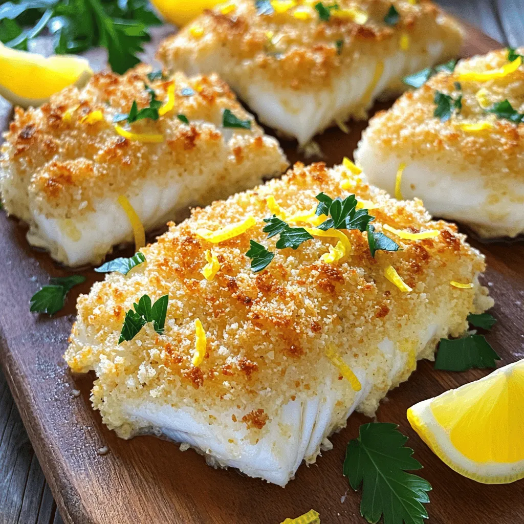 To make Parmesan crusted baked cod, you need a few basic yet flavorful ingredients. Here’s the list: - Cod fillets - Parmesan cheese - Panko breadcrumbs - Lemon zest - Fresh parsley - Extra virgin olive oil - Garlic powder - Onion powder - Salt and pepper - Lemon wedges for garnish These ingredients work together to create a tasty and crunchy crust on the cod. The cod fillets are mild and flaky. The Parmesan cheese gives a rich flavor. Panko breadcrumbs add a crunchy texture, making the dish fun to eat. Lemon zest brightens the flavors, while fresh parsley adds a nice touch of color and freshness. Garlic powder and onion powder bring depth to the taste, while olive oil keeps everything moist. You can find the full recipe to enjoy this seafood delight and learn the steps to make it perfectly. Each ingredient plays a role in making this dish truly special. Enjoy cooking! - Preheat oven to 400°F (200°C) - Prepare the baking sheet with parchment paper First, turn on your oven and set it to 400°F (200°C). This heat will help the cod cook evenly and make the crust crispy. While the oven warms, take a baking sheet and line it with parchment paper. This will prevent the fish from sticking and make cleanup much easier. - Combine dry ingredients in a mixing bowl - Blend Parmesan, panko, lemon zest, parsley, spices In a mixing bowl, gather your dry ingredients. Combine 1 cup of grated Parmesan cheese, 1/2 cup of panko breadcrumbs, and the zest of 1 lemon. Add 2 tablespoons of chopped parsley, 1 teaspoon of garlic powder, 1 teaspoon of onion powder, and some salt and pepper. Mix everything well, so the flavors blend nicely. - Pat fillets dry and season with salt and pepper - Apply olive oil to the fillets Take your cod fillets and pat them dry with paper towels. This will help the crust stick better. Season both sides of the fillets with salt and pepper for flavor. Then, use a brush to apply 2 tablespoons of olive oil on each fillet. This step adds moisture and helps the crust get golden. - Sprinkle and press the cheese mixture onto cod Now it's time to add the crust! Take the cheese mixture and sprinkle it generously over each cod fillet. Press down firmly to make sure the crust sticks well. You want a thick, even layer for the best crunch. - Arrange on baking sheet and bake for 12-15 minutes - Check for doneness at 145°F (63°C) Place the crusted fillets on your prepared baking sheet, making sure the crust side is facing up. Slide the baking sheet into the oven and bake for 12 to 15 minutes. Use a food thermometer to check the cod. It should reach 145°F (63°C) when done. The fish will look opaque and flaky, and the crust should be a lovely golden brown. Follow these steps, and you'll enjoy a delicious Parmesan crusted baked cod. For the full recipe, refer to the recipe section above. - How to achieve the perfect crust: For that ideal crust, use fresh Parmesan cheese. Grate it finely for a better melt. Mix it well with panko breadcrumbs. This combo gives a crunchy layer. Press the mixture firmly onto the cod. This helps it stick during baking. - Ensure even baking: Make sure to space the cod fillets apart on the baking sheet. This allows hot air to circulate around each piece. It helps them cook evenly. If the fillets are too close, they may steam instead of bake. - Best sides to pair with baked cod: You can't go wrong with a fresh salad. A crisp mixed greens salad pairs well. Steamed asparagus or roasted vegetables add color and flavor. For a heartier side, serve with garlic mashed potatoes. - Ideal presentation methods: Plating matters! Serve the cod on a white platter for contrast. Garnish with lemon wedges and chopped parsley. This adds color and makes the dish pop. You want it to look as good as it tastes! - Alternatives for Parmesan cheese: If you need a cheese swap, try Pecorino Romano. It has a similar tangy flavor. Nutritional yeast is a great vegan option that adds a cheesy taste too. - Gluten-free options for breadcrumbs: Use crushed cornflakes or gluten-free panko. Both will give you the crunch you want. You can also try almond flour for a different texture. {{image_4}} You can easily boost the flavor of Parmesan crusted cod. Adding fresh herbs can make a big difference. Try using dill, thyme, or basil for a nice twist. You can also add spices like paprika or cayenne for a kick. Different cheeses can add unique textures and tastes. Consider mixing in some mozzarella for a gooey layer or using aged cheddar for a sharp bite. If you want to switch up how you cook the cod, consider air frying. This method gives you a crisp crust with less oil. Set your air fryer to 375°F and cook for about 10-12 minutes. For a smoky flavor, grilling is a great option. Just preheat your grill and cook the fillets for 6-8 minutes on each side. This adds a lovely char to your dish. For those on a keto diet, you can make a few easy swaps. Use crushed pork rinds instead of breadcrumbs for that crunch without the carbs. If you need a low-sodium option, reduce the salt in the crust mix. You can also use low-sodium cheese. These small changes keep your dish tasty while fitting your diet. For a complete guide on making this dish, check out the Full Recipe. To keep your Parmesan crusted baked cod fresh, store it in the fridge. Place the fillets in an airtight container. This helps prevent moisture loss and keeps the fish tasty. You can keep leftovers for up to three days. If you want to keep it longer, consider freezing it. Wrap the cod tightly in plastic wrap and then in aluminum foil. This method helps prevent freezer burn and keeps the flavor intact. To reheat your cod without losing its texture, the oven works best. Preheat your oven to 350°F (175°C). Place the cod on a baking sheet and cover it with foil. This keeps the moisture in while it warms up. Heat for about 10-15 minutes until it's hot inside. If you're in a hurry, you can use the microwave. Put the cod on a microwave-safe plate. Cover it with a damp paper towel to keep it moist. Microwave in short bursts of 30 seconds. Check after each burst to avoid overcooking. Both methods will let you enjoy your delicious leftovers! Baking cod typically takes 12 to 15 minutes. Thicker fillets need a bit longer. For fillets about 1 inch thick, aim for 15 minutes. If your fillets are thinner, check them at 12 minutes. The key is to watch for the fish turning opaque and flaky. Yes, you can use frozen cod fillets. Thaw them in the fridge overnight. If you need to thaw faster, place them in a sealed bag and submerge in cold water. After thawing, pat them dry and season as you would fresh cod. Baking time may slightly increase if the fillets are cold. Pair your cod with some great sides. Here are a few ideas: - Steamed asparagus for a fresh crunch. - A light mixed greens salad for some zest. - Roasted potatoes for heartiness. - Quinoa for a healthy grain option. These sides balance the rich flavors of the cod well. To check if cod is done, look for a few signs: - The flesh should be opaque, not translucent. - Use a fork to flake the fish. It should separate easily. - The internal temperature should reach 145°F (63°C). These signs ensure your cod is cooked perfectly and safe to eat. This dish of Parmesan crusted cod is simple yet full of flavor. You learned how to prepare the ingredients, mix the crust, and bake to perfection. I shared tips for a crunchy topping and ideas for serving. You can even adapt the recipe for different tastes or diets. Remember, fresh ingredients make a huge difference. Enjoy your cooking, and don’t be afraid to experiment! Your kitchen creations can be both healthy and delicious.