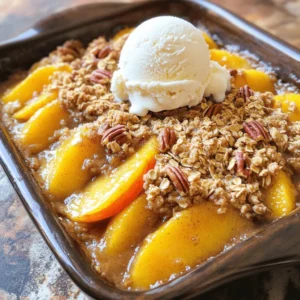 - 5 cups ripe peaches, peeled and sliced - 1 tablespoon fresh lemon juice - 1/4 cup packed brown sugar - 1 teaspoon ground cinnamon - 1 teaspoon pure vanilla extract - 1 cup rolled oats - 1/2 cup all-purpose flour - 1/2 cup finely chopped pecans - 1/2 cup granulated sugar - 1/2 cup cold, unsalted butter, cut into small cubes - 1/4 teaspoon salt - 9x13 inch baking dish - Mixing bowls - Pastry cutter or fork - Measuring cups and spoons The main ingredients create the sweet, juicy base. Peaches are key to this dish. They bring natural sweetness and flavor. Lemon juice brightens the mix, while brown sugar and cinnamon add warmth. Vanilla extract gives a lovely aroma. For the topping, rolled oats provide a hearty crunch. Flour helps bind the mix while chopped pecans add texture. Granulated sugar sweetens the topping, and butter makes it rich. Salt balances the flavors perfectly. You will need a 9x13 inch baking dish to hold all the goodness. Mixing bowls help combine everything well. A pastry cutter or fork works great for blending the butter. Don’t forget your measuring cups and spoons for accuracy. For the complete recipe, check out the Full Recipe section. 1. Preheat your oven to 350°F (175°C). This step warms up the oven for baking. 2. In a large bowl, mix 5 cups of sliced peaches with 1 tablespoon of lemon juice, 1/4 cup of brown sugar, 1 teaspoon of cinnamon, and 1 teaspoon of vanilla. Stir gently until the peaches are well coated. This mix brings out the sweet fruit flavor. 1. In a separate bowl, combine 1 cup of rolled oats, 1/2 cup of flour, 1/2 cup of chopped pecans, 1/2 cup of granulated sugar, and 1/4 teaspoon of salt. Stir these dry ingredients well. 2. Add 1/2 cup of cold butter, cut into small cubes. Use a pastry cutter or fork to blend until the mixture looks like coarse crumbs. You want some bigger pieces for crunch. 1. Spread the peach mixture evenly in a greased 9x13 inch baking dish. This dish helps the crisp bake evenly. 2. Sprinkle the oat topping over the peaches. Make sure to cover all the fruit. 3. Place the dish in the oven and bake for 30-35 minutes. Look for a golden-brown topping with bubbling peaches underneath. For the complete instructions, check out the Full Recipe. To peel peaches easily, try the blanching technique. Start by boiling water in a pot. Place the peaches in the boiling water for about 30 seconds. Then, transfer them to a bowl of ice water. This method makes the skin slide right off. When choosing peaches, look for ones that are ripe but firm. A good peach smells sweet and feels slightly soft when you press it. This ensures a great flavor in your crisp. For the best topping, blend your butter well with the dry mix. Use cold butter and cut it into small cubes. This helps create that crumbly texture. You might need to adjust your baking time. If your topping looks golden brown after 25 minutes, it’s likely ready. The peaches should bubble underneath. Serve your peach crisp warm, topped with ice cream or whipped cream. The cold cream melts into the warm fruit, making it extra delicious. For a pretty presentation, sprinkle some chopped pecans on top. This adds crunch and makes it look fancy! Enjoy every bite of your Peach Crisp Delight. For the complete recipe, check out the Full Recipe section above. {{image_4}} You can change up your peach crisp by adding other fruits. Try mixing in fresh berries like blueberries or raspberries. They add a burst of color and flavor. This makes a delightful mixed fruit crisp. You can also swap peaches for apples or pears. These fruits give a different taste and texture. Each fruit brings its own charm to the dish. Experimenting with these options can create fun new desserts. For those who need gluten-free options, there are easy swaps. Use gluten-free flour instead of all-purpose flour. This keeps the crisp tasty without the gluten. You can also try alternative sweeteners. Maple syrup or coconut sugar are great choices. They cater to different dietary needs while keeping the dish sweet and satisfying. Adding spices can elevate your peach crisp. Nutmeg or ginger can bring warmth and depth. Just a pinch can transform the flavor profile. You can also mix in extracts for a flavor boost. Almond or coconut extract can add a unique twist. These small changes can make your peach crisp even more delightful. For the full recipe, don't forget to check the main ingredients listed earlier! To keep your peach crisp fresh, store it in the fridge. Place it in an airtight container. This will help keep moisture out. You can also cover it with plastic wrap. Make sure it seals well. This helps keep the crisp topping crunchy. When you want to enjoy your peach crisp again, use the oven. Preheat it to 350°F (175°C). Place the crisp in a baking dish. Cover it with foil to keep it moist. Heat it for about 15 minutes. For a quicker option, use the microwave. Heat it in 30-second bursts, checking often. This way, you avoid overheating. You can freeze peach crisp if you have lots left over. First, let it cool completely. Then, cut it into squares. Wrap each piece in plastic wrap tightly. Place the wrapped pieces in a freezer bag. Squeeze out all the air before sealing. This keeps it fresh for up to three months. When you want to eat it, take it out. Let it thaw in the fridge overnight. To reheat, follow the oven instructions above. Enjoy your peach crisp just like the first time! Yes, you can use frozen peaches. First, thaw them completely. Place the frozen peaches in a bowl and let them sit at room temperature. Once thawed, drain any excess liquid. This helps keep the crisp from becoming too watery. Then, mix them with the lemon juice and other ingredients as stated in the Full Recipe. To keep the topping crunchy, avoid overmixing the butter with the dry ingredients. Blend until it looks like coarse crumbs. Also, make sure to bake the crisp until the top is golden brown. This ensures a nice crunch. Finally, let it cool for a bit before serving. I love serving it warm. It pairs well with vanilla ice cream or whipped cream. The cold cream melts slightly on the warm crisp, creating a delightful mix. You can also sprinkle some chopped pecans on top for extra crunch. Enjoy the blend of textures! Peach crisp can last about 3 to 5 days in the fridge. Store it in an airtight container to keep it fresh. The topping may soften over time, but it will still taste great. Reheat it in the oven for a few minutes to revive some crunch. Yes, you can prepare the peach filling and topping a day ahead. Keep the peach mixture and topping in separate containers. When you are ready to bake, just assemble them in the dish and pop it in the oven. This saves time and makes serving easy! Peach crisp is a tasty treat made with ripe peaches, spices, and a crunchy topping. You learned how to prepare the filling and create the perfect topping with oats, flour, and butter. I shared tips on peach peeling and baking for the best texture. You can even customize your crisp with other fruits or dietary options. Whether enjoyed warm or cold, peach crisp is simple to make and a delight to share. Now, grab your peaches and start baking!