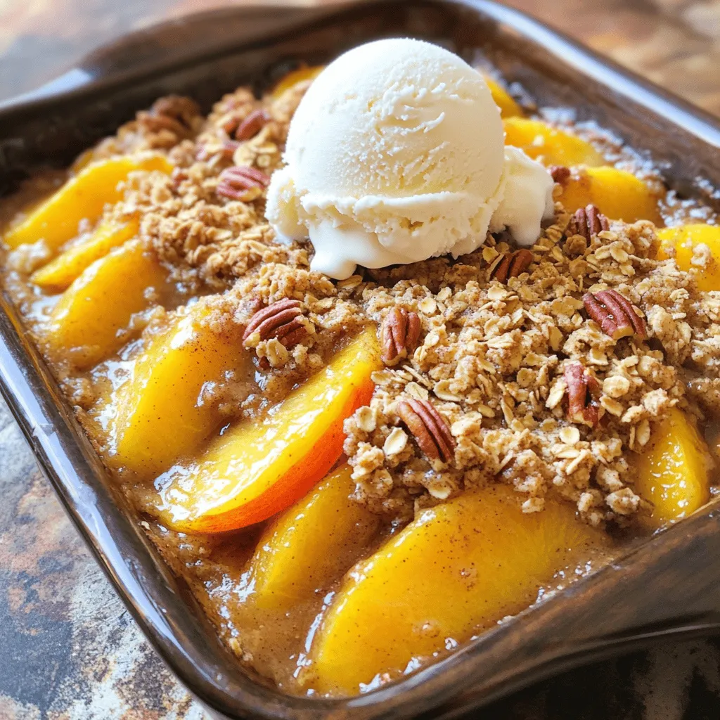 - 5 cups ripe peaches, peeled and sliced - 1 tablespoon fresh lemon juice - 1/4 cup packed brown sugar - 1 teaspoon ground cinnamon - 1 teaspoon pure vanilla extract - 1 cup rolled oats - 1/2 cup all-purpose flour - 1/2 cup finely chopped pecans - 1/2 cup granulated sugar - 1/2 cup cold, unsalted butter, cut into small cubes - 1/4 teaspoon salt - 9x13 inch baking dish - Mixing bowls - Pastry cutter or fork - Measuring cups and spoons The main ingredients create the sweet, juicy base. Peaches are key to this dish. They bring natural sweetness and flavor. Lemon juice brightens the mix, while brown sugar and cinnamon add warmth. Vanilla extract gives a lovely aroma. For the topping, rolled oats provide a hearty crunch. Flour helps bind the mix while chopped pecans add texture. Granulated sugar sweetens the topping, and butter makes it rich. Salt balances the flavors perfectly. You will need a 9x13 inch baking dish to hold all the goodness. Mixing bowls help combine everything well. A pastry cutter or fork works great for blending the butter. Don’t forget your measuring cups and spoons for accuracy. For the complete recipe, check out the Full Recipe section. 1. Preheat your oven to 350°F (175°C). This step warms up the oven for baking. 2. In a large bowl, mix 5 cups of sliced peaches with 1 tablespoon of lemon juice, 1/4 cup of brown sugar, 1 teaspoon of cinnamon, and 1 teaspoon of vanilla. Stir gently until the peaches are well coated. This mix brings out the sweet fruit flavor. 1. In a separate bowl, combine 1 cup of rolled oats, 1/2 cup of flour, 1/2 cup of chopped pecans, 1/2 cup of granulated sugar, and 1/4 teaspoon of salt. Stir these dry ingredients well. 2. Add 1/2 cup of cold butter, cut into small cubes. Use a pastry cutter or fork to blend until the mixture looks like coarse crumbs. You want some bigger pieces for crunch. 1. Spread the peach mixture evenly in a greased 9x13 inch baking dish. This dish helps the crisp bake evenly. 2. Sprinkle the oat topping over the peaches. Make sure to cover all the fruit. 3. Place the dish in the oven and bake for 30-35 minutes. Look for a golden-brown topping with bubbling peaches underneath. For the complete instructions, check out the Full Recipe. To peel peaches easily, try the blanching technique. Start by boiling water in a pot. Place the peaches in the boiling water for about 30 seconds. Then, transfer them to a bowl of ice water. This method makes the skin slide right off. When choosing peaches, look for ones that are ripe but firm. A good peach smells sweet and feels slightly soft when you press it. This ensures a great flavor in your crisp. For the best topping, blend your butter well with the dry mix. Use cold butter and cut it into small cubes. This helps create that crumbly texture. You might need to adjust your baking time. If your topping looks golden brown after 25 minutes, it’s likely ready. The peaches should bubble underneath. Serve your peach crisp warm, topped with ice cream or whipped cream. The cold cream melts into the warm fruit, making it extra delicious. For a pretty presentation, sprinkle some chopped pecans on top. This adds crunch and makes it look fancy! Enjoy every bite of your Peach Crisp Delight. For the complete recipe, check out the Full Recipe section above. {{image_4}} You can change up your peach crisp by adding other fruits. Try mixing in fresh berries like blueberries or raspberries. They add a burst of color and flavor. This makes a delightful mixed fruit crisp. You can also swap peaches for apples or pears. These fruits give a different taste and texture. Each fruit brings its own charm to the dish. Experimenting with these options can create fun new desserts. For those who need gluten-free options, there are easy swaps. Use gluten-free flour instead of all-purpose flour. This keeps the crisp tasty without the gluten. You can also try alternative sweeteners. Maple syrup or coconut sugar are great choices. They cater to different dietary needs while keeping the dish sweet and satisfying. Adding spices can elevate your peach crisp. Nutmeg or ginger can bring warmth and depth. Just a pinch can transform the flavor profile. You can also mix in extracts for a flavor boost. Almond or coconut extract can add a unique twist. These small changes can make your peach crisp even more delightful. For the full recipe, don't forget to check the main ingredients listed earlier! To keep your peach crisp fresh, store it in the fridge. Place it in an airtight container. This will help keep moisture out. You can also cover it with plastic wrap. Make sure it seals well. This helps keep the crisp topping crunchy. When you want to enjoy your peach crisp again, use the oven. Preheat it to 350°F (175°C). Place the crisp in a baking dish. Cover it with foil to keep it moist. Heat it for about 15 minutes. For a quicker option, use the microwave. Heat it in 30-second bursts, checking often. This way, you avoid overheating. You can freeze peach crisp if you have lots left over. First, let it cool completely. Then, cut it into squares. Wrap each piece in plastic wrap tightly. Place the wrapped pieces in a freezer bag. Squeeze out all the air before sealing. This keeps it fresh for up to three months. When you want to eat it, take it out. Let it thaw in the fridge overnight. To reheat, follow the oven instructions above. Enjoy your peach crisp just like the first time! Yes, you can use frozen peaches. First, thaw them completely. Place the frozen peaches in a bowl and let them sit at room temperature. Once thawed, drain any excess liquid. This helps keep the crisp from becoming too watery. Then, mix them with the lemon juice and other ingredients as stated in the Full Recipe. To keep the topping crunchy, avoid overmixing the butter with the dry ingredients. Blend until it looks like coarse crumbs. Also, make sure to bake the crisp until the top is golden brown. This ensures a nice crunch. Finally, let it cool for a bit before serving. I love serving it warm. It pairs well with vanilla ice cream or whipped cream. The cold cream melts slightly on the warm crisp, creating a delightful mix. You can also sprinkle some chopped pecans on top for extra crunch. Enjoy the blend of textures! Peach crisp can last about 3 to 5 days in the fridge. Store it in an airtight container to keep it fresh. The topping may soften over time, but it will still taste great. Reheat it in the oven for a few minutes to revive some crunch. Yes, you can prepare the peach filling and topping a day ahead. Keep the peach mixture and topping in separate containers. When you are ready to bake, just assemble them in the dish and pop it in the oven. This saves time and makes serving easy! Peach crisp is a tasty treat made with ripe peaches, spices, and a crunchy topping. You learned how to prepare the filling and create the perfect topping with oats, flour, and butter. I shared tips on peach peeling and baking for the best texture. You can even customize your crisp with other fruits or dietary options. Whether enjoyed warm or cold, peach crisp is simple to make and a delight to share. Now, grab your peaches and start baking!