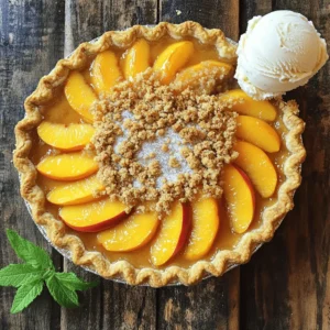 To make this pie, you need fresh peaches. Here’s the list of main ingredients: - 6 ripe peaches, peeled and sliced into thin wedges - 1 cup granulated sugar - 1 tablespoon fresh lemon juice - 1 teaspoon pure vanilla extract - 1 teaspoon ground cinnamon - 2 tablespoons cornstarch - 1 prepared pie crust (store-bought or homemade) These ingredients create a sweet and juicy filling that pairs perfectly with the crunchy topping. You will also need some common pantry items. Here’s what you need for the crumble: - 1 cup all-purpose flour - 1 cup rolled oats - 1/2 cup packed light brown sugar - 1/2 cup unsalted butter, melted and slightly cooled - Pinch of salt These staples help create that delicious crumble that adds texture to the pie. You can customize your peach crumble pie with some fun add-ins. Here are a few ideas: - Add nuts like walnuts or pecans for extra crunch. - Use honey or maple syrup instead of granulated sugar for a unique flavor. - Try adding a splash of almond extract for a twist on the classic taste. Feel free to mix and match to make this pie your own. For the complete recipe, check out the [Full Recipe]. Start by washing six ripe peaches. Use a peeler to remove the skin. Slice the peaches into thin wedges. Place them in a large bowl. Add one cup of granulated sugar. Squeeze in one tablespoon of fresh lemon juice. Pour in one teaspoon of pure vanilla extract. Sprinkle in one teaspoon of ground cinnamon. Finally, add two tablespoons of cornstarch. Stir gently to coat all the peach slices. Let this mixture sit for ten minutes. This time allows the flavors to blend well. Next, roll out your prepared pie crust. You can use store-bought or homemade crust. Dust a clean surface with flour to prevent sticking. Carefully place the crust into a 9-inch pie dish. Gently press it down into the dish. Trim any extra dough from the edges with a knife. This makes for a neat finish. In a separate bowl, mix together one cup of all-purpose flour. Add one cup of rolled oats and half a cup of packed light brown sugar. Pour in half a cup of melted and slightly cooled unsalted butter. Add a pinch of salt for taste. Use your fingers or a fork to blend these ingredients. Mix until it looks crumbly, like wet sand. Now, pour the peach mixture into your pie crust. Spread it out evenly for a balanced flavor. Sprinkle the crumble topping generously over the peaches. Make sure to cover all the filling. Place the pie in your preheated oven set to 350°F (175°C). Bake for 35 to 40 minutes. Look for a golden brown crumble and bubbling peach juices around the edges. Once done, take it out and let it cool for 15 minutes before slicing. This cooling time helps the filling set nicely. Enjoy your delicious peach crumble pie! For the complete recipe, refer to the Full Recipe section. When picking peaches, look for ones that feel slightly soft. A ripe peach should have a sweet aroma. The color should be a mix of yellow and red. Avoid peaches with bruises or dark spots. If they are hard, let them ripen at room temperature for a few days. You want the best fruit for a great pie! A flaky crust makes all the difference. If using store-bought crust, let it sit at room temp for 10 minutes. This helps it relax, making it easier to roll. For a homemade crust, chill your butter and water before mixing. This keeps the crust flaky. When making the crumble topping, mix until it looks like wet sand. This texture is key for crispiness. Spread it evenly on the peach filling. This ensures every bite has that crunchy topping. To boost flavor, add a pinch of nutmeg with the cinnamon. It adds warmth and depth. You can also mix in a handful of blueberries or raspberries for a color pop. For extra crunch, try adding chopped nuts like almonds or pecans to the crumble. If you want a burst of freshness, serve your pie with a scoop of vanilla ice cream. The cold creaminess pairs perfectly with warm pie. For a fun touch, sprinkle some fresh mint on top before serving. Try these tips to elevate your peach crumble pie experience. Enjoy the process, and happy baking! Check the full recipe for all the details. {{image_4}} You can boost flavors with spices. Try adding nutmeg or ginger to your peach mix. A pinch of allspice also works wonders. These spices enhance the natural sweetness of the peaches. You can also mix in some cardamom for a unique twist. Spice blends create warmth and depth in each bite. For a healthier pie, consider alternatives. You can use whole wheat flour instead of all-purpose flour. This adds fiber and nutrients to your crust. Swap white sugar for honey or maple syrup. Both options add sweetness and flavor while being more natural. If you want to cut calories, replace butter with coconut oil. This change keeps the topping crisp and tasty. Peach crumble pie is great with other fruits too. Mix in berries for a burst of color and taste. Blueberries and raspberries pair well with peaches. You can also use apples or pears for a fall vibe. Just adjust sugar based on the fruit's sweetness. Enjoy the fun of mixing flavors! Once you finish your peach crumble pie, you will want to keep it fresh. Store any leftover pie in the fridge. Use an airtight container or cover it with plastic wrap. This keeps the pie moist and prevents it from absorbing other smells. Enjoy your pie within 3 to 4 days for the best taste. If you want to save some pie for later, freezing is a great option. First, let the pie cool completely after baking. Wrap it tightly in plastic wrap and then in aluminum foil. This extra layer helps prevent freezer burn. You can freeze peach crumble pie for up to 3 months. When you're ready to eat it, just thaw it overnight in the fridge. When you want to enjoy your pie again, reheating it properly is key. Preheat your oven to 350°F (175°C). Place the pie on a baking sheet. Heat it for about 15-20 minutes. This warms the filling and crisp the crumble topping. If you prefer, you can also use the microwave. Just heat a slice for about 30 seconds, but it won't be as crisp. Enjoy every bite! Yes, you can use frozen peaches. Thaw them first and drain excess liquid. This helps prevent a soggy pie. Keep in mind that frozen peaches may need a bit more sugar for sweetness. Your pie is done when the top is golden brown and the fruit bubbles. You can check by looking for a bubbly fruit filling around the edges. This usually takes 35-40 minutes at 350°F (175°C). Peach crumble pie tastes great with vanilla ice cream. Whipped cream also works well. You can even serve it with a drizzle of caramel sauce for extra sweetness. To make the crumble topping gluten-free, swap all-purpose flour for almond flour or gluten-free flour. Use gluten-free oats to ensure the entire topping is safe for gluten-sensitive folks. This keeps the delicious crunch while meeting dietary needs. For the full recipe, check out the detailed instructions above. This peach crumble pie recipe is simple and delicious. It uses fresh, ripe peaches, which give it a sweet and juicy flavor. The pie has a buttery crust that holds all the goodness inside. You will love the crunchy crumble topping made from oats and brown sugar. Each bite is a mix of softness and crunch. To make this pie, you need to prepare the filling first. Combine peaches, sugar, and spices. Let it sit to enhance the taste. Then, spread the mixture into a pie crust. For the topping, mix flour, oats, and butter until crumbly. Bake the pie until golden brown. The warm, bubbling filling will tempt everyone. Each slice of this pie offers a delightful treat. Here’s a quick look at the nutritional facts: - Calories: 280 - Fat: 12g - Carbohydrates: 42g - Protein: 3g - Fiber: 2g - Sugar: 18g These values can change based on portion size and ingredients used. It's good to enjoy in moderation. Peach crumble pie shines on its own, but you can make it even better. Here are some tasty ideas: - Ice Cream: Serve warm slices with a scoop of vanilla ice cream. The cold creaminess balances the warm pie. - Whipped Cream: A dollop of fresh whipped cream adds lightness and sweetness. - Mint Leaves: Garnish with mint leaves for color and a fresh taste. - Coffee or Tea: Pair the pie with a warm drink for a comforting dessert experience. You can find the full recipe and detailed steps in the earlier sections. Enjoy every slice! You learned how to make a delicious peach crumble pie, from picking the right peaches to baking it perfectly. With simple steps, you can create a tasty dessert. Remember to experiment with flavors and substitutes for your own twist. Store leftovers well and enjoy them later. I hope you feel confident to try this recipe. Happy baking!