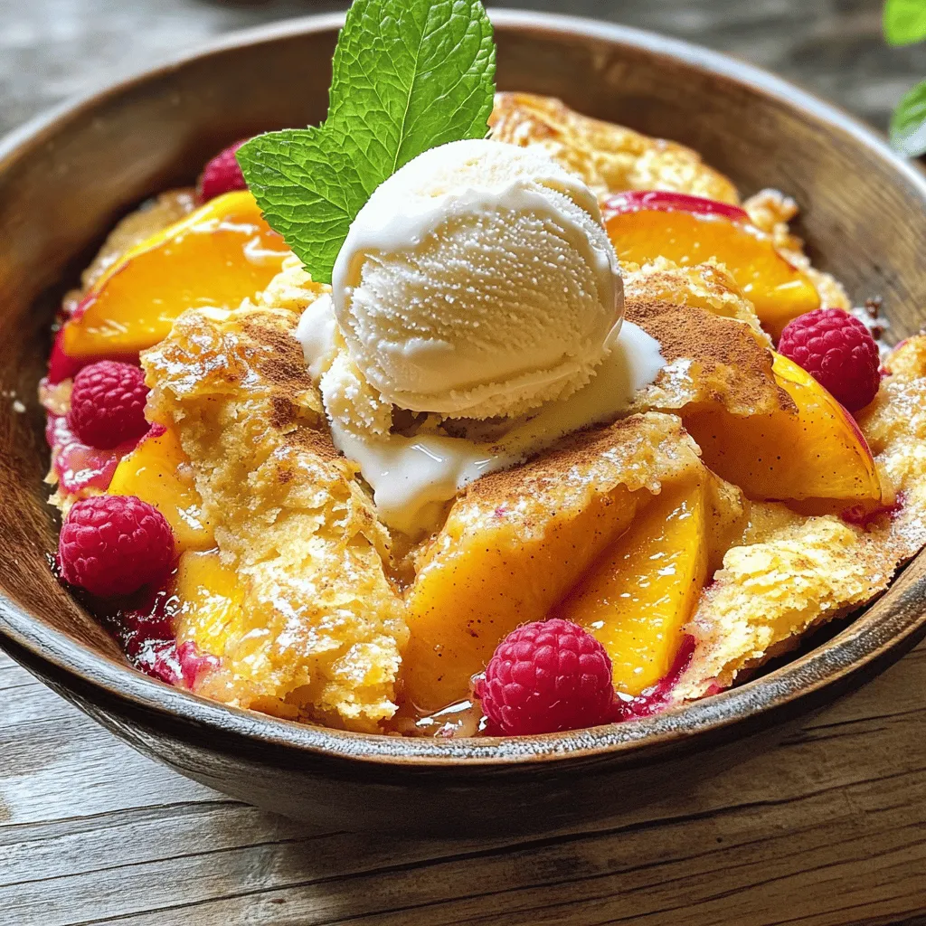 - 4 ripe peaches, peeled and sliced - 1 cup fresh raspberries - 1/2 cup granulated sugar (adjustable for sweetness) - 1 tablespoon fresh lemon juice - 1 teaspoon pure vanilla extract - 1 cup all-purpose flour - 2 teaspoons baking powder - 1/2 teaspoon fine salt - 1/4 cup unsalted butter, melted and cooled - 1 cup whole milk - 1 teaspoon ground cinnamon - 9x13-inch baking dish - Mixing bowls - Whisk and spatula To make the Easy Peach and Raspberry Cobbler, you need fresh peaches and raspberries. Select ripe peaches for the best flavor. They should have a sweet smell and give slightly when you press them. Fresh raspberries add a nice tartness that balances the sweetness of the peaches. You also need pantry staples that create the cobbler's texture and taste. Granulated sugar sweetens the fruit filling and batter. Adjust it based on your taste. Lemon juice brightens the flavors. Vanilla extract adds warmth. The flour, baking powder, and salt form the base of the batter. Butter gives it richness, while milk makes it moist. For equipment, a 9x13-inch baking dish is ideal. Mixing bowls help combine the ingredients. A whisk and spatula are key for mixing and transferring the batter. When you gather these ingredients and tools, you're ready to create a delicious dessert. Check out the Full Recipe for all the steps to make this delightful dish! Set the oven temperature to 375°F (190°C). Preheating is key for even baking. In a large bowl, combine the peaches and raspberries. Add half of the sugar, lemon juice, and vanilla extract. Toss gently with a spatula until the fruits are coated. Transfer this fruity mix to a greased 9x13-inch baking dish. Spread it evenly for a nice base. In a separate bowl, mix the flour, baking powder, and salt. Add the remaining sugar, melted butter, and milk. Stir until just combined. It’s fine if the batter is a bit lumpy. Do not overmix; this keeps it light. Pour the batter over the fruit mixture. Spread it evenly, but do not stir. The fruit will bubble up through the batter while baking. For extra flavor, sprinkle ground cinnamon over the top. Place the dish in the oven and bake for 35-40 minutes. Look for a golden brown top and use a toothpick to check doneness. Let the cobbler cool for about 10 minutes before serving. This makes it easier to dish out. For the full recipe, you can check back above. To get a great cobbler texture, avoid overmixing the batter. Mix just until combined. A few lumps are okay. This helps keep it light and fluffy. After baking, allow cooling time before serving. This waiting helps the cobbler set and makes it easier to serve. You can adapt the sugar levels based on your taste. If you like it sweeter, add more sugar. If you prefer less sweetness, reduce it. Taste the fruit before adding sugar to find the right balance. The natural sweetness of peaches and raspberries can be quite lovely on their own. For extra flavor, add spices or extracts. Ground cinnamon adds warmth and depth. Try nutmeg or cardamom for a new twist. You could also use almond extract instead of vanilla. These small changes make your cobbler unique and unforgettable. {{image_4}} You can switch up the fruits in the cobbler. Try using blueberries or blackberries for a fun twist. You can also mix in some chopped apples or pears. Each fruit brings its own flavor and character. You can even use frozen fruits if fresh ones are hard to find. Just remember to adjust the sugar based on the fruit's sweetness. If you need a gluten-free cobbler, you can easily swap the all-purpose flour. Use a gluten-free blend instead. Look for one that can replace regular flour cup-for-cup. This way, you won’t change the taste or texture much. Just make sure it contains xanthan gum, which helps bind the ingredients together. To make a lower-sugar version, reduce the sugar in the recipe. You can also use natural sweeteners like honey or maple syrup. For a vegan option, replace the butter with coconut oil or a vegan butter. Use almond milk instead of whole milk. These swaps keep the cobbler tasty while fitting different diets. For the full recipe, reference the earlier section. To keep your cobbler fresh, let it cool first. Once cool, cover it with plastic wrap or aluminum foil. If you put it in the fridge, it can stay good for up to three days. Just make sure it is in an airtight container. This helps keep the flavors and texture intact. When you want to enjoy leftovers, the best way to reheat is in the oven. Preheat your oven to 350°F (175°C). Place your cobbler in an oven-safe dish and cover it with foil. Heat for about 15-20 minutes. This keeps the topping crisp and warm, just like when it was fresh. Yes, you can freeze the cobbler! First, let it cool completely. Slice it into pieces for easy serving. Wrap each piece tightly in plastic wrap and then place them in a freezer bag. It can last for about three months in the freezer. When you want to eat it, just thaw it in the fridge overnight and reheat as described above. Enjoy your delightful peach and raspberry cobbler later, too! Check the Full Recipe for more details. Yes, you can use frozen fruit. However, frozen fruit has more water. This can make your cobbler a bit soggy. If you use frozen peaches or raspberries, thaw them first. Pat them dry with a paper towel. This helps keep the cobbler from being too watery. Fresh fruit gives a better texture and flavor. But frozen works in a pinch! The cobbler stays good for about three days in the fridge. To store it, cover it with plastic wrap or aluminum foil. This keeps it fresh. You can also place it in an airtight container. When you want to eat it, just reheat it in the oven or microwave. This makes it warm and tasty again. Yes, you can double the recipe to feed more people. Just use a larger baking dish. A 12x18-inch dish works great for doubling. Keep the same baking time but check if it needs a bit longer. The cobbler should be golden brown and bubbly. This way, you can share more of this delicious treat! I love serving it with vanilla ice cream or whipped cream. The cold cream is a nice contrast to the warm cobbler. You can also add a sprinkle of cinnamon or fresh mint for fun. If you want something different, try serving it with yogurt. The tangy yogurt pairs well with the sweet fruit. For the full recipe, check out the delightful peach and raspberry cobbler details! This blog post covered all you need to make a delicious peach and raspberry cobbler. I shared the fresh ingredients, pantry staples, and essential equipment. You also learned step-by-step instructions, tips for the perfect texture, and how to modify the recipe for your needs. Making a cobbler is easy and fun. You can enjoy unique flavors or share it with friends.