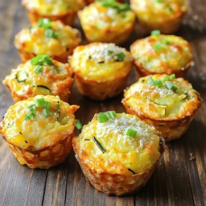 To make the Crispy Parmesan Zucchini Potato Muffins, you will need these key ingredients: - 2 medium zucchinis, grated - 2 medium potatoes, peeled and grated - 1 cup freshly grated Parmesan cheese - 1/2 cup all-purpose flour - 2 large eggs - 1/4 cup green onions, finely chopped - 2 cloves garlic, minced - 1 teaspoon baking powder - 1/2 teaspoon salt - 1/4 teaspoon black pepper - 1/4 teaspoon paprika - Olive oil spray (for greasing) These ingredients create a tasty mix that packs a lot of flavor in every bite. If you want to take your muffins to the next level, consider adding these optional ingredients: - Fresh herbs like parsley or basil for extra freshness - A pinch of cayenne pepper for heat - Sun-dried tomatoes for a savory twist - Chopped spinach for added nutrition These options add unique flavors and textures, making the muffins even more delightful. You can easily swap some ingredients if needed. Here are a few suggestions: - For gluten-free muffins, use almond flour or a gluten-free blend instead of all-purpose flour. - If you don’t have Parmesan, try cheddar or feta cheese for a different taste. - Use egg substitutes like flaxseed meal or applesauce if you need a vegan option. These substitutions help you make the recipe work for your dietary needs. For the full recipe, refer to the earlier sections. Start by preheating your oven to 375°F (190°C). This heat will make your muffins crisp and golden. Next, prepare your muffin tin. You can use paper liners or spray each cavity with olive oil. This step helps to prevent sticking. In a large bowl, mix the grated zucchinis and grated potatoes. To keep your muffins from getting soggy, you need to remove excess moisture. You can do this by placing the grated veggies in a clean kitchen towel. Twist the towel tightly to squeeze out the liquid. After you control the moisture, add the grated Parmesan cheese, all-purpose flour, eggs, chopped green onions, minced garlic, baking powder, salt, black pepper, and paprika. Mix everything gently until just combined. You want the batter to hold together but still show some texture from the vegetables. Using a spoon or an ice cream scoop, fill each muffin cavity about three-quarters full with the mixture. This gives the muffins space to rise. Then, place the muffin tin in your preheated oven. Bake for 25-30 minutes. The muffins are done when they turn a lovely golden color, and a toothpick inserted in the center comes out clean. Once baked, let the muffins cool in the tin for about five minutes. After that, transfer them to a wire rack to cool completely. Enjoy your Crispy Parmesan Zucchini Potato Muffins as a tasty snack or side dish! For the full recipe, check the details above. To get the best texture, squeeze out extra moisture from the zucchini and potatoes. Use a clean kitchen towel. This step keeps the muffins from being soggy. Mix your ingredients gently. Overmixing can lead to tough muffins. You want some small vegetable chunks for a nice bite. One common mistake is not draining the vegetables well. This can make your muffins dense. Another error is overbaking. Keep an eye on them, as they can turn too brown quickly. Lastly, be sure to use fresh Parmesan cheese. Packaged cheese lacks flavor and richness. For a great presentation, serve the muffins warm. You can sprinkle extra Parmesan cheese on top. Add chopped green onions for a pop of color. Arrange them on a nice plate or platter. These muffins shine as snacks or side dishes. Check out the Full Recipe for serving ideas that impress! {{image_4}} You can make these muffins even better with fun add-ins. Try adding herbs like thyme or basil for a fresh taste. Chopped sun-dried tomatoes add a nice tang. If you love spice, toss in some red pepper flakes. You can also add cooked bacon bits for a savory twist. These add-ins will give your muffins a unique flavor that everyone will enjoy. You can easily make these muffins gluten-free. Use almond flour or gluten-free all-purpose flour instead of regular flour. For a dairy-free version, swap the Parmesan cheese with nutritional yeast. This change keeps the flavor but removes dairy. You can also use a plant-based milk in place of eggs to keep it vegan. These options let everyone enjoy the muffins. Change the flavors with seasonal veggies. In fall, use sweet potatoes instead of regular potatoes. In summer, add corn or bell peppers for a sweet crunch. You can even mix in grated carrots for some added color. These variations keep your muffins fresh and exciting throughout the year. Check out the Full Recipe for more ideas! After making your Crispy Parmesan Zucchini Potato Muffins, store them in an airtight container. This keeps them fresh and tasty. You can keep them at room temperature for a day or in the fridge for up to four days. If you store them in the fridge, let them cool first to avoid moisture buildup. When you want to enjoy your muffins again, reheating is easy. You can use an oven or a microwave. For the oven, preheat it to 350°F (175°C). Place the muffins on a baking sheet for about 10 minutes. They will get warm and crispy again. If using a microwave, heat them for about 10-15 seconds. Check to make sure they are hot, but don’t overdo it, or they might become tough. Freezing these muffins is a great way to save them for later. First, let the muffins cool completely. Then, wrap each muffin in plastic wrap and place them in a freezer bag. Label the bag with the date. They will stay fresh for up to three months. When you’re ready to eat, take them out of the freezer and let them thaw in the fridge overnight. You can also reheat them straight from the freezer, just add a few extra minutes to the oven time. Enjoy every bite of your crispy, flavorful muffins! For the full recipe, check out the details provided earlier. Crispy Parmesan Zucchini Potato Muffins last about three days when stored in an airtight container. Keep them in the fridge for the best taste. You can also freeze them for up to three months. Just let them cool completely before freezing. Yes, you can make these muffins ahead of time. Bake them, let them cool, and then store them in the fridge. They reheat well in the oven or microwave. This makes them great for meal prep or quick snacks. These muffins pair well with many dishes. Try serving them with a fresh salad, soup, or as a side with grilled chicken. They also work as a tasty snack on their own. You can even add a dip like ranch or yogurt sauce for extra flavor. Absolutely! You can use other cheeses like cheddar, feta, or mozzarella. Each cheese brings its own flavor. Just remember to adjust the amount if the cheese has a stronger taste. Mixing cheeses can create fun new flavors too. For the full recipe, check the details above. This article covered key ingredients, step-by-step cooking, and tips for success. You learned about ingredient swaps and storage methods to keep your muffins fresh. Remember common mistakes to get the perfect texture. With these ideas, you can also try fun variations to make each batch unique. Now, you have all you need for wonderful muffins. Get cooking and enjoy every bite!