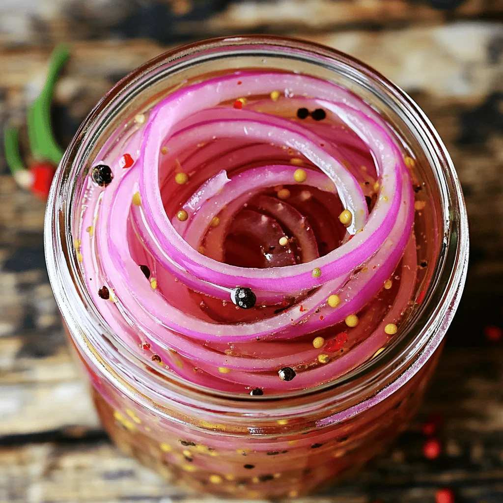 - 2 medium red onions, thinly sliced into rings - 1 cup apple cider vinegar - 1 cup water - 2 tablespoons granulated sugar - 1 teaspoon fine sea salt - 1 teaspoon whole black peppercorns - 1 teaspoon mustard seeds - 1/2 teaspoon crushed red pepper flakes (optional) - 2 cloves garlic, smashed (optional) To make easy pickled red onions, you need simple ingredients. Start with red onions. These onions add a vibrant color and sweet flavor. The apple cider vinegar gives them a tangy taste. Sugar and salt balance the sharpness of the vinegar. Black peppercorns and mustard seeds add depth. If you like heat, the crushed red pepper flakes work well. Garlic can enhance the flavor, but it's optional. Gather these ingredients before you start. Having everything ready makes the process smooth and fun. You can find the full recipe under the title "Zesty Pickled Red Onions." It gives you step-by-step guidance. Enjoy the bright flavor these pickled onions bring to your meals! Peel the red onions first. Use a sharp knife or a mandoline slicer. Thinly slice the onions into even rings. This helps them pickle well and soak up the brine. In a medium saucepan, combine these ingredients: - 1 cup apple cider vinegar - 1 cup water - 2 tablespoons granulated sugar - 1 teaspoon fine sea salt - 1 teaspoon whole black peppercorns - 1 teaspoon mustard seeds - 1/2 teaspoon crushed red pepper flakes (optional) - 2 cloves garlic, smashed (optional) Mix them well. Heat the saucepan over medium heat. Stir the mixture until it starts to boil. Ensure the sugar and salt dissolve completely. After boiling, take the saucepan off the heat. Add the thinly sliced onions and smashed garlic to the pot. Stir gently to coat the onions in the brine. Let the mixture sit at room temperature for 20 to 30 minutes. This time helps the flavors blend nicely. Next, transfer the onions and the brine into a clean jar. Ensure the onions stay submerged in the liquid. If needed, press them down or use a clean weight. Seal the jar tightly and place it in the fridge. You can eat the pickled onions after a few hours. However, they taste best after 24 hours. For the full recipe, refer to the earlier section. To keep your pickled red onions nice and crunchy, choose fresh, firm onions. Slice them evenly, too. This helps them pickle well and stay crisp. If your slices are thick, they may become soft. A mandoline slicer works great for even cuts. Want to add more flavor? You can try new spices and herbs! Dill, coriander, or cumin can bring a unique taste. A pinch of ginger or a few cloves can also enhance the brine. Feel free to mix and match until you find your favorite combo. How do you serve these tasty pickled onions? They shine on tacos, burgers, or salads. Use them as a bright garnish to elevate any dish. These onions also make a great side for grilled meats. They add color and crunch, making your meal pop! For a fun gift, pack them in a cute jar and share with friends. For the full recipe, check out the [Full Recipe]. {{image_4}} You can add extra honey or sliced jalapeños for a fun twist. This mix will give your pickled onions a sweet flavor with a fiery kick. The honey balances the heat from the jalapeños beautifully. You can adjust the amount to fit your taste. Try this if you love a bit of spice in your dishes! Fresh herbs can change the game! Adding dill or thyme makes your pickled onions unique. The herbs bring fresh notes that brighten the flavor. Just toss in some chopped herbs when you prepare the onions. This variation pairs well with fish or roasted meats. Give it a try for a new flavor experience! Don’t stick to just apple cider vinegar! You can use red wine vinegar or rice vinegar for new tastes. Each type of vinegar adds its own flavor profile to the onions. Red wine vinegar offers a rich taste, while rice vinegar is milder and sweeter. Experiment with these options to find your favorite! Store your pickled red onions in an airtight container. Make sure to submerge the onions in brine. They will stay fresh for up to 2-3 weeks. This method keeps them crisp and flavorful. To help your pickled onions last longer, always use sterilized jars. You can sterilize jars by boiling them in water for 10 minutes. This step kills germs and helps prevent spoilage. Always check your pickled onions before use. Watch for an off smell, color changes, or mold. If you see any of these signs, it’s best to throw them away. Eating spoiled food can make you sick. Pickled red onions typically last for 2-3 weeks in the refrigerator. Store them in a clean jar. The brine keeps them fresh. Yes, you can use yellow or white onions instead of red ones. Each type brings a unique taste. Yellow onions offer a mild sweetness. White onions have a sharper flavor. Feel free to experiment! You can enjoy pickled red onions after just a few hours. However, they taste best after sitting for 24 hours. This resting time allows the flavors to meld perfectly. Absolutely! You can pickle many vegetables using similar techniques. Cucumbers, carrots, and radishes are great options. The process is quick and easy. Just adjust the pickling time based on the vegetable. You can create tasty pickled red onions with just a few steps. First, gather your ingredients and prepare the onions. Then, make the brine and let the onions soak. Remember to store them properly for freshness. Experiment with flavors for fun variations. In just a short time, you will enjoy this tasty treat. Happy pickling!