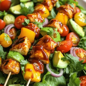 To create a tasty BBQ chicken skewer salad, you need these main ingredients: - 2 chicken breasts, cut into 1-inch cubes - 1 red bell pepper, cut into 1-inch chunks - 1 yellow bell pepper, cut into 1-inch chunks - 1 red onion, cut into wedges - 1 zucchini, sliced into half-moons - 3 tablespoons of your favorite BBQ sauce - 1 tablespoon olive oil - Salt and black pepper to taste - 4 cups mixed greens (a blend of spinach, arugula, and romaine) - 1 ripe avocado, sliced - ½ cup cherry tomatoes, halved - Fresh cilantro for garnish - Additional BBQ sauce for drizzling These ingredients come together to create a colorful and healthy meal. Feel free to add extra ingredients to enhance your salad: - Cucumber slices for crunch - Radishes for a peppery kick - Feta cheese for creaminess - Corn kernels for sweetness - Black beans for protein These options let you customize your salad to fit your taste. For the best flavor, use these seasonings and dressings: - A pinch of garlic powder for depth - Smoked paprika for a barbecue touch - Lime juice for acidity - Additional BBQ sauce for drizzling Mixing these flavors makes your BBQ chicken skewer salad even more delicious. You can also check the Full Recipe for detailed instructions and tips. To start, take your mixing bowl. Add the cubed chicken breasts. Pour in three tablespoons of your favorite BBQ sauce. Add one tablespoon of olive oil and a pinch of salt and black pepper. Mix everything well. Make sure all the chicken pieces are coated. Cover the bowl and let it sit in the fridge for at least 30 minutes. This helps the chicken soak up the flavors. Next, it's time to make your skewers. If you use wooden skewers, soak them in water for 15 minutes. This keeps them from burning on the grill. Now, take the marinated chicken and start threading it onto the skewers. Alternate the chicken with chunks of red and yellow bell peppers, wedges of red onion, and half-moon slices of zucchini. Fill the skewers nicely but don’t overcrowd them. When your skewers are ready, preheat your grill to medium-high heat. Place the skewers on the grill. Cook them for about 10 to 12 minutes. Turn them occasionally to get even cooking. The chicken should reach an internal temperature of 165°F (75°C). This ensures it's safe to eat and perfectly juicy. Enjoy the delightful smell as they grill! For skewers, you want juicy and tender chicken. I recommend using boneless, skinless chicken breasts. They cook evenly and absorb flavors well. Look for chicken that is pink and firm. Avoid any with a strong smell or discoloration. Fresh chicken is always best. If you prefer dark meat, use chicken thighs. They add extra flavor and moisture. Grilling can feel tricky, but it’s fun! Preheat your grill to medium-high heat. This helps cook the chicken evenly. Oil the grill grates lightly to prevent sticking. Place the skewers on the grill and turn them every few minutes. This helps them cook evenly and develop nice grill marks. Always check the internal temperature. It should reach 165°F (75°C). Let your skewers rest for a few minutes before serving. This keeps them juicy. When serving BBQ chicken skewers, you can pair them with fresh sides. A simple green salad works great. The cool greens balance the warm, smoky chicken. You can also add some grilled corn or baked potatoes for heartiness. Drizzle extra BBQ sauce on the salad for added flavor. Fresh herbs like cilantro or parsley can brighten the dish. They add color and freshness. For a fun twist, serve with a side of homemade ranch or blue cheese dressing. If you want the full experience, try the Full Recipe to see how it all comes together. {{image_4}} If you want a vegetarian BBQ chicken skewer salad, you can swap chicken for vegetables. Try using mushrooms, eggplant, or tofu. These options soak up marinades well. They also add texture to your salad. For extra flavor, marinate them in BBQ sauce just like the chicken. You can also add grilled corn or asparagus for a fresh touch. You can use other proteins besides chicken for your skewers. Shrimp or fish work great on the grill. They cook fast and absorb flavor easily. For a hearty option, consider using beef or pork. You can even use plant-based meat alternatives if you prefer. Each option will give your salad a unique twist. Just ensure you adjust cooking times to avoid overcooking. The BBQ sauce can change the whole taste of your salad. You can choose sweet, spicy, or tangy sauces. Try a honey BBQ sauce for a sweet kick. A chipotle sauce adds a smoky spice that is hard to resist. If you like bold flavors, go for a vinegar-based sauce. Each sauce will create a new flavor experience. This makes it fun to mix and match with your ingredients. For the full recipe, check out the complete instructions on how to create this delicious meal. To keep your BBQ Chicken Skewer Salad fresh, store leftovers in airtight containers. This helps keep flavors intact. Place the chicken skewers and salad in separate containers. This prevents sogginess. Use the salad within three days for best taste. Keep chicken skewers for up to four days. Always store the chicken skewers and salad components apart. This keeps the salad crisp and fresh. If you mix them, the greens will wilt. Store the mixed greens with a paper towel. This absorbs extra moisture and keeps them crunchy. When reheating chicken skewers, use the oven or a grill. Preheat your oven to 350°F (175°C). Place the skewers on a baking sheet. Heat them for about 10 minutes. This warms them through without drying them out. You can also grill them for a few minutes for that fresh taste. Avoid the microwave, as it makes the chicken rubbery. For the full recipe, check out the complete instructions on how to make this delicious dish. You can serve many sides with BBQ Chicken Skewer Salad. Grilled corn on the cob adds a sweet crunch. Garlic bread pairs well for those who love carbs. You could also offer a light pasta salad for extra flavor. Fresh fruit like watermelon or a berry medley brings a refreshing touch. A cold drink, like lemonade or iced tea, makes it even better. To cook chicken skewers right, use a meat thermometer. The chicken must reach 165°F (75°C). Grill the skewers on medium-high heat for about 10-12 minutes. Turn them often for even cooking. Look for nice grill marks and a golden color. If you see any pink juices, keep grilling. Your goal is juicy, tender chicken, so be patient. Yes, you can prepare this salad ahead of time! Marinate the chicken and assemble the skewers a few hours before grilling. You can also mix the salad base and store it in the fridge. Just keep the avocado separate to avoid browning. Assemble the salad right before serving for freshness. For the full recipe, check out the detailed steps. In this blog post, we explored how to make a tasty BBQ Chicken Skewer Salad. You learned about the main ingredients and optional additions to enhance flavor. I shared step-by-step instructions for preparing, grilling, and serving the skewers. Plus, I provided tips for choosing chicken and suggested variations to suit different diets. Remember to store leftovers properly and reheat them safely. I hope you enjoy making this dish and share it with others. Happy grilling!