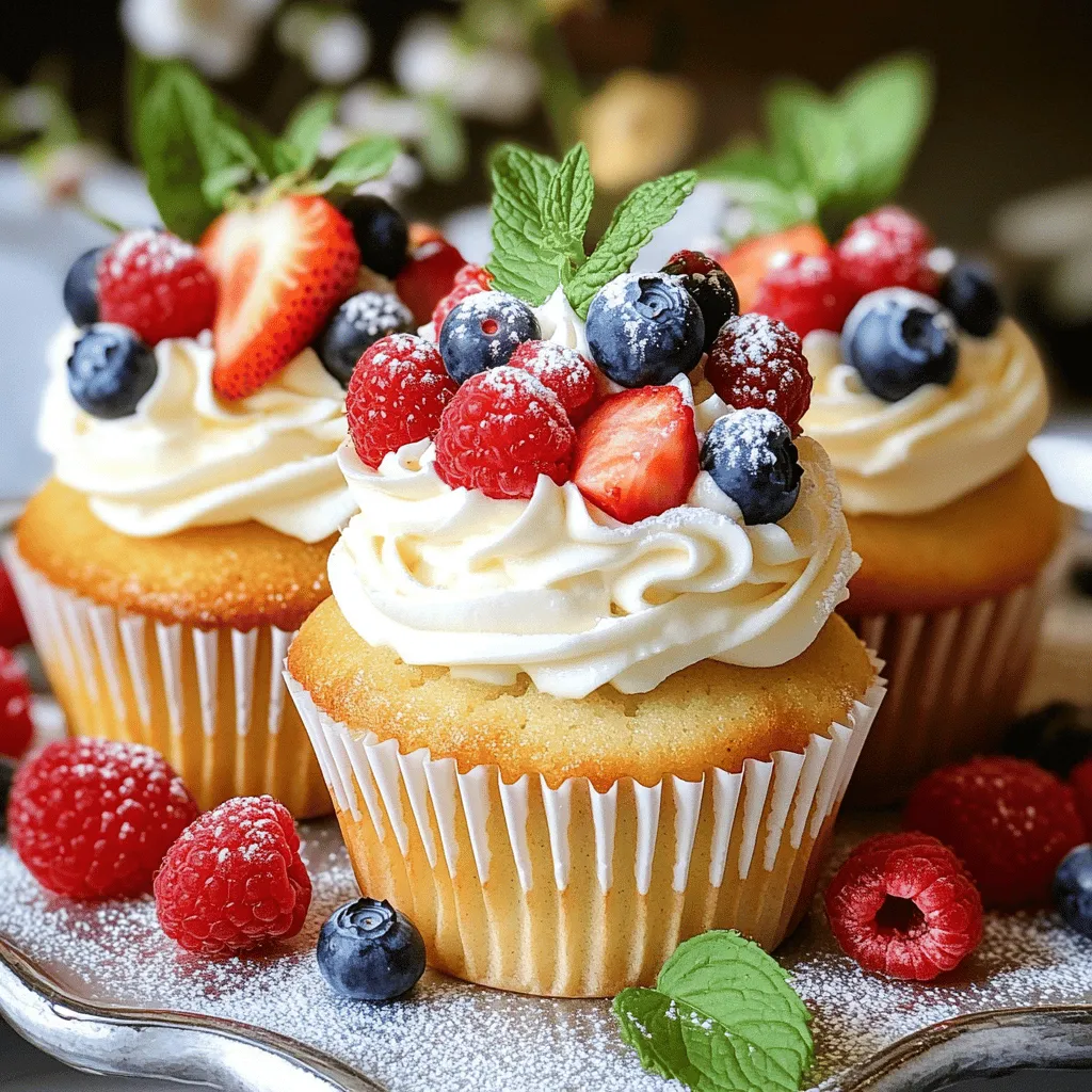 To make these delightful vanilla cupcakes, gather the following ingredients: - 1 ½ cups all-purpose flour - 1 cup granulated sugar - ½ cup unsalted butter, softened at room temperature - 2 large eggs, at room temperature - 1 cup whole milk, at room temperature - 2 teaspoons baking powder - 1 teaspoon pure vanilla extract - ½ teaspoon salt - 1 cup mixed fresh berries (including strawberries, blueberries, and raspberries) - 1 cup whipped cream (store-bought or homemade) - Fresh mint leaves for garnish (optional) You can swap some ingredients to suit your needs. Here are options: - Use gluten-free flour for a gluten-free version. Almond flour or coconut flour works well. - For dairy-free options, try coconut oil instead of butter and almond milk instead of whole milk. - If you want less sugar, consider using honey or maple syrup as a sweetener. Choosing the best berries is key for decoration. Look for these tips: - Strawberries, blueberries, and raspberries are great choices for cupcakes. - When selecting berries, look for bright colors and firm textures. - To wash berries, rinse them gently under cold water. Pat them dry with a clean cloth before using. These steps ensure you make beautiful cupcakes that taste amazing, too! For the full recipe, refer to the delightful vanilla berry bliss cupcakes above. To make great vanilla cupcakes, start by creaming butter and sugar. Use an electric mixer and mix until fluffy and light. This step takes about 3 to 4 minutes. The air you mix in makes the cupcakes soft. Always use room temperature ingredients. Cold butter or eggs will not blend well. Room temperature helps create a smooth batter. It also helps the cupcakes rise better when baked. When mixing dry and wet ingredients, do it right. First, whisk flour, baking powder, and salt in a bowl. Then, add this mix to the butter-sugar mixture. Alternate with whole milk. Start with a bit of flour, mix, and then add milk. Repeat until everything is combined. Be careful not to overmix, as this can make cupcakes tough. Preheat your oven to 350°F (175°C) before baking. Line your cupcake tin with paper liners. This helps with easy removal after baking. Bake the cupcakes for 18 to 20 minutes. To check for doneness, insert a toothpick into the center. If it comes out clean, your cupcakes are ready. Once baked, cool the cupcakes in the tin for about 5 minutes. Then, carefully transfer them to a wire rack. Let them cool completely before frosting. This step is key for a smooth frosting layer. Frosting cupcakes can be fun and easy. Use a spatula or a piping bag for a nice finish. Start from the center and work your way out. For berry decoration, place mixed berries on top of the whipped cream. Use strawberries, blueberries, and raspberries for a colorful look. Cluster them together for a beautiful effect. You can also use fresh mint leaves as a garnish. They add color and a fresh taste. Sprinkle a few around the berries to make your cupcakes shine. For the full recipe, refer to Delightful Vanilla Berry Bliss Cupcakes. - Overmixing the batter: Mixing too much leads to dense cupcakes. Once the dry and wet ingredients combine, stop mixing. A few lumps are okay; they will bake out. - Not cooling cupcakes properly: After baking, let your cupcakes rest in the tin for five minutes. Then, transfer them to a wire rack. Cooling completely helps avoid sogginess when you frost them. - How to store leftover cupcakes: Store your cupcakes in an airtight container. Keep them at room temperature for up to three days. For longer storage, refrigerate them for up to a week. - Best serving methods and platters: Arrange your cupcakes on a colorful platter. For a fancy touch, place them on a cake stand. This adds height and makes your dessert look more appealing. - Adding extracts or essences: To boost flavor, try adding almond or lemon extract to the batter. Just a half teaspoon can make a big difference in taste. - Creative topping ideas beyond berries: Besides berries, consider using chocolate shavings, crushed nuts, or edible flowers. These options add texture and visual interest to your cupcakes. {{image_4}} You can easily change the flavor of your vanilla cupcakes. To add a bright twist, try lemon or almond flavor. Just replace some vanilla extract with lemon zest or a few drops of almond extract. This small change makes a big impact on taste. For a rich dessert, consider adding chocolate or caramel swirls. You can do this by drizzling melted chocolate or caramel into the batter before baking. Swirl it gently with a toothpick for a beautiful marbled effect. This will surprise your guests with every bite. While berries are fantastic, you can mix it up with other fun toppings. Chocolate ganache or buttercream frosting makes a rich base for your cupcakes. Simply pour the ganache over the top or pipe the frosting on for a beautiful look. Seasonal fruit decorations are another great option. In summer, use peaches or cherries. In fall, try using apples or pears. This not only looks nice but also adds fresh flavors that match the season. Cupcakes come in many sizes. For a fun twist, try making mini cupcakes. They are perfect for parties and let guests sample different flavors without too much commitment. Just reduce the baking time to about 10-12 minutes. If you want to impress, make a layered cake version of your vanilla cupcakes. Use the same recipe but bake in round cake pans. Layer them with whipped cream and berries for a showstopper dessert. This keeps the same delightful taste while offering a new presentation. For the full recipe, check the Delightful Vanilla Berry Bliss Cupcakes. To keep your vanilla cupcakes fresh, store them in an airtight container. This method stops air from drying them out. You can refrigerate your cupcakes for up to five days. If you want to keep them longer, freezing is a great option. Wrap each cupcake well in plastic wrap and place them in a freezer bag. They can last up to three months in the freezer. When you're ready to enjoy them, let them thaw in the fridge overnight. If you want to gift these lovely cupcakes, you can make them look nice. Use clear cellophane bags or decorative boxes. Tie them with pretty ribbons for a special touch. Include a note about ingredients and any allergens. This way, the recipient knows what's inside and can enjoy them safely. If you stored your cupcakes and want to refresh them, here’s how. Preheat your oven to 350°F (175°C). Place the cupcakes on a baking sheet and cover them with foil. Heat for about 5-10 minutes. This method helps keep the moisture in. You can also use the microwave. Heat each cupcake for about 10-15 seconds. This keeps them soft and tasty. Enjoy your delightful vanilla berry bliss cupcakes fresh from storage! To make the best vanilla cupcakes, you need a few key secrets. First, use room temperature butter and eggs. This helps create a smooth batter. Second, cream the butter and sugar well. This adds air and makes the cupcakes fluffy. Lastly, do not overmix the batter. Mix just until combined to keep the texture light. These tips ensure moist, fluffy cupcakes that taste amazing. Decorating cupcakes like a pro is all about the right tools and techniques. Start with a good piping bag and a few tips for frosting. A star tip gives beautiful swirls. You can also use a spatula to spread frosting smoothly. For decorations, choose fresh berries and mint leaves. Arrange them nicely on top for a stunning look. Practice makes perfect, so keep trying different styles! Yes, you can use frozen berries for decoration. They are convenient and often less expensive. However, they may release juice when thawed, which can make the cupcakes messy. Fresh berries look better and add vibrant color. If you use frozen, let them thaw and dry before using. Both options have their pros and cons. Choose what works best for you. To tell if your cupcakes are done baking, look for a few signs. First, the tops should look set and slightly golden. Second, a toothpick inserted in the center should come out clean or with a few crumbs. Cupcakes should spring back when lightly pressed. If they are still wet or sink when touched, give them a few more minutes. Keeping an eye on these signs helps you bake perfect cupcakes every time. In this post, I shared the key ingredients and steps for perfect vanilla cupcakes. We explored substitutions and tips for selecting the best berries. I also detailed mistakes to avoid and ways to enhance flavor for unique variations. These insights can help you bake impressive cupcakes with ease. Remember to have fun and enjoy the process. With practice, your baking skills will shine!