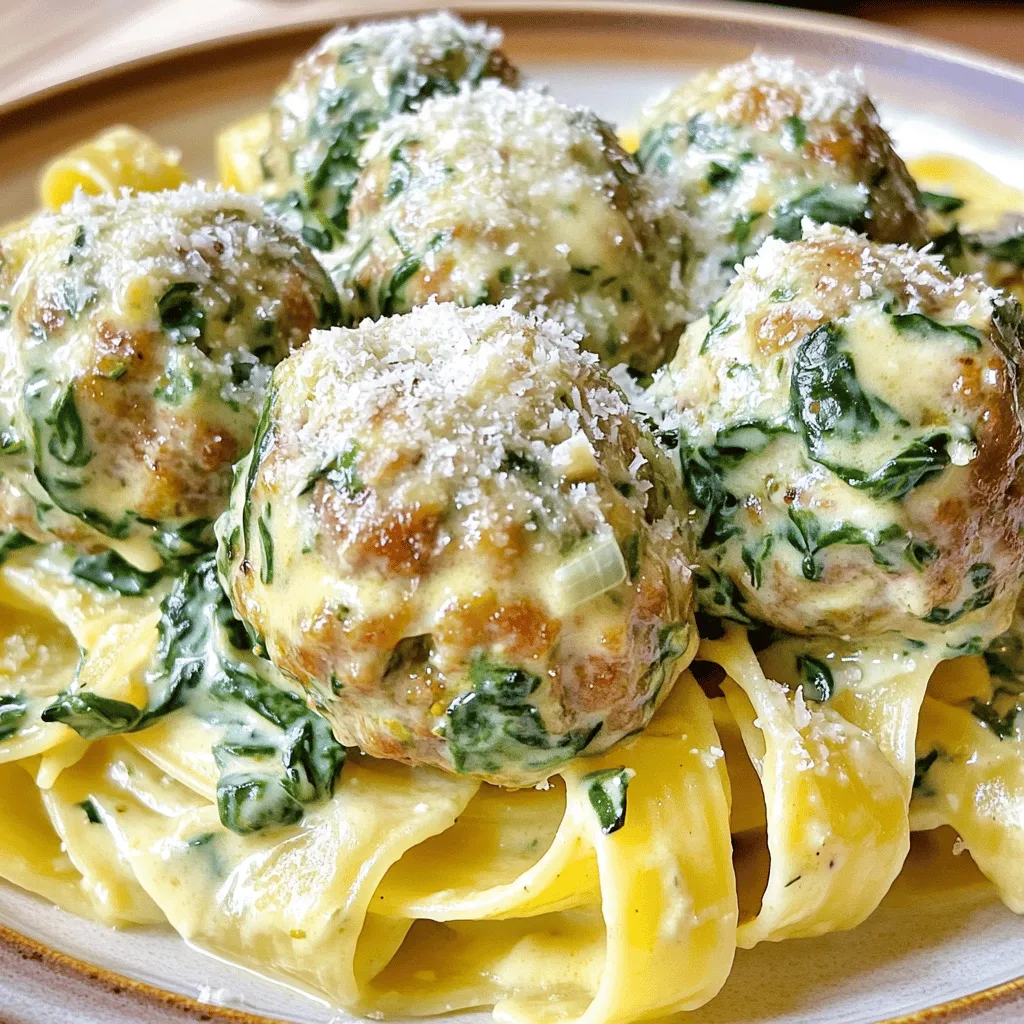 - 1 lb ground turkey - 1 cup fresh spinach, finely chopped - 1/2 cup breadcrumbs These main ingredients form the base of your meatballs. Ground turkey offers lean protein. Fresh spinach adds color and nutrients. Breadcrumbs help bind everything together. - 1/4 cup grated Parmesan cheese - 1/4 cup ricotta cheese - 1 cup heavy cream Parmesan cheese gives a rich flavor. Ricotta adds creaminess and moisture. Heavy cream creates a luscious sauce that coats the meatballs perfectly. - 2 tablespoons olive oil - Salt and pepper - 1/2 cup low-sodium chicken broth Olive oil helps in cooking the meatballs evenly. Salt and pepper enhance taste. Chicken broth adds depth to the creamy sauce, making it extra flavorful. For the full recipe, check out the detailed steps in the next section. Enjoy creating these delicious meatballs! In a large mixing bowl, combine the following ingredients: - 1 lb ground turkey - 1 cup fresh spinach, finely chopped - 1/2 cup breadcrumbs - 1/4 cup grated Parmesan cheese - 1/4 cup ricotta cheese - 1 large egg, beaten - 2 cloves garlic, minced - 1 teaspoon onion powder - 1 teaspoon Italian seasoning - Salt and freshly ground pepper, to taste Mix these ingredients well. You want an even blend for the best flavor. Next, shape the mixture into meatballs about the size of golf balls. Place them on a baking sheet, giving each meatball space to cook evenly. Now, preheat your oven to 400°F (200°C). This step is key for crispy meatballs. Once the oven is ready, bake the meatballs for 20 to 25 minutes. They should be golden brown and fully cooked. To check for doneness, use a meat thermometer. The center should reach 165°F (75°C). While the meatballs bake, prepare the creamy sauce. In a medium skillet over medium heat, combine: - 1 cup heavy cream - 1/2 cup low-sodium chicken broth Stir gently and bring it to a gentle simmer. Add in 1/2 teaspoon freshly grated nutmeg and season with salt and pepper to taste. Let the sauce simmer for about 5 to 7 minutes. This helps it thicken slightly. Once the meatballs are done, move them to the skillet with the sauce. Stir gently for another 2 to 3 minutes until everything is heated through. This method keeps the meatballs juicy and flavorful. For the full recipe, check out the complete instructions. To make the best meatballs, focus on texture. Use ground turkey with some fat for moistness. Mix in finely chopped spinach, breadcrumbs, and cheeses. This mix holds moisture well. Keep your hands wet while shaping to avoid sticking. Avoid drying out your meatballs by not overcooking them. Bake until they are just cooked through. Check with a meat thermometer; they should reach 165°F. This ensures a juicy bite every time. You can add more flavor to your creamy sauce. Try adding minced shallots or sautéed mushrooms. Fresh herbs like basil or thyme also boost taste. A splash of lemon juice can brighten the sauce too. If your sauce is too thick, add a bit more chicken broth or cream. Stir it in slowly until it reaches your desired consistency. If it’s too thin, let it simmer longer to thicken. For the best pasta pairings, choose shapes that hold sauce well. Penne, rigatoni, or spaghetti work great. You can also serve meatballs over zucchini noodles for a lighter dish. Garnishing is simple yet impactful. Top your dish with extra Parmesan cheese and chopped fresh herbs. A sprinkle of black pepper adds a nice touch too. Serve with crusty bread to soak up that delicious creamy sauce. For the full recipe, check out the details provided above. {{image_4}} You can change up the main ingredient. Instead of ground turkey, try ground chicken or beef. These options bring different flavors and textures, making the dish your own. If you want a plant-based version, use lentils or mushrooms as a base. They hold together well and add a nice taste. You can also add different greens. Kale or Swiss chard work great in this recipe. These greens can give a unique twist and boost nutrition. Just make sure to chop them finely, so they blend well with the meatball mixture. If you want a lighter sauce, mix Greek yogurt with chicken broth instead of heavy cream. This change cuts fat but keeps the creaminess you love. You can also add herbs like dill or basil for extra flavor. For dairy-free options, use coconut milk or almond cream. These alternatives still offer a rich texture. They also give the sauce a slightly different taste, which can be fun to try. You can serve these meatballs with rice or quinoa for a wholesome meal. Both grains soak up the sauce nicely, adding flavor to every bite. They also make the dish more filling. Another fun idea is to create meatball subs. Place the meatballs in a soft roll and top with your favorite sauce and cheese. This makes for a tasty lunch or dinner option. You can find the full recipe at the end to get started with these variations! To store leftover meatballs, place them in an airtight container. You can also use a resealable bag. Make sure to let them cool down first. This way, they can stay fresh longer. To keep them fresh, use them within three days. If you see any signs of spoilage, like an off smell, it's best to discard them. To freeze your meatballs, first let them cool completely. Then, lay them out on a baking sheet in a single layer. Once frozen, you can transfer them to a freezer bag. This method helps them keep their shape. For thawing, place them in the fridge overnight. If you're in a hurry, you can thaw them in the microwave. When reheating, make sure they reach an internal temperature of 165°F. In the fridge, these meatballs last about three days. If you freeze them, they can last up to three months. Just remember to label the bag with the date. This way, you won't forget when you made them! To check if the meatballs are done, use a meat thermometer. The center should reach 165°F. If you don't have a thermometer, cut one open. The meat should no longer be pink and juices should run clear. This ensures they are safe to eat. Yes, you can use frozen spinach! Just make sure to thaw and drain it first. Frozen spinach has a different texture but will still taste great. Fresh spinach gives a brighter flavor, while frozen is easy and convenient. These meatballs pair well with many sides. Here are some ideas: - Pasta: Serve over spaghetti or penne for a classic dish. - Rice: Fluffy rice absorbs all that creamy sauce. - Salad: A crisp salad adds freshness and crunch. - Bread: Crusty bread is perfect for dipping in the sauce. To make this recipe gluten-free, swap regular breadcrumbs for gluten-free breadcrumbs. Make sure all ingredients, like the broth and seasonings, are gluten-free. This way, everyone can enjoy the meal. You can prepare these meatballs in advance! Shape them and store them in the fridge for up to 24 hours. You can also freeze them for longer storage. Just thaw before cooking. Reheat in the oven or skillet until warm. Check the full recipe for more details. This recipe combines fresh ingredients for tasty turkey meatballs in a creamy sauce. We covered the main and additional ingredients, how to cook them, and tips for the best results. You can customize the recipe with alternatives and serve it your way. Store leftovers easily for later enjoyment. With these steps, you can create a delicious dish that fits any diet or preference. Dive in and enjoy your cooking experience!
