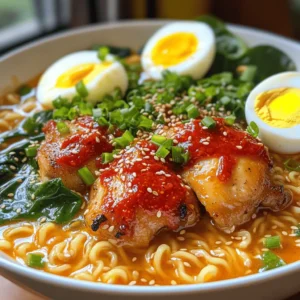 When you make Fiery Chicken Ramen with Creamy Garlic Sauce, having the right ingredients is key. Here’s what you will need: - 2 boneless chicken thighs, sliced into thin strips - 2 packs of instant ramen noodles - 4 cups of low-sodium chicken broth - 2 tablespoons soy sauce - 1 tablespoon sesame oil - 1 tablespoon chili paste - 1 teaspoon fresh ginger, grated - 4 cloves garlic, minced - 1 tablespoon cornstarch mixed with 2 tablespoons of cold water - 1 cup baby spinach - 2 green onions, finely chopped - 1 soft-boiled egg, for garnish - Sesame seeds, for garnish - Salt and freshly ground pepper, to taste These ingredients blend together to create a rich, spicy bowl of ramen. The chicken thighs add great flavor and juiciness. Instant ramen noodles make it quick and easy. Each item plays a role in building layers of taste, from the garlic to the chili paste. Using low-sodium broth is smart for flavor control. It allows you to adjust the saltiness to your liking. The fresh ginger and garlic bring a warm aroma that fills your kitchen. Don’t forget the baby spinach! It adds a nice pop of color and nutrients. The soft-boiled egg on top is not just pretty; it’s creamy and delicious. You can find the full recipe to see how all these ingredients come together for a mouthwatering meal. - Combine chicken thighs with soy sauce, sesame oil, chili paste, and ginger. - Let marinate for a minimum of 15 minutes. First, grab your mixing bowl and place the sliced chicken thighs inside. The soy sauce adds saltiness, while sesame oil gives a nutty flavor. Chili paste brings a nice heat. Grate fresh ginger for a zing. Mix it all well, so each piece is coated. Cover it and let it sit. This helps the chicken soak up all the great flavors. - Sauté marinated chicken in a pot until browned. - Transfer cooked chicken to a plate. Now, heat a large pot on medium-high heat. Add a splash of sesame oil and wait for it to warm. Once hot, add the marinated chicken. Sauté for about 5 to 7 minutes. You want it browned and cooked through. When done, move the chicken to a plate. This step keeps the chicken juicy and tasty. - Sauté garlic in the same pot and add chicken broth. - Boil then add ramen noodles per package instructions. In the same pot, toss in minced garlic. Sauté for 1 to 2 minutes until it smells amazing. Next, pour in the chicken broth and crank up the heat. Bring it to a boil. Once it’s boiling, add the instant ramen noodles. Cook them according to the package instructions, usually about 3 to 4 minutes. The noodles will soak up the broth’s flavor. - Stir in cornstarch slurry; cook until broth thickens. While the noodles cook, make the broth thicker. In a small bowl, mix cornstarch with cold water. Gradually stir this mixture into the boiling broth. Keep stirring for another 2 minutes. This will make your soup rich and smooth. - Return chicken to pot, add baby spinach, and adjust seasoning. - Serve and garnish with toppings. Once the broth is thickened, return the cooked chicken back to the pot. Add the baby spinach and gently fold it in. It will wilt in about a minute. Now, taste the broth and adjust with salt and pepper to your liking. Finally, ladle the ramen into bowls. Top with a soft-boiled egg, green onions, and sesame seeds for that perfect finish. For the full recipe, check out the complete guide to making this delicious dish! - Ensure even marination for flavor enhancement. This makes a big difference in taste. - Keep heat medium-high for optimal chicken browning. It gives a nice sear and flavor. - Serve in deep bowls with toppings strategically arranged. This makes your dish look great. - Use a soft-boiled egg to enhance visual appeal. The creamy yolk adds beauty and taste. - Adjust chili paste for desired spice levels. Add more or less based on your taste. - Salt and pepper to taste for seasoning perfection. This helps balance all the flavors. For more details and instructions, check the Full Recipe. {{image_4}} You can easily switch out the chicken for tofu or extra veggies. Tofu absorbs flavors well. Cut firm tofu into cubes and marinate it like chicken. Use bell peppers, carrots, or mushrooms for added crunch. This option is colorful and healthy. It still gives a rich taste without meat. If you love heat, add more chili paste. Start with an extra half tablespoon. Mix it well into the broth. Taste it as you go to find the right balance. This spicy version will warm you up and make your taste buds dance. It’s perfect for those who crave a fiery kick. For a new flavor twist, try miso or vegetable broth. Miso offers a deep umami taste. It pairs well with the creamy garlic sauce. Vegetable broth gives a lighter touch. You can mix and match to your liking. Experimenting with different broths can lead to exciting meals. Try these variations for a fresh take on the classic dish. For the full recipe, check out the complete guide on Fiery Chicken Ramen with Creamy Garlic Sauce. Store any leftovers in an airtight container. They will stay fresh for up to 3 days. This keeps the flavors locked in and the chicken tender. You can freeze this ramen dish. However, keep in mind that noodles may lose their nice texture when you thaw them. If you want to freeze it, I suggest cooking the noodles fresh when you reheat the ramen. To reheat, gently warm the ramen on the stove. This method helps to keep the broth's quality intact. Stir it slowly to avoid burning the bottom. Enjoy every slurp of that flavorful broth! You can find the full recipe for this tasty dish above. You can make this dish gluten-free by swapping traditional ramen for gluten-free noodles. Instead of soy sauce, use tamari. This keeps the flavor but removes gluten. Absolutely! You can add mushrooms, bok choy, or carrots. They will add texture and flavor. Feel free to get creative with your veggie choices. Serve the ramen right after cooking. This keeps the noodles tender and the broth hot. Freshness is key to enjoying this dish. Yes, you can use pre-cooked chicken. Just skip the marinating step. Add it directly to the broth for a quicker meal. Great side dishes include edamame or a simple cucumber salad. They complement the ramen well and add a fresh crunch to your meal. This recipe combines simple steps with tasty ingredients to create a delicious ramen dish. You learned how to marinate chicken, prepare broth, and garnish your meal for a special touch. Remember, cooking is a chance to be creative. Feel free to adjust the spice and add your favorite veggies. Enjoy this warm bowl of comfort, and share it with friends or family. It’s perfect for any night you crave something hearty and satisfying. Happy cooking!