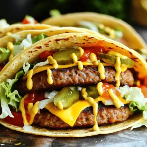 - 1 lb ground beef (80/20 blend for optimal juiciness) - 4 small corn tortillas (preferably fresh) - 1 cup shredded iceberg lettuce (lightly packed) - 1/2 cup diced tomatoes (fresh and ripe) - 1/4 cup finely chopped onion (white or red, based on preference) - 1/2 cup sliced pickles (dill for the classic taste) - 1/2 cup American cheese, shredded (or substitute with your choice of cheese) These are the key ingredients for your Big Mac Style Smash Burger Tacos. The ground beef gives a juicy bite, while the fresh veggies add crunch and flavor. The tortillas hold everything together and provide a great base. - 1/4 cup mayonnaise (preferably full-fat for creaminess) - 1 tablespoon yellow mustard (a classic addition) - 1 tablespoon ketchup (adjust to taste) - 1 tablespoon dill pickle relish (for that tangy kick) - Salt and pepper to taste The special sauce makes these tacos shine. It brings a creamy texture and tangy flavor that ties everything together. Adjust the ketchup to suit your taste. You can even add a bit of hot sauce for a kick. If you want to switch things up, here are some swaps: - Use turkey or chicken instead of beef for a leaner option. - Swap corn tortillas for flour tortillas if you prefer a softer bite. - Try different cheese types like cheddar or pepper jack for a new taste. These swaps let you customize your tacos to fit your taste. Each change can add a unique twist to this fun meal. For the full recipe, follow the instructions closely to get the best results! Start by mixing the sauce. In a small bowl, combine mayonnaise, yellow mustard, ketchup, and dill pickle relish. Stir until smooth. This creamy sauce adds a rich flavor to the tacos. Set it aside so the flavors can blend nicely while you prepare the rest. Next, take the ground beef and divide it into four equal parts. Shape each part into a loose ball, about the size of a golf ball. Avoid pressing too hard; you want them tender. Season each ball with salt and pepper. This simple step boosts the taste of your burgers. Heat a large skillet over medium-high heat. Add a splash of cooking oil. Wait until the oil shimmers; this means it's hot. Place the beef balls in the skillet, giving them some space. Use a sturdy spatula to smash each ball flat. Aim for about 1/2 inch thick. Cook for 3-4 minutes until a golden crust forms. This step is key to getting that delicious crunch. As the patties finish cooking, warm the corn tortillas in a separate pan for about 30 seconds on each side. Now it's time to put it all together! On each tortilla, place a cheesy smashed burger patty. Top it with shredded lettuce, diced tomatoes, chopped onion, and sliced pickles. Drizzle your prepared sauce all over the fillings. This makes each bite packed with flavor. For the full recipe, check out the [Full Recipe]. Enjoy every bite of your Big Mac Style Smash Burger Tacos! To make juicy burgers, start with ground beef that has a higher fat content. I suggest using an 80/20 blend. This mix gives you the right balance of meat and fat. Don't overwork the meat when shaping the patties. Keep them loose and light. This helps them stay tender. Season with salt and pepper just before cooking. This adds flavor without drying them out. Heat your skillet over medium-high heat before adding the patties. The oil should shimmer, showing it's hot enough. When you smash the patties, they should sizzle. Cook them for about 3-4 minutes on one side. A golden-brown crust means they're ready to flip. After flipping, add cheese right away. This allows it to melt perfectly. Keep an eye on the cooking time to avoid overcooking. Serve your Big Mac Style Smash Burger Tacos with extra toppings. Chopped jalapeños can add a spicy kick. Avocado slices bring creaminess and flavor. You can also offer salsa or hot sauce on the side. Pair your tacos with crispy chips for a fun crunch. Enjoy them with a refreshing drink, like lemonade or iced tea. For a twist, add a side salad with lime dressing. This balances the richness of the tacos well. {{image_4}} You can switch up the beef for other proteins. Ground turkey or chicken works well. If you prefer a lighter touch, try lean ground beef. For a fun flavor, use pork. Each option brings its unique taste to the tacos. Just remember to season well. For a meat-free version, use black beans or lentils. Both options are hearty and full of flavor. You can also use veggie burger patties. They are easy to find in stores or make at home. Just ensure they are cooked well and seasoned to your liking. For a vegan sauce, swap mayo with avocado or a vegan mayo. Do you want to spice things up? Add chili powder or smoked paprika to the beef. It gives a nice kick to your tacos. You could also mix in chopped jalapeños for more heat. If you like a sweet touch, try caramelized onions or sautéed bell peppers. Each twist expands flavor and makes your tacos unique. For more ideas, check out the Full Recipe. You may have some tacos left after a fun meal. To store them, wrap each taco tightly in foil or plastic wrap. This keeps them fresh and prevents them from drying out. Place the wrapped tacos in an airtight container. They will stay good in the fridge for up to 3 days. If you want to enjoy them later, make sure to store the sauce separately. When you are ready to eat your leftover tacos, reheating is key. The best way to reheat them is on the stovetop. Heat a skillet over medium heat. Unwrap the tacos and place them in the skillet for about 2-3 minutes on each side. This warms them up and gets them crispy again. If you are in a hurry, you can use the microwave. Just heat them for 30-45 seconds. However, they may not be as crispy. If you want to save some tacos for later, freezing is a great option. Start by wrapping each taco in plastic wrap. Then place them in a freezer-safe bag or container. Be sure to squeeze out as much air as possible. You can freeze the tacos for up to 2 months. When you are ready to eat, thaw them in the fridge overnight. Then reheat as mentioned above. This way, you can enjoy Big Mac Style Smash Burger Tacos anytime! For the complete recipe, check out the Full Recipe. You can make a tasty sauce without mayonnaise by using Greek yogurt. Mix equal parts yogurt with mustard and ketchup. Add dill relish for a tangy kick. This swap keeps the creaminess while cutting some fat. Yes, flour tortillas work great for these tacos. They are soft and easy to fold. However, corn tortillas give a nice crunch and flavor. Choose what you like best! Feel free to add your favorite toppings! Consider avocado slices for creaminess, jalapeños for heat, or salsa for a fresh taste. Other options include cheese sauce or hot sauce to spice things up. To cook burgers evenly, use a hot skillet and don't crowd the pan. Smash each patty down to a uniform thickness. This helps them cook at the same rate. Flip them carefully to keep their shape. American cheese is the classic choice for its meltiness. However, you can also use cheddar for a sharper taste. Pepper jack adds heat, while mozzarella gives a stretchy texture. Choose your cheese based on your flavor preference! For the full recipe, check out the Big Mac Style Smash Burger Tacos section. You learned how to make Big Mac Style Smash Burger Tacos with fun and easy steps. We discussed the right ingredients, great cooking tips, and how to enjoy leftovers. Remember to try different proteins or toppings to switch things up. Keep the cooking temps in mind for juicy burgers. Enjoying these tacos is easy. Share your tasty creations with friends and family. Cooking should be fun, so experiment and make these tacos your own!