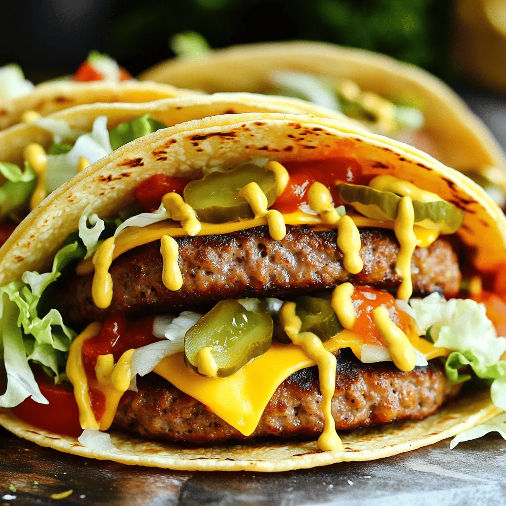 - 1 lb ground beef (80/20 blend for optimal juiciness) - 4 small corn tortillas (preferably fresh) - 1 cup shredded iceberg lettuce (lightly packed) - 1/2 cup diced tomatoes (fresh and ripe) - 1/4 cup finely chopped onion (white or red, based on preference) - 1/2 cup sliced pickles (dill for the classic taste) - 1/2 cup American cheese, shredded (or substitute with your choice of cheese) These are the key ingredients for your Big Mac Style Smash Burger Tacos. The ground beef gives a juicy bite, while the fresh veggies add crunch and flavor. The tortillas hold everything together and provide a great base. - 1/4 cup mayonnaise (preferably full-fat for creaminess) - 1 tablespoon yellow mustard (a classic addition) - 1 tablespoon ketchup (adjust to taste) - 1 tablespoon dill pickle relish (for that tangy kick) - Salt and pepper to taste The special sauce makes these tacos shine. It brings a creamy texture and tangy flavor that ties everything together. Adjust the ketchup to suit your taste. You can even add a bit of hot sauce for a kick. If you want to switch things up, here are some swaps: - Use turkey or chicken instead of beef for a leaner option. - Swap corn tortillas for flour tortillas if you prefer a softer bite. - Try different cheese types like cheddar or pepper jack for a new taste. These swaps let you customize your tacos to fit your taste. Each change can add a unique twist to this fun meal. For the full recipe, follow the instructions closely to get the best results! Start by mixing the sauce. In a small bowl, combine mayonnaise, yellow mustard, ketchup, and dill pickle relish. Stir until smooth. This creamy sauce adds a rich flavor to the tacos. Set it aside so the flavors can blend nicely while you prepare the rest. Next, take the ground beef and divide it into four equal parts. Shape each part into a loose ball, about the size of a golf ball. Avoid pressing too hard; you want them tender. Season each ball with salt and pepper. This simple step boosts the taste of your burgers. Heat a large skillet over medium-high heat. Add a splash of cooking oil. Wait until the oil shimmers; this means it's hot. Place the beef balls in the skillet, giving them some space. Use a sturdy spatula to smash each ball flat. Aim for about 1/2 inch thick. Cook for 3-4 minutes until a golden crust forms. This step is key to getting that delicious crunch. As the patties finish cooking, warm the corn tortillas in a separate pan for about 30 seconds on each side. Now it's time to put it all together! On each tortilla, place a cheesy smashed burger patty. Top it with shredded lettuce, diced tomatoes, chopped onion, and sliced pickles. Drizzle your prepared sauce all over the fillings. This makes each bite packed with flavor. For the full recipe, check out the [Full Recipe]. Enjoy every bite of your Big Mac Style Smash Burger Tacos! To make juicy burgers, start with ground beef that has a higher fat content. I suggest using an 80/20 blend. This mix gives you the right balance of meat and fat. Don't overwork the meat when shaping the patties. Keep them loose and light. This helps them stay tender. Season with salt and pepper just before cooking. This adds flavor without drying them out. Heat your skillet over medium-high heat before adding the patties. The oil should shimmer, showing it's hot enough. When you smash the patties, they should sizzle. Cook them for about 3-4 minutes on one side. A golden-brown crust means they're ready to flip. After flipping, add cheese right away. This allows it to melt perfectly. Keep an eye on the cooking time to avoid overcooking. Serve your Big Mac Style Smash Burger Tacos with extra toppings. Chopped jalapeños can add a spicy kick. Avocado slices bring creaminess and flavor. You can also offer salsa or hot sauce on the side. Pair your tacos with crispy chips for a fun crunch. Enjoy them with a refreshing drink, like lemonade or iced tea. For a twist, add a side salad with lime dressing. This balances the richness of the tacos well. {{image_4}} You can switch up the beef for other proteins. Ground turkey or chicken works well. If you prefer a lighter touch, try lean ground beef. For a fun flavor, use pork. Each option brings its unique taste to the tacos. Just remember to season well. For a meat-free version, use black beans or lentils. Both options are hearty and full of flavor. You can also use veggie burger patties. They are easy to find in stores or make at home. Just ensure they are cooked well and seasoned to your liking. For a vegan sauce, swap mayo with avocado or a vegan mayo. Do you want to spice things up? Add chili powder or smoked paprika to the beef. It gives a nice kick to your tacos. You could also mix in chopped jalapeños for more heat. If you like a sweet touch, try caramelized onions or sautéed bell peppers. Each twist expands flavor and makes your tacos unique. For more ideas, check out the Full Recipe. You may have some tacos left after a fun meal. To store them, wrap each taco tightly in foil or plastic wrap. This keeps them fresh and prevents them from drying out. Place the wrapped tacos in an airtight container. They will stay good in the fridge for up to 3 days. If you want to enjoy them later, make sure to store the sauce separately. When you are ready to eat your leftover tacos, reheating is key. The best way to reheat them is on the stovetop. Heat a skillet over medium heat. Unwrap the tacos and place them in the skillet for about 2-3 minutes on each side. This warms them up and gets them crispy again. If you are in a hurry, you can use the microwave. Just heat them for 30-45 seconds. However, they may not be as crispy. If you want to save some tacos for later, freezing is a great option. Start by wrapping each taco in plastic wrap. Then place them in a freezer-safe bag or container. Be sure to squeeze out as much air as possible. You can freeze the tacos for up to 2 months. When you are ready to eat, thaw them in the fridge overnight. Then reheat as mentioned above. This way, you can enjoy Big Mac Style Smash Burger Tacos anytime! For the complete recipe, check out the Full Recipe. You can make a tasty sauce without mayonnaise by using Greek yogurt. Mix equal parts yogurt with mustard and ketchup. Add dill relish for a tangy kick. This swap keeps the creaminess while cutting some fat. Yes, flour tortillas work great for these tacos. They are soft and easy to fold. However, corn tortillas give a nice crunch and flavor. Choose what you like best! Feel free to add your favorite toppings! Consider avocado slices for creaminess, jalapeños for heat, or salsa for a fresh taste. Other options include cheese sauce or hot sauce to spice things up. To cook burgers evenly, use a hot skillet and don't crowd the pan. Smash each patty down to a uniform thickness. This helps them cook at the same rate. Flip them carefully to keep their shape. American cheese is the classic choice for its meltiness. However, you can also use cheddar for a sharper taste. Pepper jack adds heat, while mozzarella gives a stretchy texture. Choose your cheese based on your flavor preference! For the full recipe, check out the Big Mac Style Smash Burger Tacos section. You learned how to make Big Mac Style Smash Burger Tacos with fun and easy steps. We discussed the right ingredients, great cooking tips, and how to enjoy leftovers. Remember to try different proteins or toppings to switch things up. Keep the cooking temps in mind for juicy burgers. Enjoying these tacos is easy. Share your tasty creations with friends and family. Cooking should be fun, so experiment and make these tacos your own!