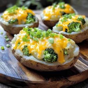 - 4 large russet potatoes - 1 cup broccoli florets, steamed until tender - 1 cup sharp cheddar cheese, freshly grated - 1/2 cup sour cream - 1/4 cup milk (whole or 2%) - 2 tablespoons unsalted butter - 1 teaspoon garlic powder - Salt and freshly ground black pepper to taste - 2 tablespoons green onions, finely chopped (for garnish) To make Broccoli and Cheddar Twice-Baked Potatoes, focus on quality ingredients. The russet potatoes should be large and firm. This makes for a better texture when baked. Fresh broccoli florets add a bright color and a nutritious touch. I always choose sharp cheddar cheese for its strong flavor. It really makes the dish pop. When it comes to the additional ingredients, sour cream adds creaminess. Milk helps to keep the filling smooth. Butter gives richness and flavor. Garlic powder provides a warm taste without being overpowering. Don't forget the salt and pepper; they enhance all the flavors in this dish. Finally, green onions bring a fresh crunch as a garnish. Using these ingredients will ensure your potatoes are a tasty delight. For the complete cooking method, check the Full Recipe. 1. Preheat your oven to 400°F (200°C). 2. Wash the large russet potatoes well. Use a fork to pierce them several times. This lets steam escape. 3. Place the potatoes on a baking sheet and bake for 45-60 minutes. They should be fork-tender when done. 1. While the potatoes bake, get ready to steam the broccoli florets. 2. Steam the florets until they are tender, which takes about 5-7 minutes. 3. Once done, chop the broccoli into small pieces and set them aside. 1. After the potatoes are baked, let them cool for about 10 minutes. This makes them easier to handle. 2. Cut each potato in half lengthwise. Scoop out the insides into a bowl, leaving about 1/4 inch of potato in the skin. 3. In the bowl, mix the scooped potatoes with sour cream, butter, milk, garlic powder, and half of the grated cheddar cheese. 4. Use a potato masher or fork to blend everything. The mix should be smooth and creamy. 5. Gently fold in the chopped broccoli. Season with salt and freshly ground pepper to taste. 1. Spoon the creamy filling back into the potato skins. Mound it generously. 2. Sprinkle the remaining cheddar cheese on top of each filled potato. 1. Put the filled potatoes back in the oven. Bake for an additional 15-20 minutes. 2. The cheese should be melted, bubbly, and lightly golden. 3. When done, sprinkle with chopped green onions before serving. For the full recipe, check out the main article. - Use freshly grated cheese for better melting. Pre-grated cheese often has anti-caking agents, which can affect how it melts. - Avoid over-steaming the broccoli. Steaming for 5-7 minutes keeps the broccoli tender but firm. Overcooking makes it mushy and less flavorful. - Serve with a side salad or grilled protein. This adds balance and makes the meal more filling. - Pair with a creamy dressing or sour cream. A drizzle of sour cream enhances the dish's richness and adds creaminess. - Experiment with different cheese varieties or spices. Try gouda, pepper jack, or even feta for a fun twist. - Add crispy bacon bits or cooked sausage to the filling. This boosts flavor and adds texture, making each bite more exciting. For more details on how to craft these delightful potatoes, check the Full Recipe. {{image_4}} You can easily make this dish vegetarian. Just swap the cheddar for vegan cheese or use nutritional yeast. Nutritional yeast adds a cheesy flavor without dairy. You still get that creamy feel while keeping it plant-based. This change makes the dish friendly for everyone. Looking for healthier choices? Replace sour cream with Greek yogurt. Greek yogurt adds creaminess and protein. It also cuts down on fat. You can also switch out russet potatoes for sweet potatoes. Sweet potatoes bring a sweet taste and more nutrients. They add a unique flavor twist that surprises your taste buds. Want to take the flavor up a notch? Add sautéed onions, peppers, or mushrooms to your filling. These veggies bring extra taste and texture. You can also mix in some herbs like thyme or chives. Fresh herbs brighten the dish and enhance the overall flavor. Each bite will be a tasty delight! For the complete recipe, check out the [Full Recipe]. Store any leftovers in an airtight container. They will stay fresh in the fridge for up to 3 days. This helps maintain flavor and texture, so you enjoy every bite later. For the best results, reheat in the oven at 350°F (175°C). This method warms your potatoes evenly, keeping them soft and cheesy. Avoid using the microwave, as it can make them soggy. You can freeze prepared filled potatoes for up to 2 months. To do this, wrap each potato in plastic wrap and then place them in a freezer bag. Thaw in the fridge before reheating to keep them tasty. Yes, other vegetables like spinach, carrots, or cauliflower work well too. You can mix and match based on your taste. For a fun twist, try adding some sautéed bell peppers or even kale. Each veggie brings its own flavor and texture, making the dish unique. The initial baking takes 45-60 minutes, plus an additional 15-20 minutes after filling. Make sure to check the potatoes by piercing them with a fork. They should feel soft. This ensures a fluffy texture for the filling. Greek yogurt or cottage cheese can be good substitutes for a lighter option. Both add creaminess without the extra fat. Greek yogurt gives a nice tang, while cottage cheese adds a rich texture. You can even mix them for a unique taste. Ensure all ingredients, including cheese and sour cream, are gluten-free. Check labels carefully, as some brands may include gluten. Using gluten-free cheese and sour cream keeps the dish safe for those with gluten sensitivities. Enjoying this tasty delight without worry is key! In this article, we explored how to make delicious stuffed baked potatoes. We covered the key ingredients, from russet potatoes and broccoli to sharp cheddar cheese. The step-by-step instructions made it easy to prepare, fill, and bake your potatoes perfectly. You also learned helpful tips for texture and serving ideas. Lastly, we looked at tasty variations and storage options. Now, you have the tools to create satisfying meals that delight. Enjoy cooking and experimenting with your favorite flavors!