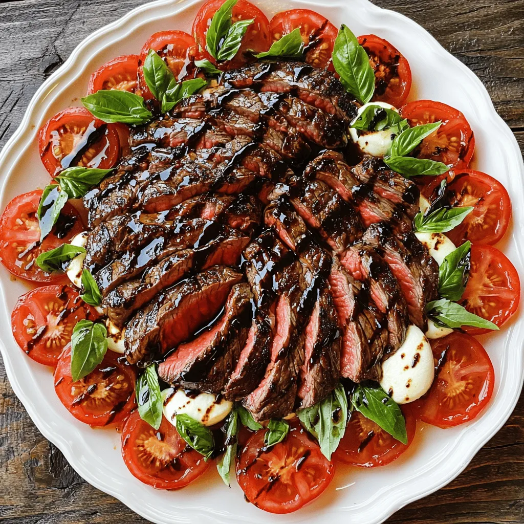 To make the Balsamic Grilled Flank Steak Caprese, you need the following ingredients: - 1 lb flank steak - 1/2 cup balsamic vinegar - 2 tablespoons extra virgin olive oil - 2 cloves garlic, finely minced - 1 tablespoon Dijon mustard - Salt and freshly ground black pepper, to taste - 2 large ripe tomatoes, sliced into thick rounds - 1 cup fresh mozzarella, sliced into 1/4-inch rounds - 1/2 cup fresh basil leaves, washed and dried - 1 tablespoon honey (optional for added sweetness) Using fresh, quality ingredients makes a big difference. The flank steak needs to be tender and flavorful. Balsamic vinegar adds a rich and tangy taste that complements the steak perfectly. When you mix in garlic and Dijon mustard, you create a marinade that truly shines. Fresh tomatoes and mozzarella bring a classic Caprese vibe to the dish. The basil leaves add a fresh touch and lovely aroma. Optionally, honey can balance the tanginess, making each bite even better. I recommend using the Full Recipe to guide you through each step of this delicious dish. - Mixing the ingredients In a mixing bowl, combine: - 1/2 cup balsamic vinegar - 2 tablespoons extra virgin olive oil - 2 cloves garlic, finely minced - 1 tablespoon Dijon mustard - Salt and freshly ground black pepper, to taste - Optional: 1 tablespoon honey for added sweetness Whisk these together until smooth. This mixture will give your steak a rich flavor. - Marinating the flank steak Place 1 lb of flank steak in a resealable plastic bag or a shallow dish. Pour the marinade over the steak, ensuring it is fully coated. Seal the bag or cover the dish, then refrigerate. Marinate for at least 1 hour, but overnight is best for deeper flavor. - Preheating the grill Preheat your grill or grill pan to medium-high heat. This step is key for a nice sear on the meat. - Grilling time for doneness options Remove the flank steak from the marinade and discard the leftover marinade. Grill the flank steak for about 5-7 minutes on each side for medium-rare. For a precise check, use a meat thermometer. Aim for around 135°F (57°C) for medium-rare. - Resting the steak post-grilling Once grilled, transfer the steak to a cutting board. Let it rest for 5-7 minutes. This helps the juices redistribute, making your steak tender and juicy. - Slicing the steak After resting, slice the steak against the grain into thin strips. This ensures each bite is tender. - Layering with tomatoes and mozzarella On a large serving platter, arrange the sliced steak. Alternate layers with thick rounds of fresh tomatoes and fresh mozzarella. - Adding fresh basil and drizzling balsamic Tuck fresh basil leaves between the layers for added flavor. Finally, drizzle some balsamic vinegar or glaze over the top for a beautiful finish. For the full recipe, check the detailed instructions above. To get the best doneness for your flank steak, use a meat thermometer. This tool helps you check the steak’s internal temperature. For medium-rare, aim for 135°F (57°C). Cooking times can vary, but here are some guidelines: - Medium-rare: 5-7 minutes per side - Medium: 7-9 minutes per side - Well-done: 9-11 minutes per side Adjust these times based on your grill and the thickness of the steak. Want to boost the flavor? Consider adding honey to the marinade. This brings a sweet touch that balances the tangy balsamic. You can also drizzle some extra balsamic glaze over the assembled dish for added richness. It not only tastes great but looks nice too. For a stunning presentation, arrange the steak, tomatoes, and mozzarella nicely on a platter. Alternate the layers for a colorful display. Tuck fresh basil leaves in between layers for extra flavor. Finally, garnish with more basil and drizzle additional balsamic glaze on top. This makes your dish look as good as it tastes. You can find the full recipe details above for a complete guide on making this delightful dish! {{image_4}} You can switch the flank steak for chicken or pork. Both meats work great with the same marinade. Chicken breast will stay juicy if you marinate it for at least an hour. For pork, use tenderloin or chops. If you want a vegetarian option, try grilled eggplant or portobello mushrooms. These will soak up the balsamic flavors well. Slice them thick for a hearty bite. Experiment with different herbs to change the taste. You can add rosemary for a piney note or thyme for something earthy. Fresh herbs will add depth to your dish. You can also mix spices into the marinade. Try smoked paprika for warmth or chili powder for heat. Just a pinch can make a big difference. This dish pairs well with a fresh green salad. A simple arugula salad adds a peppery touch. You can also serve it with garlic bread for a nice crunch. For side dishes, consider roasted vegetables or a light pasta. These will complement the rich flavors of the steak. Serve with your favorite wine for a complete meal. For the full recipe, check out the Balsamic Grilled Flank Steak Caprese. To keep your flank steak fresh, wrap it tightly in plastic wrap or foil. Place the wrapped steak in an airtight container. This method helps prevent air from spoiling the meat. You can store it in the fridge for up to 3 days. After that, the flavor and texture may decline. For reheating, the best method is using the oven. Preheat the oven to 250°F (120°C). Place the steak on a baking sheet and cover it with foil. Heat for about 15-20 minutes until warmed through. This method helps maintain moisture and flavor. You can also use a skillet on low heat, but watch closely to avoid overcooking. Yes, you can freeze flank steak. Cut it into portions for easier use later. Wrap each portion tightly in plastic wrap and then in aluminum foil. This helps prevent freezer burn. You can freeze it for up to 3 months. To thaw, place it in the fridge overnight. This keeps the meat from losing its texture. Yes, you can marinate the steak overnight. Marinating longer gives the steak more flavor. It breaks down tough fibers, making the meat tender. The balsamic vinegar adds a rich, tangy taste that deepens over time. For best results, use a resealable bag. This helps the marinade coat the steak evenly. If you don't have balsamic vinegar, you can use red wine vinegar. It has a similar tangy taste. Another option is apple cider vinegar, which is slightly sweeter. You can also mix vinegar with a bit of honey to mimic balsamic's sweetness. Experiment with what you have and adjust flavors to your liking. To check if flank steak is done, look at its color and feel. Medium-rare steak is warm and red in the center. Use a meat thermometer for best results; aim for 135°F (57°C). Another method is the touch test: press the steak. It should be firm but springy. Rest the steak for juiciness before slicing. This blog post guided you through creating a delicious flank steak Caprese. You learned about the key ingredients, marinade, and grilling steps. I shared tips to achieve the perfect doneness. We explored variations, storage options, and answered common questions. Now, you can impress family and friends with this tasty meal. Try each suggestion to make it your own. Enjoy the process and the flavors!