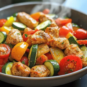 - Boneless, skinless chicken breasts - Marinade seasonings: garlic powder, smoked paprika, Italian seasoning - Olive oil - Mixed bell peppers - Zucchini - Cherry tomatoes - Additional seasonings: sea salt, black pepper - Air fryer - Mixing bowls - Meat thermometer Cooking with an air fryer is fun and quick. For this recipe, you'll need some fresh chicken and vibrant vegetables. I love using boneless, skinless chicken breasts for their ease and flavor. Make sure to have garlic powder, smoked paprika, and Italian seasoning for the marinade. These spices bring out the best in the chicken. For the vegetables, I choose a mix of bell peppers, zucchini, and cherry tomatoes. This combination adds color and taste. Don't forget sea salt and black pepper to enhance the flavors. You'll also need key tools: an air fryer, mixing bowls, and a meat thermometer. An air fryer cooks food quickly and gives it a crispy texture. Mixing bowls help in preparing and marinating the ingredients. A meat thermometer ensures the chicken is safe to eat, reaching the right internal temperature of 165°F (74°C). Check out the Full Recipe for detailed steps. - Start with 2 boneless, skinless chicken breasts. - Dice them into bite-sized pieces. - In a bowl, mix the chicken with: - 1 teaspoon garlic powder - 1 teaspoon smoked paprika - ½ teaspoon Italian seasoning - Sea salt and black pepper to taste - Drizzle 1 tablespoon of olive oil over the chicken. - Mix well until every piece is coated. - Take 1 cup of mixed bell peppers, sliced. - Add 1 cup of sliced zucchini. - Include 1 cup of halved cherry tomatoes. - In a new bowl, combine these vegetables. - Drizzle with 1 tablespoon of olive oil. - Season with sea salt and black pepper. - Toss gently so all veggies are coated. - Preheat your air fryer to 380°F (193°C). - This takes about 5 minutes. - Once ready, place the chicken pieces in the air fryer basket. - Cook for 8 minutes until golden brown. - Then, shake the basket to flip the chicken. - Layer the seasoned vegetables on top. - Cook for another 7 minutes. - Check that the chicken hits 165°F (74°C) inside. - The veggies should be tender and lightly charred. - If needed, add a few more minutes for perfect doneness. Enjoy your crispy air fryer chicken and colorful veggies! For a detailed recipe, refer to the Full Recipe. Preheating your air fryer is key. It ensures even cooking and great texture. Set it to 380°F (193°C) for about 5 minutes. This step is crucial for crispy chicken. During cooking, shake the basket. This helps the chicken and veggies cook evenly. You want all sides to get that nice, golden brown look. For more flavor, try adding spices like cumin or chili powder. These can really amp up your dish. You can also marinate the chicken longer. A simple marinade with olive oil, lemon juice, and herbs works well. It adds depth and keeps your chicken moist. Follow the cooking times in the full recipe for best results. Cook chicken for about 8 minutes first. Then add veggies and cook for another 7 minutes. Always check for doneness. Chicken should reach 165°F (74°C). The veggies should be tender with slight charring. If they need more time, add 1-2 minutes. This ensures everything is perfectly cooked. {{image_4}} You can switch the chicken for turkey breast or tofu. Turkey breast cooks similarly to chicken. Tofu absorbs flavors well, making it a great option. If using turkey, adjust the cooking time to 10 minutes. For tofu, cook for about 8 minutes, then add the veggies. Feel free to use seasonal veggies like broccoli or carrots. They add color and nutrition. Frozen veggies work well, too. They save prep time and retain nutrients. Just toss them in without thawing. They might need a few extra minutes to cook through. Serve your chicken and veggies with rice or a fresh salad. Rice adds a nice base and helps soak up flavors. A salad brings crunch and freshness to your meal. For a great presentation, use a large platter. Arrange the chicken and veggies brightly and artistically. Your dish will look inviting and delicious! To store leftovers safely, let the chicken and veggies cool first. Place them in an airtight container. This keeps moisture in and air out. You can store it in the fridge for up to three days. After that, the flavors may fade, and the food may spoil. When reheating, use an air fryer for the best results. Set it to 350°F (175°C) for about 5 minutes. This method keeps the chicken crispy and the veggies tender. If you microwave, place a damp paper towel over it. This helps avoid sogginess but may not keep the crispiness. For bulk preparation, you can freeze the cooked chicken and vegetables. Use freezer bags or airtight containers. This way, you can enjoy a quick meal later. When you're ready to eat, thaw overnight in the fridge. Reheat as mentioned before for delicious results. Cooking chicken in an air fryer takes about 15 minutes. First, cook the chicken for 8 minutes. Then, add the vegetables and cook for another 7 minutes. This method gives you juicy chicken and tender veggies. Yes, you can use frozen vegetables. They save time and effort. However, they may release extra moisture. This can make the dish a bit soggy. If you use frozen veggies, cook them a little longer for best results. Your chicken should reach an internal temperature of 165°F (74°C). This ensures it is safe to eat. Use a meat thermometer to check the temperature. Always make sure to check thickest part of the chicken. You can double this recipe, but you may need to cook in batches. Overcrowding the air fryer can cause uneven cooking. If you double the ingredients, check for doneness. Adjust cooking time if necessary. This recipe combines simple ingredients to create a tasty dish in an air fryer. You learned how to prepare chicken and vegetables, along with tips for perfect results. Remember to use fresh or frozen veggies and explore different seasonings for variety. Proper storage and reheating can keep leftovers appealing. With these steps and ideas, you can make a quick meal that fits your taste. Enjoy trying this recipe and customizing it to your liking. Happy cooking!