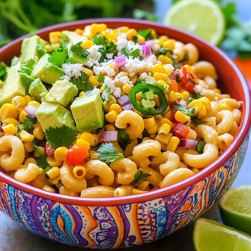 - 8 oz. elbow macaroni or fusilli pasta - 2 cups sweet corn (fresh, grilled, or thawed frozen) - 1 red bell pepper, diced - 1/2 red onion, finely chopped - 1/2 cup fresh cilantro, chopped - 1/2 cup crumbled cotija cheese - 1 ripe avocado, diced - 1 jalapeño pepper, seeded and minced - 1/4 cup mayonnaise - 1/4 cup sour cream - 2 tablespoons fresh lime juice - 1 teaspoon chili powder - Salt and freshly ground black pepper to taste Each ingredient adds a unique flavor to this salad. The pasta forms the base and gives a hearty texture. Sweet corn brings a natural sweetness. Fresh bell pepper and onion add crunch and color. Cilantro gives a fresh, herbaceous note, while cotija cheese adds a creamy and salty finish. Avocado adds richness and creaminess. Jalapeño gives a kick of spice, balancing the other flavors. The dressing made from mayonnaise and sour cream brings everything together, creating a creamy, tangy experience. If you're allergic to dairy, try using a dairy-free mayo and cheese. For gluten-free options, choose gluten-free pasta. You can replace mayonnaise with a vegan alternative or yogurt. If you dislike spice, skip the jalapeño. You can also leave out the red onion if you prefer a milder taste. Each substitution keeps the dish flavorful and enjoyable for everyone! Start by boiling water in a big pot. Add salt to the water to flavor the pasta. Then, add 8 oz. of elbow macaroni or fusilli. Cook according to the package directions until it is al dente. This means the pasta is firm but not hard. Drain the pasta and rinse it under cold water. This stops the cooking and cools the pasta down. Set it aside to cool completely. If you choose fresh corn, grab some ears and preheat your grill to medium-high heat. Place the corn on the grill for about 10 to 12 minutes. Turn it every few minutes until the kernels get soft and show grill marks. If you prefer frozen corn, just let it thaw in a strainer. You can mix it in without cooking. In a large bowl, mix the cooled pasta with your corn. Then, add 1 diced red bell pepper, 1/2 finely chopped red onion, and 1 minced jalapeño. Toss in 1/2 cup of chopped cilantro too. Stir everything together gently, making sure the ingredients are well mixed. In another bowl, whisk together the dressing. Combine 1/4 cup of mayonnaise with 1/4 cup of sour cream. Add 2 tablespoons of fresh lime juice and 1 teaspoon of chili powder. Mix in a pinch of salt and pepper. Keep whisking until the dressing is smooth and creamy. Pour the creamy dressing over the pasta and veggies. Gently toss everything so that all the ingredients are coated well. Now, fold in 1 diced avocado and 1/2 cup of crumbled cotija cheese. Be careful to keep the avocado pieces intact. Taste the salad and add more salt or pepper if needed. For the best flavor, cover the bowl and chill it in the fridge for at least 30 minutes before serving. Cooking pasta may seem simple, but timing is key. Always use a large pot with plenty of salted water. I suggest one tablespoon of salt for every four quarts of water. This helps flavor the pasta. Bring the water to a rolling boil before adding your pasta. Stir it often to prevent sticking. For al dente pasta, check the package time and taste it one minute early. Once done, drain it, and rinse it under cold water. This stops the cooking process and keeps it firm. Grilling corn adds a smoky flavor. Start by preheating your grill to medium-high heat. If using fresh corn, peel off the husks and remove the silk. Lightly brush the corn with oil for better grilling. Place the corn on the grill and turn it every few minutes. You want the kernels to char slightly, which takes about 10-12 minutes. If you use frozen corn, you can skip this step. Simply thaw and mix it in. To make your salad stand out, consider adding lime zest or a dash of smoked paprika. Fresh herbs like parsley or green onions can brighten the dish. If you want more heat, add extra minced jalapeño or some red pepper flakes. For a creamier texture, increase the mayo or sour cream. Remember to taste and adjust the seasoning. Experimenting with flavors makes cooking fun and personal. {{image_4}} You can easily make this dish vegetarian or vegan. For a vegetarian version, skip the cotija cheese or use a similar cheese that fits your diet. To make it vegan, swap out the mayonnaise and sour cream for vegan alternatives. There are great plant-based options that taste fantastic. If you want to add protein, grilled chicken or shrimp works well. Simply grill them with some lime juice and chili powder for extra flavor. Cut the chicken or shrimp into bite-sized pieces and mix them into the salad. This adds a nice texture and makes it more filling. Feel free to get creative with the veggies. You can add diced cucumbers for crunch or cherry tomatoes for sweetness. Grated carrots add color and a bit of sweetness. Just remember to keep the balance of flavors in mind. Each vegetable brings its own taste, so try combinations that you love. To keep your Mexican Street Corn Pasta Salad fresh, store it in an airtight container. Place the salad in the fridge. It should stay good for up to three days. Before serving, give it a quick stir. This helps mix the flavors again. I do not recommend freezing this salad. The ingredients do not hold up well in the freezer. The pasta can become mushy, and the fresh veggies lose their crunch. If you have extra salad, try to consume it within a few days for the best taste. If you need to reheat the salad, do it gently. Heat it in the microwave on low power in short bursts. Stir between each burst to avoid hot spots. I suggest serving it cold instead. The flavors are bright and fresh when chilled. Enjoy your flavorful salad just as it is! Yes, you can make this salad ahead. It tastes even better after chilling. Make it a few hours before your meal or the day before. Just store it in the fridge in an airtight container. If you can't find cotija cheese, try feta cheese. It has a similar crumbly texture and salty taste. You can also use queso fresco for a milder flavor. Both make great options. This dish has a mild heat due to the jalapeño. If you want less spice, leave out the jalapeño. For more heat, add a pinch of cayenne pepper or use a spicier pepper. Taste as you go to get it just right. Absolutely! You can use any shape of pasta you like. Fusilli, penne, or rotini work well. Just make sure to cook it until al dente for the best texture. Serve this salad chilled for a refreshing dish. It pairs well with grilled meats or fish. You can also serve it as a main dish. Garnish with extra cilantro and lime wedges for a zesty finish. For the full recipe, check out the complete guide. This blog post covered how to make a tasty Mexican Street Corn Pasta Salad. We discussed key ingredients, substitutions, and step-by-step instructions to create it. Tips helped ensure perfect pasta and corn, while variations let you make it your own. Storing leftovers is simple, and I answered common questions. With these ideas and techniques, you can prepare a great dish tailored to your taste. Enjoy your cooking!