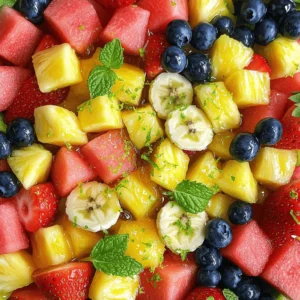 - 2 cups ripe watermelon, cut into 1-inch cubes - 1 cup fresh pineapple, diced into bite-sized pieces - 1 cup strawberries, hulled and sliced - 1 cup plump blueberries - 1 large ripe banana, sliced into rounds Fresh fruits are the heart of this salad. Watermelon adds a juicy crunch. Pineapple brings a sweet tang. Strawberries give a bright pop of color. Blueberries add small bursts of flavor. The banana adds creaminess and smoothness. Choose ripe, fresh fruits for the best taste. - 3 tablespoons pure honey - 2 tablespoons freshly squeezed lime juice - Zest of 1 lime, finely grated The dressing makes this salad special. Pure honey provides natural sweetness. Fresh lime juice adds a zesty kick. Lime zest gives extra brightness and aroma. Together, they create a sweet and tangy mix that enhances the fruit. - A handful of fresh mint leaves, for garnish Fresh mint leaves make the salad look pretty. They add a lovely green color. Mint also brings a refreshing taste. You can tear the leaves or leave them whole. This little touch makes a big difference. For the full recipe, check out the Tropical Honey Lime Fruit Salad recipe. Enjoy making this bright and fresh dish! First, gather your fresh fruits. You will need watermelon, pineapple, strawberries, blueberries, and a banana. - Cut the watermelon into 1-inch cubes. - Dice the pineapple into bite-sized pieces. - Hull and slice the strawberries. - Wash the blueberries and set them aside. - Slice the banana into rounds. In a large mixing bowl, gently combine all the fruits. Be careful when mixing. You want to blend them without mashing the banana. This keeps the salad looking fresh and vibrant. Next, let’s make the dressing. In a small bowl, whisk together three tablespoons of pure honey and two tablespoons of freshly squeezed lime juice. Add the finely grated zest of one lime to the mix. Whisk until everything is smooth and well combined. This honey lime dressing adds a sweet and tangy flavor that brightens up the fruit. Now it’s time to bring it all together. Carefully pour the honey lime dressing over the mixed fruits. Then, using soft, gentle movements, toss the salad. Make sure all the fruits get a nice coating of the dressing. Take care not to mash the banana pieces. Let the salad sit at room temperature for about ten minutes. This resting time allows the flavors to blend beautifully. When you serve it, the taste will be even better. For the full recipe, check out the Tropical Honey Lime Fruit Salad section. Enjoy your refreshing summer delight! When making a fruit salad, pick ripe fruits. Look for watermelon that feels heavy for its size. Choose pineapples that smell sweet near the stem. Strawberries should be bright red and firm. For blueberries, select plump ones that are deep blue. Bananas should be yellow with some spots for sweetness. Always wash your fruits well before cutting. This keeps them clean and fresh. To make this salad even better, add a few more things. You can mix in shredded coconut for a tropical twist. Chopped nuts like almonds or walnuts add crunch. You can also use a bit of vanilla extract in the dressing. A pinch of salt can enhance the sweetness, too. If you like spice, try a dash of cayenne pepper for warmth. This salad is perfect for many occasions. Serve it on a hot summer day as a refreshing snack. It’s great for barbecues and picnics. You can also serve it at brunch with friends or family. For a fancy touch, present it at dinner parties. You can even pair it with yogurt for a healthy breakfast. This salad will impress everyone at your table. {{image_4}} Creating a honey lime fruit salad is fun, and you can easily customize it. Let me share some great variations that bring fresh flavors and textures. Adding mango or kiwi gives your salad a tropical vibe. Mango adds a creamy sweetness. Kiwi adds a nice tang. You can simply chop these fruits and mix them in. This twist makes your salad even more colorful and tasty. Incorporating raspberries or blackberries takes your salad to the next level. These berries add a burst of flavor. Raspberries bring a slight tartness, while blackberries add a deeper sweetness. Just toss them in with your other fruits for a refreshing berry twist. Experimenting with different citrus fruits like orange or grapefruit can brighten your dish. Oranges add juicy sweetness, while grapefruit offers a zesty kick. Simply slice and segment these fruits, then mix them in. This infusion adds a lovely zing that pairs well with the honey lime dressing. These variations can help you enjoy your honey lime fruit salad in new ways. Feel free to explore and find your favorite mix! For the complete recipe, check out the Full Recipe section. To keep your honey lime fruit salad fresh, place leftovers in the fridge right away. Use a clean spoon to serve. This helps avoid contamination. Cover the bowl tightly with plastic wrap or a lid. This keeps the air out and the salad tasty. Choose a container that seals well. Glass or plastic containers with lids work great. They keep the salad fresh and prevent spills. If you use a bowl, make sure it has a tight cover. This will help maintain the salad's flavor and texture. Your honey lime fruit salad lasts about 3 days in the fridge. After this time, the fruits may become mushy. Check for any off smells or changes in texture before eating. If any fruit looks bad, it’s best to toss it out. Enjoy the salad while it's still fresh and vibrant! Yes, you can use other fruits in the salad. If you want to mix things up, try adding mango, kiwi, or even grapes. These fruits bring new flavors and textures. Just make sure they are ripe and fresh. You can also adjust the amounts based on what you like or have on hand. Be creative and enjoy your fruit salad with the fruits you love. To keep bananas fresh in your salad, add lemon juice to the slices. The acid slows down browning. You can also slice bananas just before mixing them in. If you have leftover salad, store it in an airtight container. This helps keep the bananas from turning brown too quickly. Always check for freshness before serving. Yes, this recipe works well for meal prep. You can cut and prepare the fruits a day in advance. Just store them in separate containers. When ready to serve, mix them with the dressing. This keeps the fruits fresh and vibrant. You can also make the dressing ahead of time. Keep it in the fridge until you need it. Check out the complete Tropical Honey Lime Fruit Salad recipe for detailed instructions and ingredient lists. This blog post shared a simple way to make a tasty fruit salad. We covered fresh fruits like watermelon, pineapple, and strawberries. The honey-lime dressing adds a delicious touch, while mint leaves give a nice garnish. You can mix and match fruits or try new flavors for fun. Remember to store leftovers properly to keep them fresh. I hope you enjoy making this salad at home! It's a great dish for any occasion.