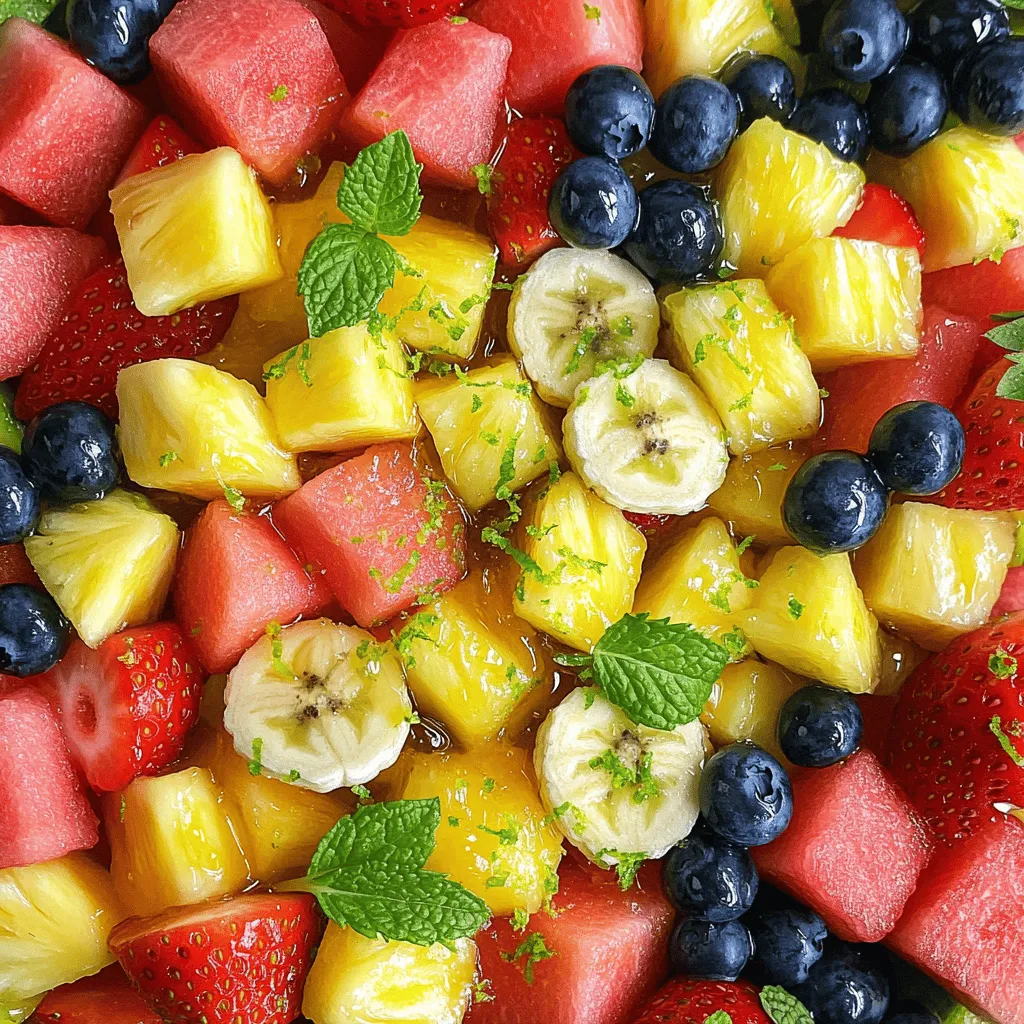 - 2 cups ripe watermelon, cut into 1-inch cubes - 1 cup fresh pineapple, diced into bite-sized pieces - 1 cup strawberries, hulled and sliced - 1 cup plump blueberries - 1 large ripe banana, sliced into rounds Fresh fruits are the heart of this salad. Watermelon adds a juicy crunch. Pineapple brings a sweet tang. Strawberries give a bright pop of color. Blueberries add small bursts of flavor. The banana adds creaminess and smoothness. Choose ripe, fresh fruits for the best taste. - 3 tablespoons pure honey - 2 tablespoons freshly squeezed lime juice - Zest of 1 lime, finely grated The dressing makes this salad special. Pure honey provides natural sweetness. Fresh lime juice adds a zesty kick. Lime zest gives extra brightness and aroma. Together, they create a sweet and tangy mix that enhances the fruit. - A handful of fresh mint leaves, for garnish Fresh mint leaves make the salad look pretty. They add a lovely green color. Mint also brings a refreshing taste. You can tear the leaves or leave them whole. This little touch makes a big difference. For the full recipe, check out the Tropical Honey Lime Fruit Salad recipe. Enjoy making this bright and fresh dish! First, gather your fresh fruits. You will need watermelon, pineapple, strawberries, blueberries, and a banana. - Cut the watermelon into 1-inch cubes. - Dice the pineapple into bite-sized pieces. - Hull and slice the strawberries. - Wash the blueberries and set them aside. - Slice the banana into rounds. In a large mixing bowl, gently combine all the fruits. Be careful when mixing. You want to blend them without mashing the banana. This keeps the salad looking fresh and vibrant. Next, let’s make the dressing. In a small bowl, whisk together three tablespoons of pure honey and two tablespoons of freshly squeezed lime juice. Add the finely grated zest of one lime to the mix. Whisk until everything is smooth and well combined. This honey lime dressing adds a sweet and tangy flavor that brightens up the fruit. Now it’s time to bring it all together. Carefully pour the honey lime dressing over the mixed fruits. Then, using soft, gentle movements, toss the salad. Make sure all the fruits get a nice coating of the dressing. Take care not to mash the banana pieces. Let the salad sit at room temperature for about ten minutes. This resting time allows the flavors to blend beautifully. When you serve it, the taste will be even better. For the full recipe, check out the Tropical Honey Lime Fruit Salad section. Enjoy your refreshing summer delight! When making a fruit salad, pick ripe fruits. Look for watermelon that feels heavy for its size. Choose pineapples that smell sweet near the stem. Strawberries should be bright red and firm. For blueberries, select plump ones that are deep blue. Bananas should be yellow with some spots for sweetness. Always wash your fruits well before cutting. This keeps them clean and fresh. To make this salad even better, add a few more things. You can mix in shredded coconut for a tropical twist. Chopped nuts like almonds or walnuts add crunch. You can also use a bit of vanilla extract in the dressing. A pinch of salt can enhance the sweetness, too. If you like spice, try a dash of cayenne pepper for warmth. This salad is perfect for many occasions. Serve it on a hot summer day as a refreshing snack. It’s great for barbecues and picnics. You can also serve it at brunch with friends or family. For a fancy touch, present it at dinner parties. You can even pair it with yogurt for a healthy breakfast. This salad will impress everyone at your table. {{image_4}} Creating a honey lime fruit salad is fun, and you can easily customize it. Let me share some great variations that bring fresh flavors and textures. Adding mango or kiwi gives your salad a tropical vibe. Mango adds a creamy sweetness. Kiwi adds a nice tang. You can simply chop these fruits and mix them in. This twist makes your salad even more colorful and tasty. Incorporating raspberries or blackberries takes your salad to the next level. These berries add a burst of flavor. Raspberries bring a slight tartness, while blackberries add a deeper sweetness. Just toss them in with your other fruits for a refreshing berry twist. Experimenting with different citrus fruits like orange or grapefruit can brighten your dish. Oranges add juicy sweetness, while grapefruit offers a zesty kick. Simply slice and segment these fruits, then mix them in. This infusion adds a lovely zing that pairs well with the honey lime dressing. These variations can help you enjoy your honey lime fruit salad in new ways. Feel free to explore and find your favorite mix! For the complete recipe, check out the Full Recipe section. To keep your honey lime fruit salad fresh, place leftovers in the fridge right away. Use a clean spoon to serve. This helps avoid contamination. Cover the bowl tightly with plastic wrap or a lid. This keeps the air out and the salad tasty. Choose a container that seals well. Glass or plastic containers with lids work great. They keep the salad fresh and prevent spills. If you use a bowl, make sure it has a tight cover. This will help maintain the salad's flavor and texture. Your honey lime fruit salad lasts about 3 days in the fridge. After this time, the fruits may become mushy. Check for any off smells or changes in texture before eating. If any fruit looks bad, it’s best to toss it out. Enjoy the salad while it's still fresh and vibrant! Yes, you can use other fruits in the salad. If you want to mix things up, try adding mango, kiwi, or even grapes. These fruits bring new flavors and textures. Just make sure they are ripe and fresh. You can also adjust the amounts based on what you like or have on hand. Be creative and enjoy your fruit salad with the fruits you love. To keep bananas fresh in your salad, add lemon juice to the slices. The acid slows down browning. You can also slice bananas just before mixing them in. If you have leftover salad, store it in an airtight container. This helps keep the bananas from turning brown too quickly. Always check for freshness before serving. Yes, this recipe works well for meal prep. You can cut and prepare the fruits a day in advance. Just store them in separate containers. When ready to serve, mix them with the dressing. This keeps the fruits fresh and vibrant. You can also make the dressing ahead of time. Keep it in the fridge until you need it. Check out the complete Tropical Honey Lime Fruit Salad recipe for detailed instructions and ingredient lists. This blog post shared a simple way to make a tasty fruit salad. We covered fresh fruits like watermelon, pineapple, and strawberries. The honey-lime dressing adds a delicious touch, while mint leaves give a nice garnish. You can mix and match fruits or try new flavors for fun. Remember to store leftovers properly to keep them fresh. I hope you enjoy making this salad at home! It's a great dish for any occasion.