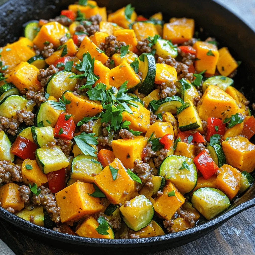 - 1 lb lean ground beef - 1 medium zucchini, diced - 1 medium sweet potato, diced - 1 small onion, chopped - 2 cloves garlic, minced - 1 red bell pepper, diced - 1 teaspoon smoked paprika - 1 teaspoon ground cumin - Salt and freshly ground black pepper, to taste - 1 tablespoon olive oil - Fresh parsley or cilantro, for garnish Gathering fresh ingredients is key for this Ground Beef Zucchini Sweet Potato Skillet. The lean ground beef provides a rich flavor that pairs well with the sweet potato's natural sweetness. Zucchini adds a nice crunch and a pop of green to your dish. For spices, smoked paprika and ground cumin lend warmth and depth. These spices enhance the beef and veggie blend. Salt and pepper are essential to balance flavors, so don't skip them! I always choose quality olive oil for cooking. It not only adds flavor but also helps to sauté the vegetables perfectly. Finally, fresh parsley or cilantro brightens up the dish and makes it look appealing. You can find the full recipe with cooking steps and tips to make this dish shine! - Wash and dice the vegetables. - Mince garlic and chop onions. Start by giving your zucchini and sweet potato a good wash. Then, cut the zucchini into bite-sized cubes. Next, peel the sweet potato and chop it into small cubes too. This helps them cook evenly. Finely chop the onion and red bell pepper. Mince the garlic cloves to pack in flavor. - Sauté sweet potatoes until tender. - Add aromatics and cook until fragrant. - Brown the ground beef and combine. Heat one tablespoon of olive oil in a large skillet over medium heat. Once the oil is hot, add the diced sweet potatoes. Sauté them for about 5 to 7 minutes. You want them to soften and turn golden. When they are tender, add the chopped onion and minced garlic. Cook for an extra 2 to 3 minutes, stirring until the onion is clear and fragrant. Now, push the vegetables to one side of the skillet. On the other side, add the ground beef. Use a spatula to break it apart as it cooks. Brown the beef for about 5 to 6 minutes until it is no longer pink. - Mix in zucchini and seasonings. - Cook until all ingredients are tender. - Taste and adjust seasoning. Once the beef is browned, mix it with the sweet potatoes and veggies. Add the diced zucchini and red bell pepper next. Sprinkle in the smoked paprika, cumin, salt, and pepper. Stir everything well to blend the flavors. Cook this mixture for another 8 to 10 minutes. Stir occasionally until the zucchini is tender and the sweet potatoes are fully soft. Before serving, taste your dish. Adjust the seasoning if needed by adding more salt, pepper, or spices. For the full recipe, don’t forget to check the complete guide. To get the best texture, check the tenderness of sweet potatoes and zucchini. Use a fork to poke them. If they feel soft, they are ready. Adjust the heat as needed. If they cook too fast, lower the heat. If they need more time, raise the heat a bit. You can enhance flavor by adding more spices. Try adding chili powder for heat or oregano for a new taste. Adding citrus zest, like lemon or lime, gives a fresh kick. It brightens the dish and balances the sweetness of the potatoes. Don't be afraid to experiment! Serve your skillet in colorful bowls. This makes the dish look more inviting. A sprinkle of fresh parsley or cilantro on top adds a burst of color. You can also serve it with crusty bread or a side salad. This way, your meal looks as good as it tastes! {{image_4}} You can easily change the meat in this skillet. Use ground turkey or chicken instead of beef. These swaps keep the dish light and tasty. You can also switch up the veggies. Bell peppers and spinach work great in this mix. They add more color and nutrients. If you need a gluten-free meal, check your seasoning labels. Many brands offer gluten-free options. For a vegan or vegetarian dish, try using plant-based meat. It gives you the same great flavor without animal products. Want an Asian twist? Add soy sauce or teriyaki sauce to the mix. It gives the dish a whole new taste. You can also use different herbs. Experiment with thyme, basil, or oregano for a fresh flavor. Each herb changes the dish's profile in a fun way. For the full recipe, check out the main section of this article. To keep your Ground Beef Zucchini Sweet Potato Skillet fresh, cool it first. Then, store the leftovers in airtight containers. Glass or plastic containers work well. Make sure to leave some space in the container to allow for expansion. This helps keep flavors intact. For longer storage, you can freeze the skillet. Cool it completely before transferring it to freezer-safe bags or containers. Remove as much air as possible to prevent freezer burn. When ready to eat, thaw it in the fridge overnight. Reheat it gently on the stove or in the microwave. This method helps maintain the dish's texture. In the fridge, your skillet will last about 3 to 4 days. If you freeze it, it can last up to 3 months. Always check for signs of spoilage. If it smells sour or looks discolored, it’s best to toss it. Enjoy your cooking journey, and don’t forget to refer to the Full Recipe for more details! Yes, you can prepare this dish ahead of time. Store any leftovers in an airtight container. Put it in the fridge for up to three days. To reheat, warm it in a skillet over medium heat. You can also use the microwave for quick reheating. Just cover the dish to keep moisture in. This dish is quite healthy! It contains lean ground beef, which is a good source of protein. Sweet potatoes offer fiber and vitamins, while zucchini adds hydration and nutrients. Each serving provides a balance of carbs, protein, and healthy fats. This meal is colorful and full of vitamins, making it a great choice for any diet. You can serve this skillet with a simple side salad. A light green salad pairs well and adds a fresh crunch. You might also enjoy it with some crusty bread. If you want a heartier meal, serve it over rice or quinoa. These sides enhance the flavors and complete your meal. To adjust spice levels, start with less smoked paprika and cumin. Taste the dish as you cook. You can always add more spices later. If you like heat, consider adding a pinch of cayenne pepper or red pepper flakes. Mix these in slowly to find the perfect balance for your taste buds. In this post, we covered a delicious Ground Beef Zucchini Sweet Potato Skillet. We explored the main ingredients like zucchini, sweet potatoes, and spices. You learned step-by-step how to prepare and cook this dish. I offered tips to perfect your cooking time and how to enhance flavors. Remember, you can adapt recipes in many ways. Try different meats or vegetables. Store leftovers properly to enjoy later. With these ideas, you can create a tasty, healthy meal for any occasion. Enjoy cooking and experimenting in the kitchen!
