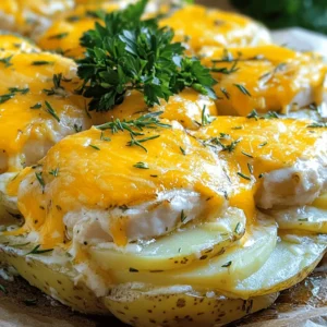 - 4 boneless, skinless chicken breasts - 4 medium potatoes, thinly sliced - 1 cup shredded cheddar cheese - 1 cup heavy cream - 1 teaspoon garlic powder - 1 teaspoon onion powder - 1 tablespoon fresh rosemary, finely chopped - 1 tablespoon fresh thyme, finely chopped - 2 tablespoons olive oil - Salt and freshly ground black pepper, to taste - Fresh parsley, chopped, for garnish Gather these ingredients before you start. Fresh herbs add great flavor. You can use dried herbs if you have them. Just use less since they are stronger. For the cream, heavy cream gives a rich taste. You can swap it with half-and-half if you want a lighter option. Make sure your chicken breasts are even in size. This helps them cook at the same time. Thinly sliced potatoes cook more evenly and soak up flavors better. Using cheddar cheese adds a nice melt and flavor. Fresh parsley at the end makes your dish look great. It adds color and freshness. If you want to try something new, consider adding diced vegetables like bell peppers or broccoli. They can give your bake a fun twist. For the full recipe, check out the Cheesy Herb Chicken Potato Bake. - Preheat your oven to 375°F (190°C). - Prepare a greased baking dish. Start by preheating your oven. This step is key for even cooking. While the oven heats, get your baking dish ready. Greasing the dish helps prevent sticking. You can use butter or oil for this. - Season and layer the sliced potatoes. - Add chicken breasts and drizzle with cream. Now, let’s layer our ingredients. Take your sliced potatoes and season them well. Use garlic powder, onion powder, salt, and pepper. Toss them in a bowl with olive oil and herbs. This makes them tasty! Next, place half of the potatoes in the greased dish. Make sure they cover the bottom evenly. Then, add the chicken breasts on top. Season the chicken lightly with salt and pepper. Drizzle half the heavy cream over the chicken. This will keep it juicy and rich. After that, layer the rest of the potatoes on top of the chicken. Press them down gently to make a compact layer. Finally, pour the remaining heavy cream over the top. - Cover with foil and bake for 45 minutes. - Add cheese and bake uncovered for an additional 15-20 minutes. Cover the dish tightly with foil. This keeps the moisture in while it bakes. Place it in the preheated oven for 45 minutes. After this time, carefully remove the foil. Here comes the fun part! Sprinkle shredded cheddar cheese over the top. This will melt and create a delicious crust. Return it to the oven without the foil. Bake for another 15 to 20 minutes. You want the cheese to bubble and turn golden brown. Once done, let the dish sit for about 5 minutes. This helps the layers settle. Now you are ready to serve this tasty Chicken Potato Bake! For the full recipe, check out the recipe section above. To ensure even cooking, cut the chicken breasts to a similar thickness. This helps them cook at the same rate. You want juicy chicken, not dry! Use a meat mallet if needed to flatten them slightly. For cheesy perfection, watch the baking time closely. After the first 45 minutes, uncover the dish and add the cheese. Bake until bubbly and golden, about 15 to 20 minutes. Keep an eye on it to avoid burning. Pair your Chicken Potato Bake with a light side salad. A fresh green salad balances the rich flavors. You can use mixed greens, cherry tomatoes, and a simple vinaigrette. For presentation, serve directly from the baking dish. This gives a rustic feel. Top with fresh parsley for a pop of color. It makes the dish look inviting and appetizing. {{image_4}} You can easily change the main protein in this dish. If you want to try something new, replace the chicken with turkey. It cooks similarly and tastes great. For a vegetarian option, use hearty vegetables like mushrooms or chickpeas. Both swaps keep the meal satisfying. Cheese is another area for fun. If you love cheese, try gouda or mozzarella. Each cheese brings a unique flavor. Mix and match to find your favorite combination. To make your Chicken Potato Bake pop, add spices or extra veggies. Broccoli and bell peppers are perfect choices. They add color and nutrients. Just chop them up and layer them with the other ingredients. Herbs can really change the taste, too. Instead of rosemary and thyme, try basil or oregano. These herbs give the dish a fresh twist. Play around with your favorite herbs to find what you enjoy most. Check out the Full Recipe for more ideas on how to make this dish your own! To keep your Chicken Potato Bake fresh, store it properly. First, let it cool down after cooking. Then, place it in an airtight container. You can refrigerate it for up to three days. If you want to keep it longer, freezing is a great option. Transfer the bake to a freezer-safe dish. Wrap it tightly with plastic wrap, then cover with aluminum foil. This helps prevent freezer burn. When you are ready to eat, remove it from the freezer and let it thaw in the fridge overnight. For reheating, use your oven. Preheat it to 350°F (175°C). Place the bake in a baking dish. Cover it with foil to keep it moist. Heat for about 25-30 minutes, or until it is warm all the way through. You can also use the microwave, but the oven gives a better texture. Heat it in 1-minute intervals, stirring in between until warm. In the fridge, your Chicken Potato Bake lasts about three days. The flavors will stay good, but try to eat it sooner for the best taste. If you freeze it, it can last for about three months. After that, the taste may start to fade. Always label your containers with the date you made it. This way, you’ll know when to enjoy your delicious meal! How do I know when the chicken is fully cooked? You can check if the chicken is done by using a meat thermometer. The thickest part should reach 165°F (75°C). If you do not have a thermometer, cut into the chicken. The meat should be white and the juices should run clear. Can I prepare this dish in advance? Yes, you can prepare Chicken Potato Bake ahead of time. Just follow the recipe and cover the dish with plastic wrap. Store it in the fridge for up to 24 hours. When ready to bake, add about 10-15 minutes to the cooking time. What can I serve with Chicken Potato Bake? This dish pairs well with a simple green salad or steamed vegetables. You could also serve it with crusty bread to soak up the creamy sauce. What to do if the potatoes are not cooking through? If the potatoes are not tender after baking, it may be because they are too thick. You can slice them thinner next time. If they still aren’t done, cover the dish and bake for an extra 10-15 minutes. How to make the dish less creamy if desired? To reduce the creaminess, use less heavy cream. You can substitute some cream with chicken broth or milk. This will still keep the dish moist without being too rich. For more details, check out the Full Recipe. This blog post covered a delicious Chicken Potato Bake. I shared the ingredients, step-by-step instructions, tips, variations, storage info, and FAQs. You can easily make this dish and impress everyone. Remember, cooking is fun and should make you happy. Experiment with flavors, and don't be afraid to tweak the recipe to your taste. Enjoy your cooking adventure, and savor every bite of your creation!