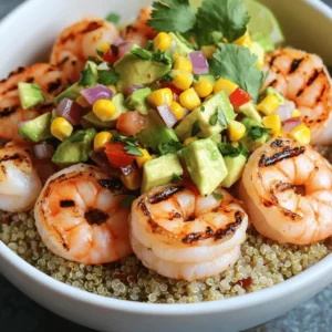 To create your Grilled Shrimp Bowl with Avocado Corn Salsa, you will need fresh, quality ingredients. Here’s what you will gather: - 1 lb large shrimp, peeled and deveined - 2 tablespoons extra virgin olive oil - 1 teaspoon smoked paprika - 1 teaspoon garlic powder - Salt and freshly ground black pepper, to taste - 1 cup cooked quinoa (or brown rice) - 1 ripe avocado, diced - 1 cup corn kernels (fresh, canned, or frozen) - 1 small red onion, finely chopped - 1 red bell pepper, chopped - Juice of 1 lime - 1/4 cup fresh cilantro, chopped These ingredients come together to create a colorful and tasty dish. The shrimp adds protein, while the avocado and corn provide healthy fats and sweetness. I love how fresh and bright the flavors are in this bowl. For the full recipe, make sure you check out the detailed cooking instructions. - In a medium bowl, add 1 lb of shrimp. - Pour in 2 tablespoons of olive oil. - Sprinkle in 1 teaspoon of smoked paprika and 1 teaspoon of garlic powder. - Add salt and pepper to taste. - Gently toss the shrimp until they are coated. - Let the shrimp marinate for 15-20 minutes. This helps the flavors soak in well. - In another bowl, combine 1 diced avocado, 1 cup of corn, and 1 small chopped red onion. - Add 1 chopped red bell pepper to the mix. - Squeeze the juice of 1 lime over the ingredients. - Toss in 1/4 cup of chopped cilantro. - Season with salt and pepper. Let this sit so the flavors blend nicely. - Preheat your grill or grill pan on medium-high heat. - Place the marinated shrimp in a single layer on the grill. - Grill for about 2-3 minutes on each side. - Look for the shrimp to turn pink and have grill marks. - Do not overcook the shrimp to keep them juicy. - In each serving bowl, put down a base of 1 cup of cooked quinoa or brown rice. - Layer the grilled shrimp on top. - Spoon generous amounts of the avocado corn salsa over the shrimp. - Drizzle more lime juice on top for extra flavor. - Garnish with extra cilantro and lime wedges. - This makes your dish look bright and fresh. For the full recipe, check the details above. To get juicy shrimp, avoid overcooking. Cook shrimp for only 2-3 minutes on each side. The heat should be medium-high, around 400°F to 450°F. You want that nice char without drying them out. Make your salsa unique! You can add diced tomatoes, bell peppers, or even mango. For a spicy kick, toss in some chopped jalapeños. The heat level is up to you! Prep your ingredients in advance. You can marinate shrimp up to 2 hours before grilling. Keep your salsa fresh by storing it in an airtight container. It stays good in the fridge for a day or two. {{image_4}} If you want to mix things up, try using chicken or tofu. Chicken breast works well. Just cut it into bite-sized pieces. Marinate it just like the shrimp. Grill until fully cooked. Tofu is a great choice for a vegetarian option. Use firm tofu for the best texture. Press it to remove excess water, then marinate and grill. Both options will add tasty protein to your bowl. The base of your bowl is flexible. While quinoa is great, you can also use brown rice. Couscous adds a light and fluffy texture. For a fun twist, try farro or barley. Each grain brings its own flavor and texture. You can even mix grains for a unique taste. Choose what you like best for a filling meal. To enhance the dish, add different spices or dressings. Try cumin or chili powder for warmth. A drizzle of lime crema can add creaminess and tang. You can also sprinkle feta cheese on top for a salty bite. Experiment with your favorite flavors to make this dish your own. Each addition can change the bowl’s character and keep it exciting. To keep your grilled shrimp and avocado corn salsa fresh, store them separately. Place the shrimp in a sealed, airtight container. This helps lock in moisture. For the salsa, use another container that’s also airtight. Make sure to cover it well to keep out air. Refrigerate both items. They will stay good for up to 3 days. When reheating grilled shrimp, use the stovetop for best results. Heat a non-stick pan over medium heat. Add the shrimp and warm them up for about 2-3 minutes. Avoid cooking them too long, as they can become tough. For the salsa, it’s best to serve it cold. If you want it warm, gently heat it in a pan, stirring often. This keeps the fresh flavors intact. You can freeze grilled shrimp, but it’s not ideal for the salsa. To freeze shrimp, place them in a freezer-safe bag. Remove as much air as possible before sealing. This helps prevent freezer burn. You can store them for up to 3 months. When ready to eat, thaw them in the fridge overnight. For the salsa, it’s best to make it fresh. Freezing can change its texture and flavor. You should grill shrimp for about 2 to 3 minutes on each side. When shrimp turn pink and have nice grill marks, they are done. Be careful not to overcook them. Overcooked shrimp can become tough and chewy. Keep an eye on them as they cook. Yes, you can use frozen shrimp. Just be sure to thaw them first. To thaw, place the shrimp in a bowl of cold water for about 15 to 20 minutes. This method works well and keeps the shrimp safe. After thawing, pat them dry with a paper towel before marinating. Consider serving this bowl with a side of grilled veggies or a fresh green salad. You might also enjoy it with tortilla chips and salsa. A cool, crisp drink, like lemonade or iced tea, pairs nicely too. These sides add variety and balance to your meal. Yes, the Grilled Shrimp Bowl with Avocado Corn Salsa is quite healthy. Shrimp are low in calories and high in protein. The avocado adds healthy fats, while corn provides fiber and nutrients. Overall, this bowl is a nutritious meal, perfect for a balanced diet. This blog post provided a clear guide on making a delicious grilled shrimp bowl. You learned about the key ingredients, step-by-step cooking instructions, and tips for flavor boosting. I shared options for substitutions and storage suggestions, ensuring your meal prep is easy and smart. In closing, this grilled shrimp bowl offers a balance of taste and health. You can customize it to suit your needs and enjoy every bite. Keep experimenting, and make this recipe your own!