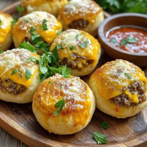 - 1 lb ground beef - 1 cup shredded cheddar cheese - 1 cup shredded mozzarella cheese - 1/2 cup grated Parmesan cheese - 1 package (16 oz) refrigerated pizza dough - 1 tsp garlic powder - 1 tsp onion powder - 1/2 tsp salt - 1/4 tsp black pepper - 1 tbsp minced garlic - Fresh parsley for garnish When making Garlic Parmesan Cheeseburger Bombs, the ingredients you choose are key. The ground beef brings rich flavor and juiciness. I prefer using an 80/20 ratio for the best texture and taste. The blend of cheeses adds creaminess and depth. Cheddar gives sharpness, mozzarella adds stretch, and Parmesan brings a nutty finish. For the dough, I always opt for refrigerated pizza dough. It’s easy to work with and puffs up nicely in the oven. The seasonings are simple but powerful. Garlic powder and onion powder infuse great flavor. Salt and black pepper enhance everything and bring balance. If you want an extra punch, add minced garlic. This will elevate the taste even more. Fresh parsley not only adds color but also a fresh note. It’s a nice touch when you serve the bombs warm. For the full recipe, check out the complete guide. This will help you get everything just right and make your cooking experience enjoyable! - Preheat the oven to 375°F (190°C). - Prepare the baking sheet with parchment paper to avoid sticking. - In a large bowl, combine 1 lb of ground beef with cheeses and seasonings. - Mix until everything blends well. This ensures each bite is tasty. - Roll out the pizza dough on a floured surface. Cut it into squares, about 3-4 inches. - Take a dough square and place about 2 tablespoons of filling in the center. - Fold the dough over and pinch the seams to seal it tightly. - Arrange the stuffed bombs on the baking sheet seam side down. - Lightly brush the tops with olive oil to help them brown. - Bake for 15-20 minutes until golden brown. Ensure the filling reaches 160°F (71°C). Follow these steps for a delicious treat! For the complete recipe, check the Full Recipe. To make your Garlic Parmesan Cheeseburger Bombs pop with flavor, use freshly grated cheeses. They melt better and give a creamy texture. I also suggest seasoning your beef mix well. This extra salt and pepper really bring out the taste of the meat. You want every bite to burst with flavor! Roll your pizza dough a bit thinner. This helps the bombs get that nice, crispy outside while keeping the filling juicy. When you seal the dough, make sure to pinch it tightly. This prevents any filling from leaking while baking, keeping all that flavor inside. Watch your bake time closely. You want the dough to turn a lovely golden brown. A food thermometer can be your best friend here. Check that the internal temperature reaches 160°F (71°C) to ensure your beef is fully cooked. This will keep your bombs safe and tasty! {{image_4}} You can easily switch things up with different meats. Try using ground turkey or chicken instead of beef. This swap can make your bombs lighter, yet still delicious. You can also play with cheese combinations. Substitute some cheddar with pepper jack for a spicy kick or use gouda for a rich, smoky taste. To add a twist to your filling, incorporate hot sauce or BBQ sauce. This can elevate the flavor and give your bombs a unique touch. You can also include diced vegetables like bell peppers or onions. These add crunch and extra flavor, making your bombs even tastier. If you want a different texture, consider using biscuit dough or crescent rolls. These options can create a fluffy, buttery experience. For those with dietary needs, use gluten-free pizza dough. This way, everyone can enjoy these savory treats! For the complete recipe, check out the [Full Recipe]. After enjoying your Garlic Parmesan Cheeseburger Bombs, let them cool down. This step keeps them firm and tasty. Once they cool, place them in airtight containers. Keeping them sealed helps maintain their flavor and texture in the fridge. If you want to save some bombs for later, freeze them before baking. Wrap each bomb tightly in plastic wrap. Place them in a freezer-safe bag. When you're ready to bake, you can take them out and cook them straight from the freezer. Just add a few extra minutes to the baking time for best results. To reheat your bombs, the oven works best. It keeps the outside crispy while warming the inside. Preheat the oven to 350°F (175°C). Place the bombs on a baking sheet. Bake for about 10 minutes. If you're in a hurry, you can use the microwave. Just heat them for about 30 seconds to 1 minute. This method is quick but may not keep them as crispy. The total time is about 40 minutes. You spend 20 minutes for prep and about 15-20 minutes baking. This makes it easy to fit into a busy evening. Yes, you can prepare the filling ahead of time. Store it in an airtight container in the fridge for up to two days. When ready to use, just let it sit at room temperature for a bit. Mixing it while cold can make it hard to stuff. These tasty bombs pair well with many sides. Try serving them with: - A fresh salad - Crispy fries - Sweet potato wedges - Marinara or spicy ketchup for dipping You can easily modify this recipe. For a gluten-free option, use gluten-free pizza dough. If you're low-carb, use cauliflower dough. For vegan bombs, swap meat with plant-based ground and use vegan cheese. Yes, you can air fry these bombs! Preheat your air fryer to 375°F (190°C). Place the stuffed bombs in a single layer. Cook for about 10-12 minutes. Check them halfway through and flip if needed for even cooking. Check the internal temperature of the bombs. They should reach at least 160°F (71°C) to be safe. Visually, the dough should be golden brown. If you see this, it’s time to dig in! You now have everything you need to make tasty Garlic Parmesan Cheeseburger Bombs. We covered key ingredients, step-by-step instructions, and helpful tips. You can even customize these bombs with your favorite flavors. Whether you’re baking for a crowd or enjoying a snack, these bombs are sure to impress. Get creative with fillings and enjoy the tasty results. Happy cooking!