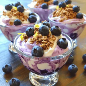 To make the best blueberry yogurt, you need simple and fresh ingredients. Here’s what you will need: - 2 cups fresh blueberries - 2 cups plain Greek yogurt - 2 tablespoons honey (or substitute with maple syrup for a vegan option) - 1 teaspoon vanilla extract - Zest of 1 lemon - 1 tablespoon fresh lemon juice - A pinch of salt - 1/4 cup granola (optional, for topping) Fresh blueberries are key. They provide sweetness and a beautiful color. Choose firm, plump berries with a deep blue hue for the best flavor. Plain Greek yogurt gives a rich and creamy base. It also adds protein and probiotics, which are great for your gut health. Honey or maple syrup sweetens your yogurt. You can adjust the amount to fit your taste. Vanilla extract adds a warm note. Lemon zest and juice brighten the flavor. They balance the sweetness of the blueberries. A pinch of salt enhances all the tastes. Granola on top adds a nice crunch. It gives texture that pairs well with the creamy yogurt. Now you have all the ingredients ready for your delightful blueberry yogurt! Check out the Full Recipe for step-by-step instructions. 1. Blending the ingredients: Start by placing the fresh blueberries in a blender. Add honey or maple syrup, vanilla extract, lemon zest, lemon juice, and a pinch of salt. Blend on high until smooth. If you prefer some texture, pulse the mix until partially combined. This gives a nice balance of creaminess and fruit chunks. 2. Achieving desired texture: The perfect blend is smooth but not runny. You want it to be thick enough to hold its shape when mixed with yogurt. If it seems too thick, add a splash of water to thin it out slightly. 1. Folding the blueberry mixture into yogurt: In a large bowl, add the plain Greek yogurt. Gently fold in the blueberry mixture with a spatula. You want to combine them without over-mixing. This keeps the yogurt light and airy. 2. Tasting and adjusting sweetness: After mixing, taste the yogurt. If it needs more sweetness, add a bit more honey or maple syrup. Remember, the sweetness can vary based on your blueberries. Adjust to your liking for the best flavor. 1. Importance of chilling time: Spoon the blueberry yogurt into bowls or jars. Place them in the fridge for at least 30 minutes. Chilling helps the flavors blend and enhances the overall taste. It also makes the yogurt refreshing when served. 2. Serving suggestions for presentation: Before serving, stir the yogurt gently to keep it creamy. For a delightful crunch, top with granola. This adds texture and makes the dish visually appealing. You can also garnish with fresh blueberries and a sprinkle of lemon zest for a nice touch. When picking blueberries, look for deep blue color. They should feel firm when you hold them. Avoid berries that are wrinkled or have white spots. Fresh blueberries are usually in season from June to August. If you can, buy them from local farms. This gives you the best taste and supports the community. Greek yogurt is thicker and creamier than regular yogurt. It has more protein, which keeps you full. Regular yogurt is lighter and has a smoother texture. I prefer plain yogurt for this recipe. It helps the blueberry flavor shine without added sugar or flavors. Using plain yogurt also keeps it healthy. You can add fun flavors to your yogurt. Try mixing in a little cinnamon or nutmeg for warmth. A splash of almond extract brings a nice twist. Adding nuts or seeds gives your yogurt a satisfying crunch. Chopped almonds or walnuts work great. You can also use granola as a topping. It adds a nice texture and flavor contrast. {{image_4}} You can make this blueberry yogurt dairy-free by using coconut or almond yogurt. Both options provide a creamy base with unique flavors. Coconut yogurt adds a hint of coconut sweetness, while almond yogurt offers a mild taste. For a vegan version, consider alternative sweeteners like agave syrup or date syrup. These sweeteners are plant-based and work well in the recipe. They keep the yogurt sweet while being kind to your diet. Want to mix things up? You can add other fruits like strawberries or mango. These fruits pair well with blueberries and add brightness to the dish. Just chop them into small pieces before mixing in. You can also incorporate spices such as cinnamon or nutmeg. A dash of cinnamon gives warmth, while nutmeg adds a subtle nutty flavor. Both spices bring a new depth to the yogurt. Try making yogurt parfaits for a fun and colorful treat. Layer the blueberry yogurt with granola and fresh fruits in a glass. This not only looks great but also adds texture. Another option is to create smoothie bowls. Pour the yogurt into a bowl and top it with sliced fruits, nuts, and seeds. This makes for a healthy breakfast or snack that is both filling and tasty. To keep your blueberry yogurt fresh, store it in the fridge. Use an airtight container. This way, it stays tasty and safe to eat. Your yogurt will stay fresh for about 3 to 5 days. If you see any change in smell or texture, it’s best to toss it. You can freeze blueberry yogurt for later use. To do this, pour the yogurt into freezer-safe containers or ice cube trays. Leave some space in the container as yogurt expands when frozen. When you want to eat it, take it out and let it thaw in the fridge overnight. This keeps the flavor intact. You can also blend it again for a smooth texture. For the best taste, consume your blueberry yogurt within 5 days of making it. If you freeze it, enjoy it within 2 months. Always check for any signs of spoilage before eating. When in doubt, throw it out! Yes, you can use frozen blueberries. However, frozen blueberries will change the texture. They may make your yogurt a bit more watery. The flavor will still be sweet and fruity, but fresh blueberries offer a better taste. If using frozen, let them thaw a bit before blending. This helps keep the yogurt smooth. Your blueberry yogurt will stay fresh for about 5 days in the fridge. Store it in an airtight container to keep it tasting great. If you notice any changes in smell or color, it’s best to toss it. Always check before eating, just to be safe. You can use regular yogurt or plant-based yogurt. Regular yogurt is thinner, so your yogurt will be lighter. It may not have the same creaminess as Greek yogurt. Plant-based options like coconut yogurt work well too, but they may alter the flavor. Always choose plain varieties for the best taste. In this article, we explored how to create a tasty blueberry yogurt. We covered the key ingredients like fresh blueberries and Greek yogurt, along with clear steps for preparation. You learned tips for selecting the best blueberries and yogurt. We also shared variations to suit your taste. Remember, chilling your mixture is key for the best flavor. This delicious treat is easy to make, and it can fit any diet. Enjoy creating and sharing this healthy snack with others!