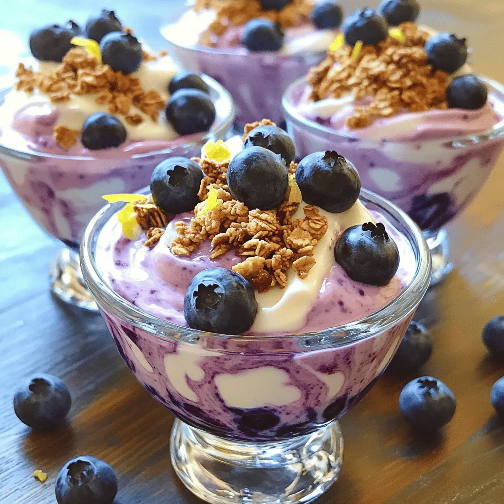 To make the best blueberry yogurt, you need simple and fresh ingredients. Here’s what you will need: - 2 cups fresh blueberries - 2 cups plain Greek yogurt - 2 tablespoons honey (or substitute with maple syrup for a vegan option) - 1 teaspoon vanilla extract - Zest of 1 lemon - 1 tablespoon fresh lemon juice - A pinch of salt - 1/4 cup granola (optional, for topping) Fresh blueberries are key. They provide sweetness and a beautiful color. Choose firm, plump berries with a deep blue hue for the best flavor. Plain Greek yogurt gives a rich and creamy base. It also adds protein and probiotics, which are great for your gut health. Honey or maple syrup sweetens your yogurt. You can adjust the amount to fit your taste. Vanilla extract adds a warm note. Lemon zest and juice brighten the flavor. They balance the sweetness of the blueberries. A pinch of salt enhances all the tastes. Granola on top adds a nice crunch. It gives texture that pairs well with the creamy yogurt. Now you have all the ingredients ready for your delightful blueberry yogurt! Check out the Full Recipe for step-by-step instructions. 1. Blending the ingredients: Start by placing the fresh blueberries in a blender. Add honey or maple syrup, vanilla extract, lemon zest, lemon juice, and a pinch of salt. Blend on high until smooth. If you prefer some texture, pulse the mix until partially combined. This gives a nice balance of creaminess and fruit chunks. 2. Achieving desired texture: The perfect blend is smooth but not runny. You want it to be thick enough to hold its shape when mixed with yogurt. If it seems too thick, add a splash of water to thin it out slightly. 1. Folding the blueberry mixture into yogurt: In a large bowl, add the plain Greek yogurt. Gently fold in the blueberry mixture with a spatula. You want to combine them without over-mixing. This keeps the yogurt light and airy. 2. Tasting and adjusting sweetness: After mixing, taste the yogurt. If it needs more sweetness, add a bit more honey or maple syrup. Remember, the sweetness can vary based on your blueberries. Adjust to your liking for the best flavor. 1. Importance of chilling time: Spoon the blueberry yogurt into bowls or jars. Place them in the fridge for at least 30 minutes. Chilling helps the flavors blend and enhances the overall taste. It also makes the yogurt refreshing when served. 2. Serving suggestions for presentation: Before serving, stir the yogurt gently to keep it creamy. For a delightful crunch, top with granola. This adds texture and makes the dish visually appealing. You can also garnish with fresh blueberries and a sprinkle of lemon zest for a nice touch. When picking blueberries, look for deep blue color. They should feel firm when you hold them. Avoid berries that are wrinkled or have white spots. Fresh blueberries are usually in season from June to August. If you can, buy them from local farms. This gives you the best taste and supports the community. Greek yogurt is thicker and creamier than regular yogurt. It has more protein, which keeps you full. Regular yogurt is lighter and has a smoother texture. I prefer plain yogurt for this recipe. It helps the blueberry flavor shine without added sugar or flavors. Using plain yogurt also keeps it healthy. You can add fun flavors to your yogurt. Try mixing in a little cinnamon or nutmeg for warmth. A splash of almond extract brings a nice twist. Adding nuts or seeds gives your yogurt a satisfying crunch. Chopped almonds or walnuts work great. You can also use granola as a topping. It adds a nice texture and flavor contrast. {{image_4}} You can make this blueberry yogurt dairy-free by using coconut or almond yogurt. Both options provide a creamy base with unique flavors. Coconut yogurt adds a hint of coconut sweetness, while almond yogurt offers a mild taste. For a vegan version, consider alternative sweeteners like agave syrup or date syrup. These sweeteners are plant-based and work well in the recipe. They keep the yogurt sweet while being kind to your diet. Want to mix things up? You can add other fruits like strawberries or mango. These fruits pair well with blueberries and add brightness to the dish. Just chop them into small pieces before mixing in. You can also incorporate spices such as cinnamon or nutmeg. A dash of cinnamon gives warmth, while nutmeg adds a subtle nutty flavor. Both spices bring a new depth to the yogurt. Try making yogurt parfaits for a fun and colorful treat. Layer the blueberry yogurt with granola and fresh fruits in a glass. This not only looks great but also adds texture. Another option is to create smoothie bowls. Pour the yogurt into a bowl and top it with sliced fruits, nuts, and seeds. This makes for a healthy breakfast or snack that is both filling and tasty. To keep your blueberry yogurt fresh, store it in the fridge. Use an airtight container. This way, it stays tasty and safe to eat. Your yogurt will stay fresh for about 3 to 5 days. If you see any change in smell or texture, it’s best to toss it. You can freeze blueberry yogurt for later use. To do this, pour the yogurt into freezer-safe containers or ice cube trays. Leave some space in the container as yogurt expands when frozen. When you want to eat it, take it out and let it thaw in the fridge overnight. This keeps the flavor intact. You can also blend it again for a smooth texture. For the best taste, consume your blueberry yogurt within 5 days of making it. If you freeze it, enjoy it within 2 months. Always check for any signs of spoilage before eating. When in doubt, throw it out! Yes, you can use frozen blueberries. However, frozen blueberries will change the texture. They may make your yogurt a bit more watery. The flavor will still be sweet and fruity, but fresh blueberries offer a better taste. If using frozen, let them thaw a bit before blending. This helps keep the yogurt smooth. Your blueberry yogurt will stay fresh for about 5 days in the fridge. Store it in an airtight container to keep it tasting great. If you notice any changes in smell or color, it’s best to toss it. Always check before eating, just to be safe. You can use regular yogurt or plant-based yogurt. Regular yogurt is thinner, so your yogurt will be lighter. It may not have the same creaminess as Greek yogurt. Plant-based options like coconut yogurt work well too, but they may alter the flavor. Always choose plain varieties for the best taste. In this article, we explored how to create a tasty blueberry yogurt. We covered the key ingredients like fresh blueberries and Greek yogurt, along with clear steps for preparation. You learned tips for selecting the best blueberries and yogurt. We also shared variations to suit your taste. Remember, chilling your mixture is key for the best flavor. This delicious treat is easy to make, and it can fit any diet. Enjoy creating and sharing this healthy snack with others!