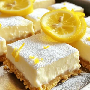 To make these lemon cheesecake squares, you need the following: - 1 ½ cups graham cracker crumbs - ½ cup unsalted butter, melted - 2 tablespoons granulated sugar - 16 oz cream cheese, softened - 1 cup granulated sugar - 3 large eggs, at room temperature - ½ cup fresh lemon juice (about 2-3 large lemons) - Zest from 2 lemons - 1 teaspoon pure vanilla extract - ½ teaspoon baking powder - Powdered sugar for dusting (optional) These ingredients come together to create a creamy, zesty dessert. The graham cracker crust gives a nice crunch, while the filling is smooth and refreshing. You can add some fun twists to your cheesecake! Here are a few ideas: - Fresh berries like blueberries or raspberries on top - Whipped cream for extra creaminess - A bit of lemon curd as a topping - Shredded coconut for a tropical vibe Using these extras can elevate your cheesecake squares and make them even more delightful! If you're missing some items, here are some easy swaps: - Use whole wheat or gluten-free graham crackers for the crust. - Swap cream cheese with ricotta or mascarpone for a different flavor. - Use honey or maple syrup instead of granulated sugar. - Bottled lemon juice can replace fresh lemon juice in a pinch. These substitutions allow you to customize the recipe while still keeping the joy of lemon cheesecake squares. For the full recipe, check out the details above! Start by preheating your oven to 350°F (175°C). In a medium bowl, mix 1 ½ cups of graham cracker crumbs, ½ cup of melted unsalted butter, and 2 tablespoons of granulated sugar. Use a fork or your fingers to blend everything well. You want the crumbs to look moist and crumbly. Next, transfer this mix to a greased 9x9-inch baking dish. Press the mixture down firmly and evenly to form a solid crust. Bake this in the oven for 10 minutes. After baking, let the crust cool for a few minutes before adding the filling. In a large mixing bowl, beat 16 oz of softened cream cheese using an electric mixer. Mix it on medium speed until it’s smooth, about 2-3 minutes. Gradually add in 1 cup of granulated sugar while mixing. Keep blending until there are no lumps. Now, add 3 large eggs one at a time. Make sure each egg blends in fully before adding the next. After the eggs, mix in ½ cup of fresh lemon juice, zest from 2 lemons, 1 teaspoon of pure vanilla extract, and ½ teaspoon of baking powder. Blend until everything is creamy and smooth. Carefully pour this cream cheese mixture over your cooled graham cracker crust in the baking dish. Use a spatula to spread the filling evenly. Bake the cheesecake for 25-30 minutes. The edges should set, but the center should still jiggle a bit. This jiggle is key for a creamy texture. Once baked, let it cool on the counter for about 30 minutes. Cover it with plastic wrap or foil and chill in the fridge for at least 4 hours. For the best flavor, let it chill overnight. When ready to serve, cut it into squares. If you want, dust the tops with powdered sugar for a sweet finish. For the full recipe, check the earlier section. When you make lemon cheesecake squares, avoid common mistakes. First, don’t skip the chilling time. It helps the squares set up well. Second, ensure your cream cheese is soft. Cold cream cheese can lead to lumps. Third, measure your ingredients carefully. Too much sugar or lemon can change the taste. Lastly, don’t open the oven door while baking. This can cause the cheesecake to crack. For a smooth and creamy texture, blend your cream cheese well. Use an electric mixer for best results. Mix until it’s free of lumps. Add eggs one at a time. Make sure each egg is well mixed before adding the next. This helps create a uniform filling. Also, avoid over-baking. The center should jiggle slightly when you take it out. This keeps it creamy and not dry. Serve your lemon cheesecake squares chilled. Cut them into even squares for a neat look. Dust with powdered sugar for a sweet touch. You can also add fresh mint leaves or lemon slices on top. This makes the dish look fancy. Pair with coffee or tea for a delightful treat. For a fun twist, serve with berry sauce or whipped cream on the side. Enjoy this recipe with friends and family! For the full recipe, check the main section. {{image_4}} You can change the flavor of your lemon cheesecake squares. Try adding different fruits. For a berry twist, mix in pureed strawberries or blueberries. This will give your dessert a sweet and tart taste. You can also add chocolate. Use cocoa powder or melted chocolate for a rich flavor. Another option is to mix in herbs like fresh basil or thyme for a unique touch. These changes make each bite exciting. If you need a gluten-free option, swap graham crackers for gluten-free crumbs. You can use almond flour or gluten-free cookies. Just make sure they are finely crushed. The rest of the recipe stays the same. This way, you can enjoy the creamy goodness without worry. Always check labels to ensure all ingredients are gluten-free. You can easily make this dessert vegan. Replace cream cheese with a vegan cream cheese alternative. Use flaxseed meal mixed with water instead of eggs. For every egg, use one tablespoon of flaxseed meal and two and a half tablespoons of water. You can also switch the butter for coconut oil or a vegan butter substitute. These changes keep the cheesecake squares creamy and delicious. You can find many vegan ingredients at your local store. To keep your lemon cheesecake squares fresh, place them in an airtight container. Make sure they are fully cooled before storing. You can layer the squares with parchment paper to avoid sticking. Store them in the fridge, where they will stay fresh for up to five days. If you want to save some squares for later, freezing is a great option. First, let the squares cool completely in the fridge. Then, wrap each square in plastic wrap. Place the wrapped squares in a freezer-safe bag or container. They can freeze for up to three months. When you are ready to enjoy them, thaw in the fridge overnight. Lemon cheesecake squares have a decent shelf life. In the fridge, they last about five days. If you freeze them, they can last up to three months. Always check for any signs of spoilage before serving. Enjoy your delicious squares at their best! For the full recipe, check the recipe section above. To make lemon cheesecake squares, start with the crust. Mix graham cracker crumbs, melted butter, and sugar. Press this mix into a baking dish and bake it. For the filling, beat cream cheese until creamy. Add sugar, then mix in eggs one by one. Stir in lemon juice, zest, vanilla, and baking powder. Pour this mix over the crust and bake again. Chill the squares before serving. For the full recipe, check out the detailed instructions above. Yes, you can use bottled lemon juice. However, fresh lemon juice tastes better. Fresh juice gives a brighter flavor and a more zesty kick. Bottled juice lacks some of the freshness from the real fruit. If you want the best taste, use fresh lemons. To cut cheesecake squares, use a sharp knife. First, dip the knife in warm water. This helps the knife glide smoothly through the cheesecake. Wipe the knife clean after each cut. This keeps the edges neat and pretty. For perfect squares, cut first into strips, then into individual squares. We covered the key ingredients for lemon cheesecake squares and how to make them. I shared tips to avoid common mistakes and options for flavor, dietary needs, and storage. Remember, small changes can lead to big flavors. Try different variations to find your favorite. With these steps, you can enjoy delicious lemon cheesecake squares anytime. Happy baking!