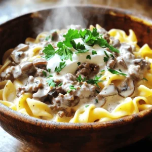 - 1 lb (450g) ground beef - 8 oz (225g) egg noodles Ground beef is the star of this dish. It gives a rich flavor and hearty bite. Use fresh ground beef for the best taste. Egg noodles are perfect for soaking up the sauce. They add a nice texture to the dish. - 1 medium onion, finely chopped - 2 cloves garlic, minced - 8 oz (225g) mushrooms, sliced Onion adds sweetness and depth. When you cook it, it becomes soft and fragrant. Garlic gives a wonderful aroma and flavor. Use fresh garlic for the best taste. Sliced mushrooms bring earthiness. They also add moisture to the dish. - 1 cup beef broth - 1 cup sour cream - 1 tablespoon Worcestershire sauce - 1 teaspoon Dijon mustard Beef broth is key for a rich sauce. It ties all the flavors together. Sour cream gives creaminess and tang. Worcestershire sauce adds a savory kick. Dijon mustard gives a hint of spice. These ingredients create a thick, tasty sauce that coats the noodles well. For the full recipe, check out the complete instructions. This will help you make a delicious ground beef stroganoff that everyone will love. To start, fill a large pot with salted water. You want it to taste like the sea. Bring the water to a rolling boil. This means you see big bubbles rising fast. Add 8 oz of egg noodles to the pot. Cook them for about 8 to 10 minutes. Check the package for exact times. You want the noodles to be al dente, which means they should be firm but cooked. Once done, drain the noodles in a colander. Let them sit to dry a bit. Next, grab a large skillet. Heat 2 tablespoons of olive oil over medium heat. When the oil shimmers, add 1 chopped onion. Cook it for about 3 to 4 minutes until it turns soft and clear. Then, add 2 minced garlic cloves. Stir it for another minute. This will make your kitchen smell amazing. If you want extra flavor, you can add a pinch of salt here to help the onions sweat. Now it’s time to brown the beef. Increase the heat a little and add 1 lb of ground beef to the skillet. Season it with salt and black pepper. Use a spatula to break up the meat. Cook it for about 5 to 7 minutes. You want the beef to be brown and fully cooked. Look for no pink bits. If the skillet has too much fat, carefully drain it. This step keeps your stroganoff from being greasy. By following these steps, you’ll create a base full of flavor for your ground beef stroganoff. Enjoy crafting this dish! For the complete method, refer to the Full Recipe. To make your ground beef stroganoff shine, adjust salt and pepper to your taste. Start with a pinch of each, then taste as you cook. Fresh ingredients matter. Use fresh mushrooms and onions for a brighter flavor. They bring life to your dish. A thick, rich sauce is key. To achieve this, sprinkle flour evenly over your meat and mushrooms. Stir well before adding broth. This avoids lumps. When adding broth, pour in slowly while whisking. This keeps your sauce smooth and creamy. Serve your stroganoff in elegant bowls. Add a swirl of extra sour cream on top for a creamy touch. Sprinkle fresh parsley for color and freshness. This little step elevates your dish. Pair with crusty bread for a complete meal. Enjoy your beautiful creation! {{image_4}} You can easily change this recipe to fit your needs. For a lighter version, try using ground turkey or chicken. This option keeps the dish tasty but cuts down on fat. If you want a vegetarian version, use lentils or a meat alternative like textured vegetable protein. These ingredients soak up the sauce well. For flavor twists, consider adding different veggies. Bell peppers or spinach can add color and nutrients. You can also use different mushrooms for a unique taste, like shiitake or portobello. You can cook this dish in many ways. The stovetop is quick and easy. Just follow the steps in the recipe. If you want a hands-off option, try an Instant Pot. Cook the beef and veggies on the sauté mode first. Then, add the broth and cook on high pressure for about 10 minutes. This method makes the meat tender and saves time. A slow cooker is another great choice. Brown the beef first, then put everything in the slow cooker. Cook on low for 6 to 8 hours. This allows the flavors to blend nicely, making a rich stroganoff. When serving stroganoff, side dishes can enhance your meal. Consider pairing it with crispy green beans or a fresh side salad. A slice of crusty bread is also great for soaking up the sauce. For a drink, a light red wine like pinot noir works well. It won't overpower the dish but will add a nice touch. This combination creates a full meal experience that you and your guests will love. To store your ground beef stroganoff, let it cool first. Place it in airtight containers. This keeps the meal fresh and tasty. Use glass or plastic containers that seal well. You can keep your leftovers in the fridge for up to three days. When reheating leftover stroganoff, use a skillet on low heat. Stir it often to keep it from sticking. If the sauce seems thick, add a splash of beef broth or water. You can also use a microwave. Heat it in short bursts of 30 seconds, stirring in between. Ensure it reaches a safe temperature of 165°F (74°C) before serving. To freeze your ground beef stroganoff, allow it to cool completely. Transfer it to freezer-safe containers or bags. Remove as much air as possible to prevent freezer burn. Label each container with the date. It can stay frozen for up to three months. When ready to eat, thaw it in the fridge overnight before reheating. You can make ground beef stroganoff lighter in a few ways. First, swap out ground beef for ground turkey or chicken. They are lower in fat but still juicy. You can also use whole wheat egg noodles for more fiber. Instead of sour cream, try Greek yogurt. It adds creaminess with less fat. You can add more veggies, like spinach or bell peppers, for extra nutrients. Absolutely! You can make stroganoff ahead of time. Cook the beef and sauce, then store them in the fridge. Keep the noodles separate until you’re ready to eat. This helps keep them from getting mushy. When you’re ready to serve, just reheat everything on the stove. Add a splash of broth if the sauce is too thick. Ground beef stroganoff pairs well with many sides. Some good options are steamed green beans or a fresh salad. You can also serve it with crusty bread to soak up the sauce. Mashed potatoes make a great base, too. They add a creamy touch that complements the dish nicely. Yes, you can make a gluten-free stroganoff. Use gluten-free pasta instead of egg noodles. For the sauce, replace regular flour with cornstarch or a gluten-free flour mix. Make sure your beef broth and Worcestershire sauce are gluten-free, too. These swaps keep the flavor while meeting gluten-free needs. Leftover ground beef stroganoff lasts about 3 to 4 days in the fridge. Store it in an airtight container to keep it fresh. If you want to keep it longer, you can freeze it. It stays good for about 2 to 3 months in the freezer. Just thaw it in the fridge before reheating. Ground beef stroganoff is a simple and tasty dish you can master. It needs just a few key ingredients and straightforward steps. You can enhance flavors with fresh ingredients and perfect your sauce for a rich taste. Don’t forget about fun variations and how to store leftovers well. Enjoy this dish with different sides or even a fun twist. With practice, you can serve a meal that impresses everyone at your table. Keep experimenting, and you'll make this dish your own.