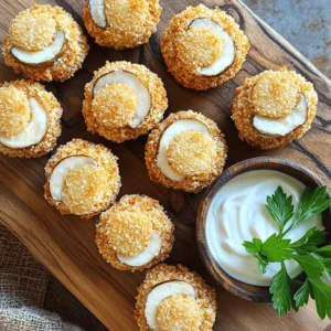 To create the perfect fried sliced mushrooms with ranch, gather these fresh and simple ingredients: - 16 oz fresh white mushrooms, cleaned and sliced - 1 cup breadcrumbs (using panko for extra crunch) - 1/2 cup all-purpose flour, seasoned with salt and pepper - 2 large eggs, beaten - 1 teaspoon garlic powder - 1 teaspoon onion powder - 1 teaspoon paprika - Salt and pepper to taste - Oil for frying (vegetable or canola) - 1/2 cup ranch dressing (for dipping) - Fresh parsley, chopped (for garnish) These ingredients form a tasty base for your crispy delight. The mushrooms deliver a nice texture, while the panko breadcrumbs add a satisfying crunch. I love using fresh parsley to brighten up the dish. It also adds a touch of color when serving. Don't forget the ranch dressing! It complements the mushrooms perfectly. You can find the full recipe for these crispy ranch-mushroom bites earlier in the article. Now, let’s go fry some mushrooms! - Prepare the coatings by mixing breadcrumbs with garlic powder, onion powder, paprika, salt, and pepper. - Set up dredging stations: one for flour, one for beaten eggs, and one for breadcrumbs. - Bread the mushrooms thoroughly in three steps: flour, egg, then breadcrumbs. First, I mix the breadcrumbs and spices in a bowl. This adds flavor to the mushrooms. Next, I set up my dredging station. I place seasoned flour in one bowl, beaten eggs in another, and the breadcrumb mix in the last bowl. This makes it easy to coat the mushrooms. Now, for the fun part! I take each mushroom slice and dip it in the seasoned flour. I make sure it is fully coated. Then, I shake off any extra flour. Next, it's time for the egg bath. I dip the floured mushroom into the beaten eggs. I want it fully covered to help the breadcrumbs stick. Finally, I roll the egg-coated mushroom in the breadcrumb mix. I press lightly to ensure a good coating. I repeat this with all the mushroom slices until they are all breaded. - Heat the oil to the right temperature for frying. - Fry the breaded mushrooms in batches until golden brown. - Drain excess oil using a slotted spoon. To fry, I pour enough oil into a large skillet to cover the bottom by about half an inch. I heat the oil over medium-high heat until it shimmers. This tells me it is hot enough. I carefully place the breaded mushrooms in the hot oil in batches. I avoid overcrowding the pan. Each mushroom fries for about 2-3 minutes on each side. I look for a golden brown color to know they are done. After frying, I use a slotted spoon to transfer the crispy mushrooms to a plate lined with paper towels. This helps absorb any extra oil. - Serve warm with ranch dressing for dipping. - Garnish with freshly chopped parsley. Once the mushrooms are crispy and golden, I serve them warm. I put a small bowl of ranch dressing next to the mushrooms for dipping. It adds a tasty touch! To make the dish look pretty, I garnish it with freshly chopped parsley. This adds color and freshness to the plate. Enjoy these crispy ranch-mushroom bites as a fun snack or appetizer! For the full recipe, check out the details provided above. Frying mushrooms right means keeping the oil hot. This helps them cook evenly. Don't crowd the pan; this keeps them crispy. Fry in small batches for the best texture. After frying, use a slotted spoon. This helps drain away extra oil. Get creative with your breadcrumbs. Try adding different seasoning blends for a twist. If you want more flavor, make your own ranch dressing. This gives a fresh taste. Always preheat the oil before adding the mushrooms. This gives them a better crunch. Use panko breadcrumbs instead of regular ones. They create a maximum crunch factor. For the full recipe, check the section above. Enjoy your crispy delight! {{image_4}} You can change up your dipping game with different sauces. Try blue cheese dressing for a creamy twist. Spicy mayo adds a kick that pairs well too. You can also use fresh salsa or guacamole for a fun twist. Each dip offers a new flavor to enjoy with your crispy mushrooms. Not all mushrooms are the same. Swap white mushrooms for portobello or shiitake for a richer taste. Both bring unique flavors that can elevate your dish. You can also mix in cheese or fresh herbs in the breadcrumb mix. This simple change adds depth to the flavor of your mushrooms. Want a lighter option? Try baking instead of frying your mushrooms. This method keeps them crispy while cutting down on oil. You can also switch to whole wheat breadcrumbs for added health benefits. These changes make your delicious snack a bit better for you without losing flavor. For the full recipe, check out Crispy Ranch-Mushroom Bites. Enjoy! Keep fried mushroom bites in an airtight container in the fridge. This helps them stay fresh. Consume within 2-3 days for best flavor and texture. The mushrooms taste best when you eat them soon after frying. Reheat in an oven or air fryer to retain crispiness. This method keeps the bites crunchy. Avoid the microwave as it can make them soggy and less tasty. Freeze uncooked breaded mushrooms for later frying. They can last up to 2 months in the freezer. There is no need to thaw them before frying. Just fry them straight from the freezer for a quick treat. Fresh mushrooms are recommended for best results, but frozen can work in a pinch. They may not have the same texture as fresh mushrooms, but they will still taste good. Just make sure to thaw and drain them well before using. Vegetable or canola oil works best for frying due to high smoke points. These oils heat well and ensure even cooking. Avoid oils with strong flavors, as they can change the taste of your dish. Ensure proper oil temperature and drain well after frying to maintain crispiness. If the oil is too cool, the mushrooms will absorb it and become soggy. After frying, let them rest on paper towels to absorb excess oil. Yes! Mix in garlic powder, herbs, or hot sauce to customize the ranch flavor. This adds a personal touch and makes the dip even more delicious. Get creative and find your favorite blend! This article shared a simple and tasty method for frying mushrooms. You learned about the key ingredients, preparation steps, and cooking tips. I highlighted ways to enhance flavor and offered suggestions for healthier options and variations. Fried mushrooms are a fun and crunchy treat, perfect for snack time or parties. With a few tweaks, you can make them your own. Enjoy your cooking and the delicious results!