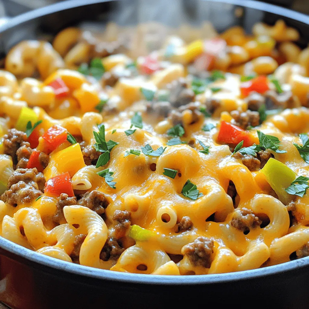 - 1 lb ground beef - 2 cups elbow macaroni - 2 cups sharp cheddar cheese, shredded - 1 medium onion, finely diced - 3 cloves garlic, minced - 1 bell pepper, chopped (any color of your choice) - 1 tablespoon Worcestershire sauce - 1 teaspoon paprika - 1 teaspoon dried oregano - Salt and pepper to taste - 4 cups beef broth - 1 can (14 oz) diced tomatoes (with juice) When I make One-Pot Beef and Cheddar Pasta, I love how simple it is. The main ingredients are easy to find. Ground beef is the base, adding rich flavor. Elbow macaroni cooks perfectly in the pot. Sharp cheddar cheese melts into a creamy sauce. Next, I add vegetables and seasonings. The onion, garlic, and bell pepper add depth. Worcestershire sauce brings a savory touch. Paprika and oregano add warmth and aroma. Salt and pepper help balance the flavors. Finally, I add liquids to the mix. Beef broth enhances the dish's heartiness. Diced tomatoes add a nice acidity. Together, these ingredients create a comforting meal. You can find the full recipe to guide you through the cooking process. Browning the beef First, heat a large pot or Dutch oven over medium heat. Add 1 pound of ground beef. Cook it for about 5 to 6 minutes. Break it apart with a spatula. Make sure it turns brown and there is no pink left. If there's extra fat, drain it from the pot. Sautéing the veggies Next, add 1 medium onion (finely diced) and 1 chopped bell pepper. Stir this mix for 3 to 4 minutes. You want the veggies to soften and smell good. After that, add 3 minced garlic cloves. Sauté for another minute. This will bring out the garlic's great flavor. Adding liquids and seasonings Now, toss in 2 cups of elbow macaroni. Pour in 4 cups of beef broth and add 1 can of diced tomatoes (with juice). Stir in 1 tablespoon of Worcestershire sauce, 1 teaspoon of paprika, and 1 teaspoon of dried oregano. Don’t forget to season with salt and pepper. Mix everything well to combine. Bringing to a boil Raise the heat to bring this mixture to a rolling boil. Once it starts boiling, reduce the heat to low. Cover the pot and let it simmer. This should take about 10 to 12 minutes. Stir occasionally to keep the pasta from sticking. You want the macaroni to be tender and to absorb most of the liquid. Stirring in cheese After the pasta cooks, remove the pot from the heat. Gradually stir in 2 cups of shredded sharp cheddar cheese. Mix until the cheese melts and makes a creamy sauce. Adjusting seasonings Now, taste your dish. Adjust the seasoning if you need to. Add extra salt and pepper to suit your taste. For a final touch, sprinkle fresh chopped parsley on top before serving. This adds a bright look and fresh flavor. For the full recipe, check out the details above! - Preventing pasta from sticking: Stir the pasta often while cooking. This helps keep it separate. You can also add a splash of oil to the pot. This keeps the pasta slick and smooth. - Perfecting flavor with seasonings: Taste as you cook. Add more salt or pepper if needed. You can also boost flavor with extra herbs. Paprika and oregano add depth. - Serving suggestions: Serve the pasta straight from the pot. This creates a cozy feel. You can also portion it into bowls for a nice touch. - Garnishing ideas: Top with extra cheddar cheese. A sprinkle of fresh parsley adds color too. This makes the dish look fresh and inviting. - Overcooking pasta: Keep an eye on the timer. Overcooked pasta turns mushy. Cook until it's just tender for the best texture. - Using low-quality cheese: Always choose sharp cheddar cheese. Higher quality cheese melts better and tastes richer. This makes your dish more delicious and creamy. For the full recipe, check the details above. Enjoy cooking! {{image_4}} You can swap ground beef for ground turkey or chicken. These meats are leaner but still tasty. They work well in this dish, keeping it light. You can also change the cheese. Try mozzarella or pepper jack for a fun twist. Each cheese adds a unique flavor to your pasta. Want to spice things up? Add jalapeños for heat. You can slice them and mix them in while cooking. They give your dish a nice kick! You can also add other vegetables. Try peas, spinach, or zucchini. These veggies boost nutrition and add color. If you need gluten-free options, use gluten-free pasta. Many brands offer great choices that taste good. For vegetarians, replace the beef with mushrooms or lentils. Both options give a hearty texture. You can still enjoy all the flavors while keeping it meat-free. To store leftovers of One-Pot Beef and Cheddar Pasta, let it cool first. Place it in a container. I recommend using airtight containers to keep it fresh. Glass or plastic containers work well. This helps prevent spills and keeps your fridge clean. You can freeze One-Pot Beef and Cheddar Pasta for longer storage. First, let it cool completely. Then, divide it into portions. Use freezer-safe bags or containers. Remove as much air as you can before sealing. To thaw, move it to the fridge overnight. For reheating, use a microwave or stovetop. Add a splash of beef broth to keep it moist. In the fridge, the pasta lasts about three to four days. If you freeze it, it can last for about three months. To ensure the best taste and quality, try to use it within this time frame. Always check for any signs of spoilage before eating. Yes, you can make One-Pot Beef and Cheddar Pasta in advance. Cook it, then let it cool. Store it in an airtight container in the fridge for up to three days. When ready to eat, just reheat on the stove or in the microwave. You can pair this pasta with a simple side salad. A green salad with lettuce, tomatoes, and cucumbers works well. Garlic bread is also a nice touch. It adds crunch and flavor to your meal. To add some heat, mix in sliced jalapeños or red pepper flakes. You can also use spicy cheese, like pepper jack. Start with a small amount and adjust to your taste. Yes! Ground turkey or chicken can work instead of beef. They will give a lighter flavor. You can also try using sausage for a richer taste. Absolutely! Swap the beef with lentils or mushrooms. Use vegetable broth instead of beef broth. You can also add more veggies like zucchini or spinach for extra nutrients. Let the pasta cool first. Then place it in an airtight container. Keep it in the fridge for about three days. You can also freeze it for up to two months. Yes! Use gluten-free elbow macaroni. Just make sure to check labels. You can still enjoy all the flavors without gluten. Add fresh herbs like basil or thyme. They add freshness and depth. You can also try different spices like cumin or chili powder for a unique twist. You can use mozzarella for a milder taste. For a sharper flavor, try gouda or havarti. Just make sure to choose cheese that melts well. Yes, you can! Brown the meat and veggies first. Then transfer them to a slow cooker. Add the liquids and cook on low for 4-6 hours. Stir in the cheese just before serving. If your pasta is mushy, it can be hard to fix. Try adding a bit of cream or cheese to help. It can mask some of the texture. Next time, keep an eye on the cooking time. This blog post covered a simple and tasty One-Pot Beef and Cheddar Pasta. We discussed key ingredients like ground beef, elbow macaroni, and delicious sharp cheddar cheese. I shared easy steps for cooking and tips to avoid common mistakes. We also explored fun variations to add more flavor and ways to store leftovers properly. Enjoy this dish any time, knowing you can adjust it to fit your taste! Happy cooking!