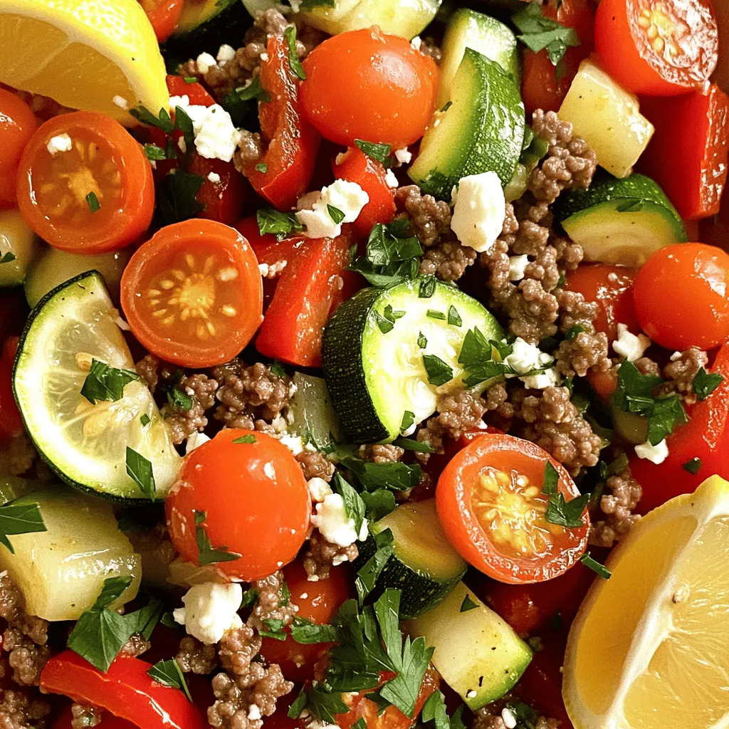 To make this tasty dish, gather these main ingredients: - 1 lb ground beef - 2 tablespoons extra virgin olive oil - 1 medium onion, finely chopped - 2 cloves fresh garlic, minced - 1 red bell pepper, sliced into strips - 1 medium zucchini, sliced into half-moons - 1 cup cherry tomatoes, halved These ingredients form the base of the dish. The ground beef gives it richness. The veggies add color and crunch. I love how the cherry tomatoes burst with flavor as they cook. Next, you'll need some spices to boost the taste: - 1 teaspoon dried oregano - 1 teaspoon ground cumin - Salt and black pepper, to taste These spices work together beautifully. Oregano brings a classic Mediterranean flavor. Cumin adds warmth and depth. Don't forget to season to your liking! For the final touch, consider these garnishes: - 1/4 cup feta cheese, crumbled - Fresh parsley, finely chopped (for garnish) - Lemon wedges (for serving) Feta cheese adds a creamy, salty bite. Fresh parsley brightens the dish with color. Lemon wedges give a nice zesty pop when squeezed over the stir-fry. You can find the full recipe to try this dish and explore more options! Start by heating 2 tablespoons of extra virgin olive oil in a large skillet. Set the heat to medium-high. You’ll know it’s ready when the oil looks shiny. This step is key to getting the right flavor base for your dish. Next, add 1 medium onion, finely chopped. Sauté for 2-3 minutes until it turns soft and clear. This helps build a nice flavor. Then, stir in 2 cloves of minced garlic. Cook it for another minute. Watch closely so it doesn’t burn. Now, turn up the heat a little and add 1 pound of ground beef. Use a wooden spoon to break it apart. Cook for about 5-7 minutes. You want it browned and cooked through. If you see extra fat, drain it carefully. Once the beef is ready, season it with 1 teaspoon of dried oregano, 1 teaspoon of ground cumin, salt, and black pepper. Mix well so the spices coat the meat evenly. Time to add the veggies! Toss in 1 sliced red bell pepper and 1 sliced zucchini. Stir everything together for 4-5 minutes. You want the veggies to be tender but still crunchy. Then, fold in 1 cup of halved cherry tomatoes. Let them warm for about 2 minutes. They should soften but keep their shape. Finally, take the skillet off the heat. Sprinkle 1/4 cup of crumbled feta cheese on top. It will melt with the heat. Garnish with chopped parsley and serve with lemon wedges from the [Full Recipe]. When cooking ground beef, start with a hot skillet. Heat the olive oil until it shimmers. This helps brown the meat well. Break the beef apart with a wooden spoon. Cook until it turns brown all over. Drain excess fat for a leaner meal. Don't overcrowd the pan; this keeps the heat high. If needed, cook in batches. This way, every piece gets that nice brown color. To boost Mediterranean flavors, use fresh herbs like parsley. Add a squeeze of lemon juice for brightness. The dried oregano and cumin in the recipe add depth. Try adding olives or capers for a briny touch. Don't forget to use high-quality olive oil; it makes a big difference. Taste as you cook; adjust salt and pepper to your liking. For a great presentation, serve the stir-fry in bowls. This makes it easy to share. Sprinkle extra parsley on top for color. Add lemon wedges on the side for a fresh pop. You can also serve it on a large platter. This lets everyone see the vibrant colors. Remember, we eat with our eyes first! Enjoy making it look as good as it tastes. For the full recipe, check out the detailed steps. {{image_4}} If you want a vegetarian twist, replace ground beef. Use crumbled tempeh or lentils. Both options soak up the spices well. You can also add firm tofu for a protein boost. Cook it just like the beef for the best flavor. This stir-fry is easy to make gluten-free. Simply skip any soy sauce that may contain gluten. Use tamari instead for a similar taste. Check labels on all ingredients to ensure they are gluten-free. With these simple swaps, anyone can enjoy this dish. Feel free to mix in different veggies. Broccoli, spinach, or eggplant can add nutrition and color. You can even add chickpeas for extra protein. For a heartier dish, try using chicken or shrimp. Cook them until done before adding veggies. Enjoy experimenting with flavors in your Mediterranean ground beef stir-fry. For the full recipe, check out the detailed cooking steps above. To store your Mediterranean ground beef stir-fry, let it cool first. Then, place it in an airtight container. Make sure to seal it tightly to keep out air and moisture. You can store it in the fridge for up to three days. If you want to keep it longer, consider freezing it. Use freezer-safe containers or bags, and label them with the date. When you're ready to enjoy your leftovers, reheat them properly. You can use the microwave or the stovetop. If using the microwave, place the stir-fry in a bowl and cover it. Heat in short bursts, stirring in between, until it’s hot. For the stovetop, add a splash of water or olive oil to a skillet over medium heat. Stir until warmed through, about 5-7 minutes. The shelf life of your Mediterranean ground beef stir-fry varies based on storage. In the fridge, it lasts about three days. If you freeze it, it can last up to three months. However, for the best taste and texture, try to eat it within one month. Always check for any off smells or changes in texture before eating. If you want to swap ground beef, try ground turkey or chicken. Both options are lean and still tasty. You can also use ground lamb for a richer flavor. For a plant-based twist, try lentils or crumbled tofu. Each of these will bring a different taste but keep the dish delicious. Yes, you can make this stir-fry ahead of time. Cook it fully and let it cool. Store it in an airtight container in the fridge for up to three days. When you're ready, just reheat it on the stove or in the microwave. This makes for a quick meal later! To add more heat, include red pepper flakes or a dash of hot sauce. You can also mix in some chopped jalapeños for a fresh kick. If you prefer a smoky flavor, try adding smoked paprika. Adjust spice levels to fit your taste. Serve this stir-fry with a side of fluffy couscous or rice. A simple salad with cucumbers and tomatoes also works great. You might enjoy some warm pita bread to scoop up the stir-fry. Each side enhances the meal's flavors and textures. For the full recipe, check out the complete guide. This blog post covered how to make a tasty Mediterranean ground beef stir-fry. You learned about key ingredients, steps to prepare it, and tips to enhance flavor. I also shared variations and storage tips to help you save time. In my experience, this dish is simple and rewarding. It’s perfect for any meal. Enjoy trying different ingredients to suit your taste. Happy cooking!