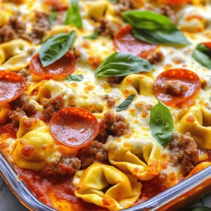 - Fresh cheese tortellini - Italian sausage - Pepperoni slices - Ground beef - Mozzarella cheese - Marinara sauce - Pizza sauce - Italian herbs - Olive oil - Salt and pepper - Fresh basil (optional) To make Meat Lovers Pizza Tortellini, you need fresh cheese tortellini as your base. This pasta is soft and holds flavor well. For meat, crumbled Italian sausage and cooked ground beef give a hearty texture. Pepperoni slices add a nice spice and crunch. You also need shredded mozzarella cheese for that gooey, melty goodness. Marinara sauce and pizza sauce bring the pizza flavor to life. Italian herbs like oregano and basil add depth to the dish. Olive oil helps cook the sausage. Don't forget salt and pepper for seasoning. Fresh basil can elevate the look and taste if you like. You can find all these ingredients at your local grocery store. This list makes about four servings. You will love how these ingredients come together to create a warm, filling meal. For the full recipe, check out the detailed steps in the recipe section. Start by boiling a large pot of salted water. Once it bubbles, add the fresh cheese tortellini. Cook them based on the package directions until they are al dente. This means they should be firm but not hard. After cooking, drain the tortellini and set them aside. Next, grab a large skillet and heat it over medium heat. Add olive oil to the hot pan. Once the oil shimmers, toss in the crumbled Italian sausage. Cook it until it turns brown and is fully cooked. Then, add the cooked ground beef to the skillet. Stir everything together and let the flavors mix for 2-3 minutes. Now it’s time to add the fun part: the pepperoni! Put the halved pepperoni into the meat mixture. Let it cook for another 2 minutes. This will make the pepperoni crisp and release its tasty oils. After that, lower the heat and pour in both the marinara sauce and pizza sauce. Mix everything well, adding dried Italian herbs, salt, and pepper to taste. Carefully fold the cooked tortellini into your skillet. Gently stir until every piece is coated with the meat and sauce. You want to make sure the flavors blend nicely. Next, sprinkle the shredded mozzarella cheese evenly over the top. Cover the skillet with a lid and cook on low heat for about 5 minutes. This will help the cheese melt and become bubbly. Once the cheese is melted, remove the lid and give the mixture a gentle stir. This helps mix everything together. Serve your dish hot on plates or in bowls. For a fresh touch, you can garnish it with basil leaves if you like. For the complete recipe, check out the Full Recipe section! To keep your tortellini from becoming mushy, cook them just until al dente. This means they should still have a slight bite. Follow the package instructions carefully. Once cooked, drain them right away. Don’t let them sit in the water. For the cheese, melting it perfectly is key. After folding the tortellini into the meat mixture, sprinkle the mozzarella on top. Cover the skillet with a lid. This traps the heat and helps the cheese melt evenly. Cook on low heat for about five minutes. You want it bubbly and golden. To amp up the flavor, consider adding spices like crushed red pepper or garlic powder. You can also try different cheeses. Gouda or provolone can add a nice twist. Want extra toppings? Add sliced olives, mushrooms, or bell peppers. These will bring more taste and texture to your dish. For the perfect side dish, serve a fresh green salad. A light vinaigrette pairs well with the rich flavors of the tortellini. Garlic bread is another great option. It helps soak up all the delicious sauce. When it comes to beverages, a light beer or a glass of red wine works well. Look for something fruity and not too heavy. Sparkling water with a slice of lemon is a refreshing non-alcoholic choice. For the complete recipe, check out the [Full Recipe]. {{image_4}} You can switch up the meats in this dish. Try chicken or ham for a twist. These options add new flavors and textures. If you want a vegetarian choice, use meat substitutes like tempeh or seitan. These alternatives work well and still taste great. They soak up the sauce, making every bite delicious. The sauce is key to a tasty dish. You can use different pizza or pasta sauces to change the flavor. For a creamier texture, add a rich Alfredo sauce or a bright pesto. Mixing marinara with cream gives a nice balance. You can also try spicy sauce for a kick. Experimenting with sauces lets you find the perfect taste. Adding veggies can make your dish even better. Bell peppers, onions, or mushrooms add color and nutrition. You can also sprinkle extra cheese on top. Try goat cheese or Parmesan for a new flavor. Mixing different cheeses brings richness and depth. Get creative with toppings to make your Meat Lovers Pizza Tortellini unique. For the full recipe, check out the details above. To store your Meat Lovers Pizza Tortellini leftovers, let them cool first. Place the tortellini in an airtight container. This keeps them fresh and safe. Use glass or plastic containers with tight lids for the best results. Avoid using metal containers as they may rust. If you want to save the dish for later, freezing is a great option. Make sure the tortellini is fully cooled before freezing. Use freezer-safe bags or containers. Squeeze out as much air as possible to prevent freezer burn. When you are ready to eat, thaw the tortellini in the fridge overnight. Reheat gently on the stove or in the microwave until hot. In the fridge, the Meat Lovers Pizza Tortellini lasts about three to four days. If you freeze it, it can last up to three months. Always check for signs of spoilage. Look for any off smells, mold, or changes in texture. If you notice any of these, it’s best to throw it away. Meat Lovers Pizza Tortellini is a fun twist on classic pizza flavors. It combines cheese tortellini with savory meats like Italian sausage, pepperoni, and ground beef. The dish gets its rich taste from marinara and pizza sauce, topped with gooey mozzarella cheese. This dish is hearty and fills you up, perfect for pizza lovers. Yes, you can use frozen tortellini! Just add it directly to boiling water. Cook it for 1-2 minutes longer than fresh tortellini. Make sure to check the package for exact cooking times. This method keeps your meal quick and easy. To make this dish vegetarian, swap the meats for plant-based options. Use meatless sausage or mushrooms for texture. You can also add more veggies like bell peppers or spinach. This keeps the flavor while making it meat-free. Yes, you can prepare it in advance! Cook the tortellini and meat mixture. Then, store them separately in the fridge. When you're ready to eat, combine them and reheat. This saves time on busy nights. Great side dishes include a fresh salad or garlic bread. You can also serve it with steamed vegetables for balance. These options add color and nutrition to your meal. Many pizza places and Italian restaurants offer variations of Meat Lovers Pizza Tortellini. Check local chains like Olive Garden or Pizza Hut. They may have similar pasta dishes on their menus. Now you know how to make Meat Lovers Pizza Tortellini. We covered ingredients, cooking steps, and helpful tips. Remember to use fresh ingredients for the best flavor. Feel free to try variations with different meats and sauces. Don't forget to store leftovers properly. With these tips, you can impress friends and family. Enjoy your cooking and have fun experimenting with flavors!