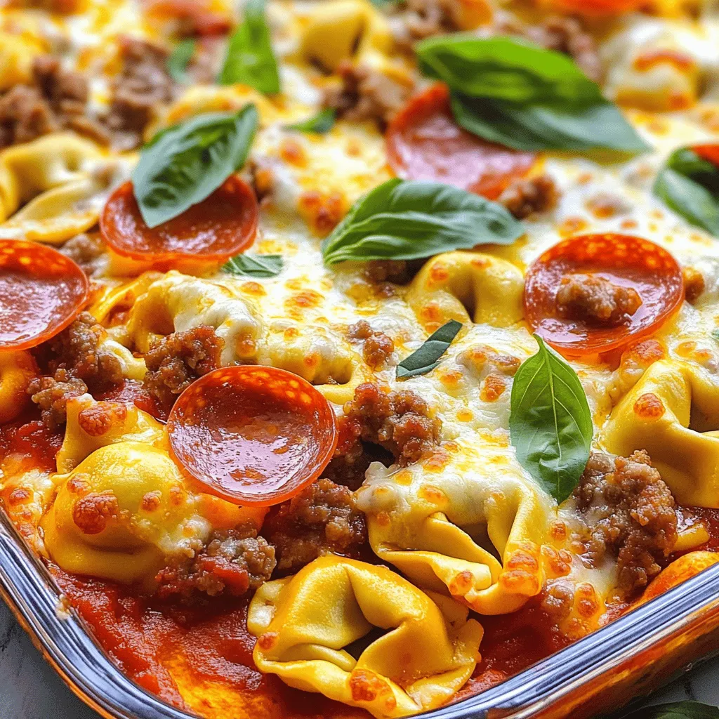 - Fresh cheese tortellini - Italian sausage - Pepperoni slices - Ground beef - Mozzarella cheese - Marinara sauce - Pizza sauce - Italian herbs - Olive oil - Salt and pepper - Fresh basil (optional) To make Meat Lovers Pizza Tortellini, you need fresh cheese tortellini as your base. This pasta is soft and holds flavor well. For meat, crumbled Italian sausage and cooked ground beef give a hearty texture. Pepperoni slices add a nice spice and crunch. You also need shredded mozzarella cheese for that gooey, melty goodness. Marinara sauce and pizza sauce bring the pizza flavor to life. Italian herbs like oregano and basil add depth to the dish. Olive oil helps cook the sausage. Don't forget salt and pepper for seasoning. Fresh basil can elevate the look and taste if you like. You can find all these ingredients at your local grocery store. This list makes about four servings. You will love how these ingredients come together to create a warm, filling meal. For the full recipe, check out the detailed steps in the recipe section. Start by boiling a large pot of salted water. Once it bubbles, add the fresh cheese tortellini. Cook them based on the package directions until they are al dente. This means they should be firm but not hard. After cooking, drain the tortellini and set them aside. Next, grab a large skillet and heat it over medium heat. Add olive oil to the hot pan. Once the oil shimmers, toss in the crumbled Italian sausage. Cook it until it turns brown and is fully cooked. Then, add the cooked ground beef to the skillet. Stir everything together and let the flavors mix for 2-3 minutes. Now it’s time to add the fun part: the pepperoni! Put the halved pepperoni into the meat mixture. Let it cook for another 2 minutes. This will make the pepperoni crisp and release its tasty oils. After that, lower the heat and pour in both the marinara sauce and pizza sauce. Mix everything well, adding dried Italian herbs, salt, and pepper to taste. Carefully fold the cooked tortellini into your skillet. Gently stir until every piece is coated with the meat and sauce. You want to make sure the flavors blend nicely. Next, sprinkle the shredded mozzarella cheese evenly over the top. Cover the skillet with a lid and cook on low heat for about 5 minutes. This will help the cheese melt and become bubbly. Once the cheese is melted, remove the lid and give the mixture a gentle stir. This helps mix everything together. Serve your dish hot on plates or in bowls. For a fresh touch, you can garnish it with basil leaves if you like. For the complete recipe, check out the Full Recipe section! To keep your tortellini from becoming mushy, cook them just until al dente. This means they should still have a slight bite. Follow the package instructions carefully. Once cooked, drain them right away. Don’t let them sit in the water. For the cheese, melting it perfectly is key. After folding the tortellini into the meat mixture, sprinkle the mozzarella on top. Cover the skillet with a lid. This traps the heat and helps the cheese melt evenly. Cook on low heat for about five minutes. You want it bubbly and golden. To amp up the flavor, consider adding spices like crushed red pepper or garlic powder. You can also try different cheeses. Gouda or provolone can add a nice twist. Want extra toppings? Add sliced olives, mushrooms, or bell peppers. These will bring more taste and texture to your dish. For the perfect side dish, serve a fresh green salad. A light vinaigrette pairs well with the rich flavors of the tortellini. Garlic bread is another great option. It helps soak up all the delicious sauce. When it comes to beverages, a light beer or a glass of red wine works well. Look for something fruity and not too heavy. Sparkling water with a slice of lemon is a refreshing non-alcoholic choice. For the complete recipe, check out the [Full Recipe]. {{image_4}} You can switch up the meats in this dish. Try chicken or ham for a twist. These options add new flavors and textures. If you want a vegetarian choice, use meat substitutes like tempeh or seitan. These alternatives work well and still taste great. They soak up the sauce, making every bite delicious. The sauce is key to a tasty dish. You can use different pizza or pasta sauces to change the flavor. For a creamier texture, add a rich Alfredo sauce or a bright pesto. Mixing marinara with cream gives a nice balance. You can also try spicy sauce for a kick. Experimenting with sauces lets you find the perfect taste. Adding veggies can make your dish even better. Bell peppers, onions, or mushrooms add color and nutrition. You can also sprinkle extra cheese on top. Try goat cheese or Parmesan for a new flavor. Mixing different cheeses brings richness and depth. Get creative with toppings to make your Meat Lovers Pizza Tortellini unique. For the full recipe, check out the details above. To store your Meat Lovers Pizza Tortellini leftovers, let them cool first. Place the tortellini in an airtight container. This keeps them fresh and safe. Use glass or plastic containers with tight lids for the best results. Avoid using metal containers as they may rust. If you want to save the dish for later, freezing is a great option. Make sure the tortellini is fully cooled before freezing. Use freezer-safe bags or containers. Squeeze out as much air as possible to prevent freezer burn. When you are ready to eat, thaw the tortellini in the fridge overnight. Reheat gently on the stove or in the microwave until hot. In the fridge, the Meat Lovers Pizza Tortellini lasts about three to four days. If you freeze it, it can last up to three months. Always check for signs of spoilage. Look for any off smells, mold, or changes in texture. If you notice any of these, it’s best to throw it away. Meat Lovers Pizza Tortellini is a fun twist on classic pizza flavors. It combines cheese tortellini with savory meats like Italian sausage, pepperoni, and ground beef. The dish gets its rich taste from marinara and pizza sauce, topped with gooey mozzarella cheese. This dish is hearty and fills you up, perfect for pizza lovers. Yes, you can use frozen tortellini! Just add it directly to boiling water. Cook it for 1-2 minutes longer than fresh tortellini. Make sure to check the package for exact cooking times. This method keeps your meal quick and easy. To make this dish vegetarian, swap the meats for plant-based options. Use meatless sausage or mushrooms for texture. You can also add more veggies like bell peppers or spinach. This keeps the flavor while making it meat-free. Yes, you can prepare it in advance! Cook the tortellini and meat mixture. Then, store them separately in the fridge. When you're ready to eat, combine them and reheat. This saves time on busy nights. Great side dishes include a fresh salad or garlic bread. You can also serve it with steamed vegetables for balance. These options add color and nutrition to your meal. Many pizza places and Italian restaurants offer variations of Meat Lovers Pizza Tortellini. Check local chains like Olive Garden or Pizza Hut. They may have similar pasta dishes on their menus. Now you know how to make Meat Lovers Pizza Tortellini. We covered ingredients, cooking steps, and helpful tips. Remember to use fresh ingredients for the best flavor. Feel free to try variations with different meats and sauces. Don't forget to store leftovers properly. With these tips, you can impress friends and family. Enjoy your cooking and have fun experimenting with flavors!
