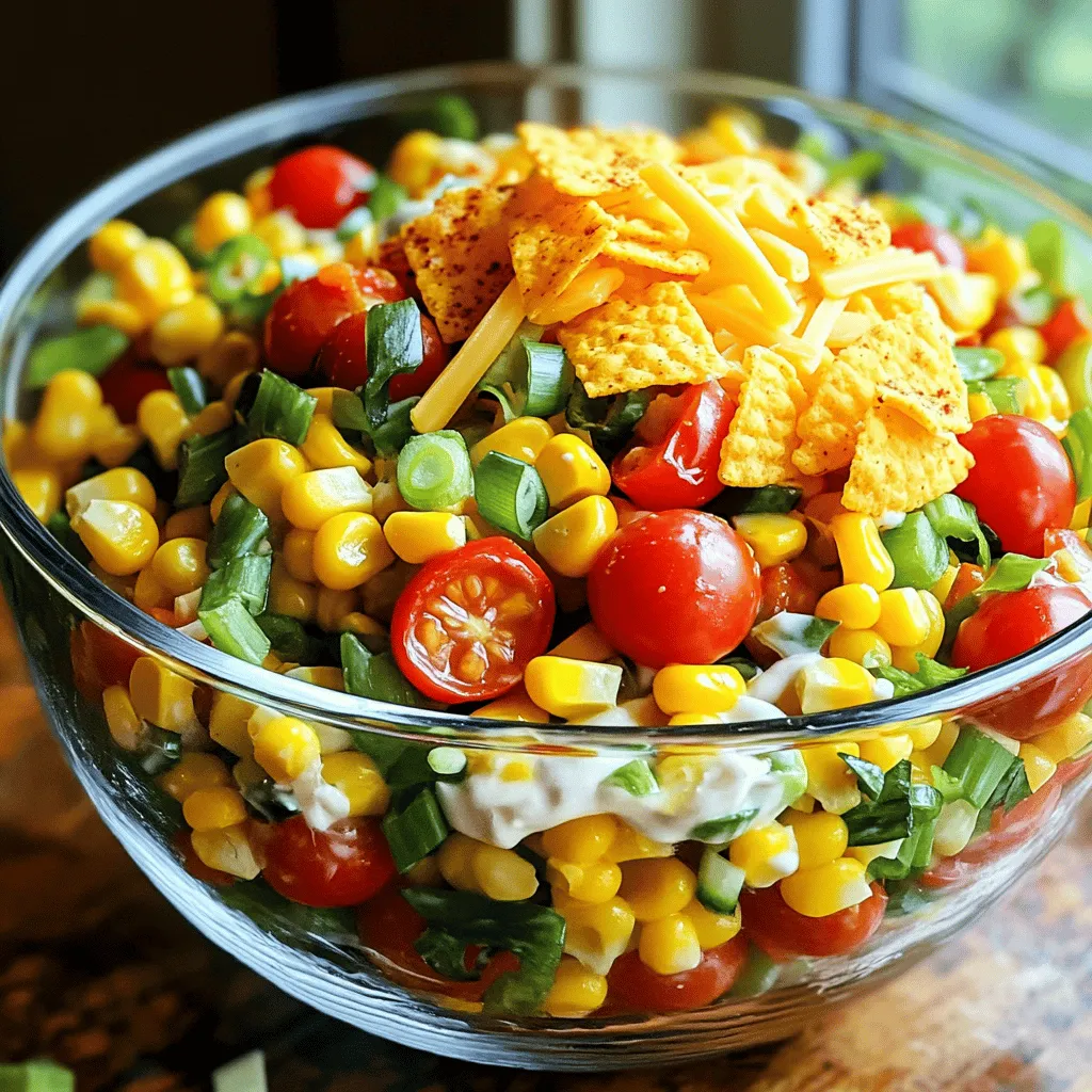 - Fresh, frozen, or canned corn (2 cups) - Fritos corn chips (1 cup) - Cherry tomatoes, halved (1 cup) - Red bell pepper, diced (1/2 cup) - Green onions, sliced (1/2 cup) - Shredded cheddar cheese (1/2 cup) - Mayonnaise (1/2 cup) - Lime juice (1 tablespoon) - Chili powder (1 teaspoon) - Salt and pepper to taste These ingredients work together to make a crunchy and flavorful salad. Fresh corn adds sweetness, while Fritos bring the perfect crunch. Cherry tomatoes and red bell peppers add color and taste. Green onions give a fresh bite, and cheddar cheese adds richness. The mayonnaise and lime juice create a creamy dressing that ties it all together. - Avocado, diced - Black beans, rinsed and drained - Jalapeños, minced For those wanting to boost flavor, consider adding diced avocado for creaminess. Black beans add protein and texture, while minced jalapeños bring heat. These extras can make the salad even more delicious and satisfying. You can find the Full Recipe for this delightful dish included above. 1. Preparing the corn: If you use fresh corn, boil it. Bring water to a boil and add corn. Cook for 3-5 minutes until tender. Drain and let it cool. For frozen corn, just follow package instructions. Canned corn needs to be drained before using. 2. Mixing the vegetables: In a large bowl, add the cooled corn, halved cherry tomatoes, diced red pepper, sliced green onions, and shredded cheddar cheese. Toss gently to mix. 1. In a small bowl, whisk together mayonnaise, lime juice, chili powder, salt, and pepper. Mix until smooth. This dressing adds creaminess and a kick to the salad. 1. Pour the dressing over the vegetable mix. Fold gently to coat everything without smashing the Fritos. 2. Just before serving, add the Fritos corn chips. This keeps them crunchy. If you want extra crunch, sprinkle them on top instead of mixing. For the full recipe, check the complete instructions above! To make the best Fritos Corn Salad, you need to mix gently. When you combine the veggies and dressing, be careful not to crush the Fritos. Use a spatula and fold the mixture. This keeps your chips crunchy! For flavor boost, chill the salad for at least 30 minutes. This step lets all the tastes mix well. The cold salad feels fresh and ready to serve. Fritos Corn Salad is perfect for summer barbecues and picnics. It's also great for potlucks or game day snacks. People love the crunch and flavor! Pair this salad with grilled meats like chicken or burgers. It also goes well with spicy dishes or tacos. Try it as a side with your favorite main course! For the full recipe, check out the [Full Recipe]. {{image_4}} You can make Fritos Corn Salad your own. Adding protein can boost its flavor and nutrition. Grilled chicken or shrimp works great. Just chop the cooked meat and mix it in. This adds a tasty twist and makes it more filling. If you want a vegetarian option, try tofu. Use firm tofu, cut into cubes. Cook it in a pan until golden. Then, add it to the salad. This makes the dish hearty and satisfying for everyone. You can also change the flavor of your salad. For a Mexican-inspired taste, add taco seasoning. This gives the dish a bold kick. Just mix in about one tablespoon of seasoning with the dressing for a fun twist. If you want a Southwest vibe, try corn salsa. Mix in a scoop of your favorite corn salsa just before serving. This adds freshness and extra crunch. These variations make Fritos Corn Salad versatile and exciting. You can enjoy it in many ways! For more ideas, check out the Full Recipe. To keep your Fritos corn salad fresh, put it in the fridge right away. Use an airtight container. This helps keep the flavors intact. You can use glass or plastic containers. Just make sure they seal well. If you have leftovers, try to eat them within a few days. Fritos corn salad will stay fresh for about 3 to 5 days in the fridge. After that, the flavors fade. You may also notice some signs of spoilage. Watch for changes in smell or color. If it smells off or looks slimy, it’s best to throw it away. Keeping an eye on these signs helps ensure your meal stays safe and tasty. Enjoy your cooking and savor the crunch of those Fritos! Can I make this salad ahead of time? Yes, you can make Fritos corn salad ahead of time. Making it a few hours before serving lets the flavors mix well. Just wait to add the Fritos until you serve it. This keeps them crunchy. What can I use instead of mayonnaise for a healthier option? Greek yogurt works great instead of mayonnaise. It adds creaminess and has less fat. You can also try avocado for a rich taste. Both options keep your salad tasty and healthy. How do I make a vegan version of this salad? To make a vegan version, swap mayonnaise with vegan mayo or cashew cream. You can also use plant-based cheese. This keeps it creamy and delicious without animal products. Can I add different vegetables to the recipe? Absolutely! You can add vegetables like diced cucumbers, shredded carrots, or bell peppers. Feel free to mix in your favorites. This makes the salad more colorful and packed with nutrients. This blog post showed you how to make a tasty Fritos Corn Salad. We covered the needed ingredients, step-by-step instructions, and helpful tips. You learned about options for flavor, serving ideas, and proper storage. Remember, you can customize the salad to fit your taste. Enjoy making this fun dish for any gathering. With fresh veggies and crunchy Fritos, it will surely please everyone. Happy cooking!