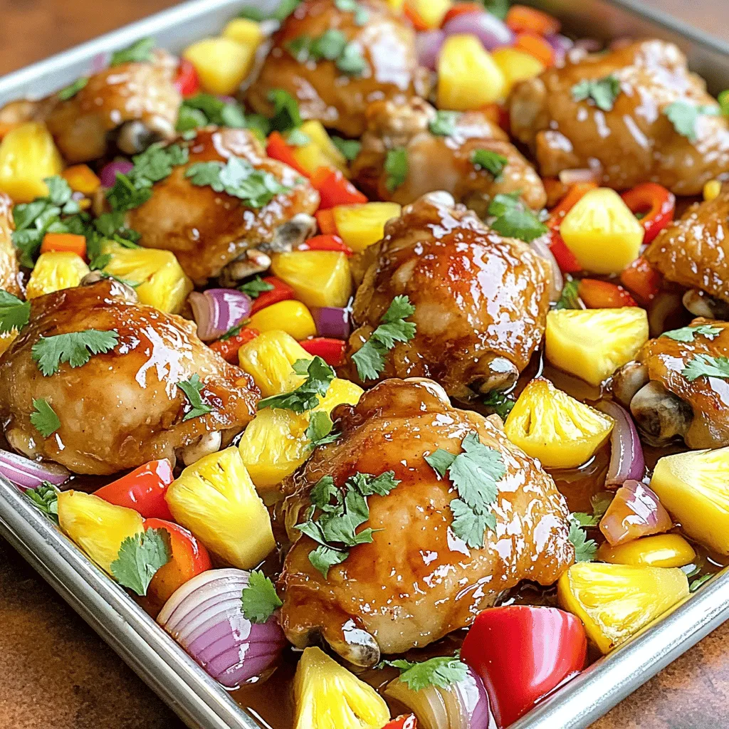 - Chicken thighs: I prefer chicken thighs for their juicy texture. They stay tender during cooking and soak up flavors well. - Vegetables: I use bell peppers, onion, and pineapple. The bright colors add beauty and crunch. Pineapple gives a sweet touch that balances the savory taste. - Sauces: I mix soy sauce, teriyaki sauce, and honey. These sauces provide a rich, sweet, and tangy flavor. They create a wonderful glaze on the chicken and veggies. - Seasonings: Garlic and ginger are my go-to spices. They add depth and warmth. Don't forget salt and pepper to enhance all the flavors. This combination makes a delicious meal that feels like a tropical getaway. For the full recipe, check out the Tropical Hawaiian Chicken Sheet Pan Delight. First, preheat your oven to 400°F (200°C). This sets the stage for cooking. Line a large sheet pan with parchment paper. This helps with cleanup and keeps food from sticking. Next, mix the sauce. In a small bowl, combine the soy sauce, teriyaki sauce, honey, olive oil, minced garlic, grated ginger, salt, and pepper. Whisk well until everything blends smoothly. Set this sauce aside for later. Now, position the chicken thighs in the center of the prepared sheet pan. Drizzle half of your sauce over the chicken. Make sure each piece is well-coated for great flavor. Then, surround the chicken with the pineapple chunks and colorful bell pepper strips. Add the onion wedges around the chicken. This makes your dish look vibrant and appetizing. Take the remaining sauce and drizzle it over the veggies. Gently toss the vegetables to coat them without breaking them. Place the sheet pan in your preheated oven and bake for 25-30 minutes. The chicken is done when it reaches an internal temperature of 165°F (75°C) and looks golden-brown. For extra flavor, switch to broil for 2-3 minutes. Keep a close eye on it to avoid burning. Once done, carefully take the pan out of the oven. Let the chicken and veggies rest for a few minutes before serving. If you like, add fresh cilantro on top for a pop of color. Enjoy your Hawaiian Chicken Sheet Pan meal! For more details, check out the Full Recipe. To make sure your chicken cooks well, use boneless, skinless thighs. They stay juicy and tender. Always check the internal temperature. It should reach 165°F, which means it is safe to eat. For even cooking, let the chicken sit at room temperature for about 15 minutes before baking. Choosing the right vegetables is key. I love using red and yellow bell peppers for color and sweetness. Pineapple adds a nice, tropical flavor. You can also try red onion for its mild taste. Cut all veggies to a similar size so they cook evenly. I like to serve this dish with fluffy jasmine rice or quinoa. Both options soak up the tasty juices from the chicken and veggies. You can also add a slice of lime on the side. The lime gives a fresh kick that brightens the whole meal. For presentation, garnish the dish with fresh cilantro. It adds a pop of color and a burst of flavor. Just sprinkle a bit on top before serving for a lovely finish. Feel free to get creative with toppings. Chopped nuts like cashews or peanuts add a great crunch. You can also sprinkle sesame seeds for a nutty touch. For extra zest, add fresh herbs like basil or mint. A dash of red pepper flakes can make it spicy. These simple additions can elevate the flavors. Try them out to find your favorite mix! For the full recipe, check out the Tropical Hawaiian Chicken Sheet Pan Delight . {{image_4}} You can swap out the chicken thighs for chicken breasts if you prefer. Breasts are leaner but can dry out more easily. Thighs stay juicy and flavorful. You can also try using turkey or pork if you're feeling adventurous. For vegetables, you have many options. Zucchini and broccoli work well in this dish. You can use snap peas or carrots for a different crunch. Just remember to cut them into even pieces for even cooking. Want to change the flavor? Try using different sauces. Barbecue sauce adds a smoky touch. Sweet and sour sauce brings a tangy twist. You can even use a spicy sauce for a kick. Adjust the sweetness by changing the amount of honey. If you prefer less sweet, use less honey or add more soy sauce. You can also add some lime juice for a fresh zing. If you need gluten-free options, use tamari instead of soy sauce. This will keep the dish safe for those with gluten allergies. To make it low-sodium, choose low-sodium soy sauce. You can also skip the added salt and use fresh herbs for flavor. If you're vegetarian, replace the chicken with tofu or tempeh. Marinate them in the sauce for extra flavor. This way, you still get a tasty, colorful meal. For the full recipe, check out the Tropical Hawaiian Chicken Sheet Pan Delight! After you make the Hawaiian Chicken Sheet Pan, you may have leftovers. Store them in an airtight container. This keeps the chicken and veggies fresh. Place the container in the fridge. Your meal will last about 3 to 4 days. If you want to keep it longer, freeze it. Use a freezer-safe bag or container. Make sure to remove as much air as possible. This helps prevent freezer burn. In the freezer, it can last up to 3 months. To enjoy your leftovers, reheat them properly. The oven is the best way to do this. Preheat your oven to 350°F (175°C). Place the chicken and veggies on a baking tray. Cover with foil to keep moisture in. Heat for about 15 to 20 minutes. Check that the chicken is hot all the way through. You can also use a microwave. Place the food in a microwave-safe dish. Heat in short bursts of 1 minute. Stir in between to heat evenly. Avoid overheating, as this can dry out the chicken. To save time, you can prep parts of this dish ahead. Cut the veggies and store them in the fridge. You can marinate the chicken in the sauce a day before. This makes it flavorful and ready to cook. When you’re ready to eat, just assemble everything on the sheet pan. This dish is great for weeknight dinners. The quick assembly means you can have a tasty meal in no time. Just pop everything in the oven, and you’re set. For more ideas, check the Full Recipe for tips on making it your own! How long does it take to cook Hawaiian Chicken Sheet Pan? It takes about 25-30 minutes to bake the Hawaiian Chicken Sheet Pan. Prepping the ingredients adds another 10 minutes. So, in total, you need around 40 minutes for this meal. Can I use fresh pineapple or is canned better? You can use either fresh or canned pineapple. Fresh pineapple adds a bright taste, while canned is convenient and sweet. Just make sure to drain the canned pineapple well. What can I substitute for teriyaki sauce? You can use soy sauce mixed with a bit of honey. This mix gives a similar sweet and salty flavor. You can also try barbecue sauce for a twist. What temperature should the chicken reach? The chicken should reach an internal temperature of 165°F (75°C). Use a meat thermometer to check this. Proper cooking ensures it is safe to eat. Is there a way to make this dish spicier? Yes! You can add red pepper flakes or a dash of sriracha to the sauce. This gives your dish a nice kick while complementing the sweet flavors. What sides go well with Hawaiian Chicken Sheet Pan? This dish pairs nicely with fluffy jasmine rice or quinoa. You can also serve it with a simple salad for a fresh crunch. Can leftovers be turned into another meal? Absolutely! You can shred the leftover chicken and mix it into tacos or a stir-fry. It’s a great way to enjoy the flavors again in a new dish. This article covered how to prepare a tasty Hawaiian Chicken Sheet Pan meal. We discussed the main ingredients, from chicken thighs to fresh vegetables. You learned step-by-step instructions to cook this dish perfectly. Plus, I shared tips for serving and storage that can help you enjoy leftovers. Final thoughts: This meal is simple and versatile. You can make it suit your taste easily. Try different sauces or vegetables to keep it fun. Enjoy your cooking!