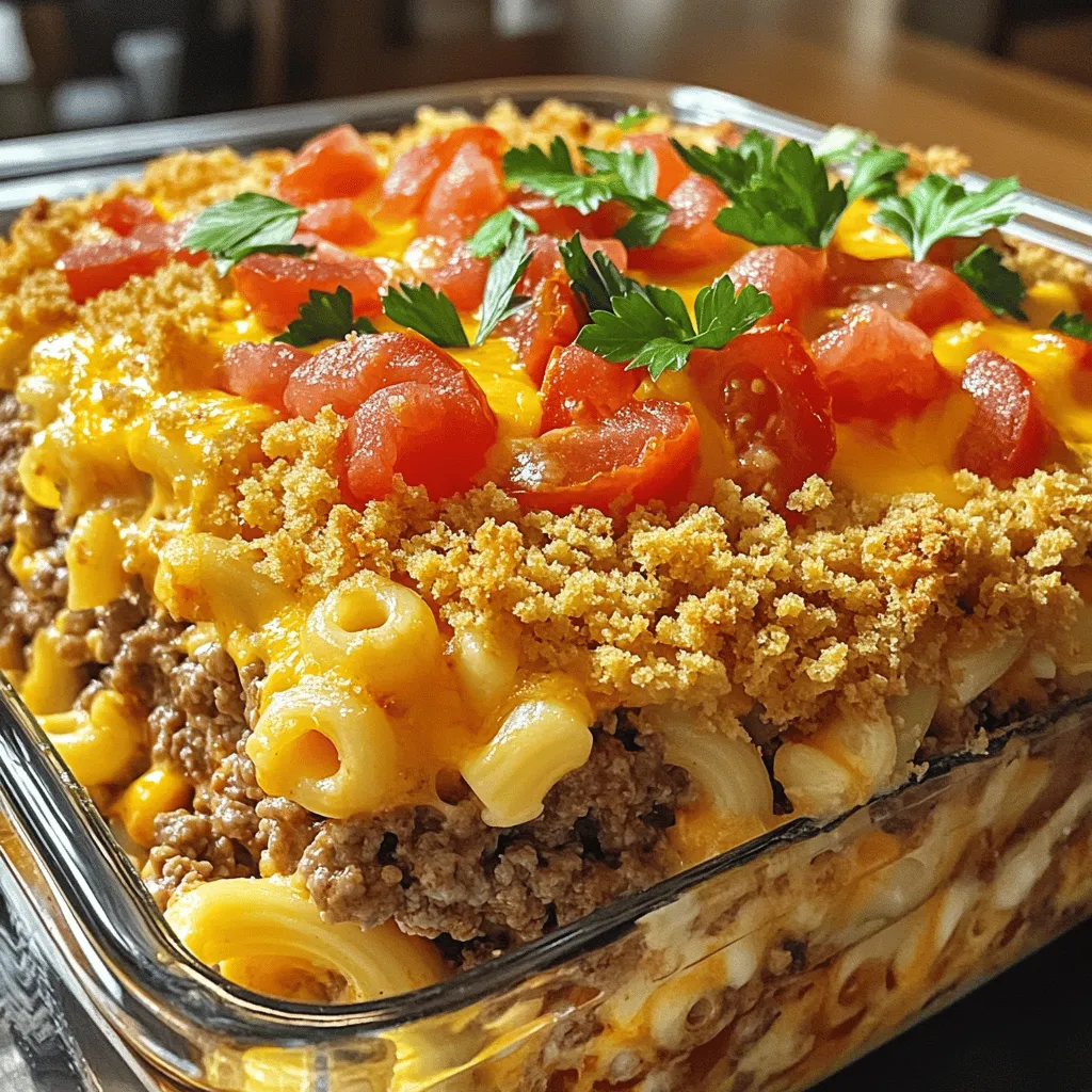 - 1 pound ground beef - 1 cup cooked macaroni - 1 cup shredded sharp cheddar cheese - 1/2 cup milk - 1/2 cup breadcrumbs - 1/4 cup grated Parmesan cheese - 1/4 cup chopped fresh parsley - 2 large eggs - 1 teaspoon garlic powder - 1 teaspoon onion powder - Salt and pepper, to taste - 1 cup canned diced tomatoes The main ingredients in Mac and Cheese Meatloaf Casserole create a hearty dish. Ground beef serves as the base. It adds rich flavor and protein. The cooked macaroni brings in that classic comfort we love. Cheddar and Parmesan cheeses melt together, making it creamy and cheesy. - Diced vegetables (like bell peppers or onions) - Spices and herbs You can enhance your casserole with optional add-ins. Diced veggies like bell peppers or onions add color and crunch. You can also mix in spices and herbs for more flavor. Think of garlic, thyme, or even some smoked paprika. These additions can make the dish personal and unique. - Fresh parsley - Extra cheese on top Garnishes make your casserole look great. Sprinkle some fresh parsley on top for a pop of color. For cheese lovers, add extra cheese before serving. It melts slightly and creates a tasty topping. You can find the full recipe in the article to dive deeper into making this dish. - Preheat your oven to 350°F (175°C). This ensures even cooking for the casserole. - In a large bowl, mix these ingredients: - 1 pound ground beef - 1 cup cooked macaroni - 1 cup shredded sharp cheddar cheese - 1/2 cup milk - 1/2 cup breadcrumbs - 1/4 cup grated Parmesan cheese - 1/4 cup chopped fresh parsley - 2 large eggs - 1 teaspoon garlic powder - 1 teaspoon onion powder - Salt and pepper to taste Mix well until all ingredients are combined. The mix should hold together when shaped. - Lightly grease a 9x9 inch casserole dish. Use cooking spray or olive oil to avoid sticking. - Transfer the meatloaf mixture into the dish. Press it down to create an even layer. - Pour 1 cup canned diced tomatoes over the top. Spread them evenly for the best flavor in every bite. - Cover the dish tightly with aluminum foil. This keeps moisture in while baking. - Bake in the preheated oven for 45 minutes. - After 45 minutes, remove the foil. Bake for an extra 15 minutes. This step browns the top nicely. - Once golden and bubbling, remove the casserole from the oven. Let it cool for about 10 minutes before slicing. For a full guide, check the Full Recipe. To make your Mac and Cheese Meatloaf Casserole just right, keep moisture in mind. If your mix is too dry, add a bit more milk or tomatoes. Aim for a thick but moist blend. When mixing, I like to use my hands. It helps me feel the texture better. Make sure the ingredients combine well. You want every bite to be full of flavor. Baking time can change based on your casserole size. For a larger dish, you may need extra time. Always check for doneness by inserting a knife in the center. If it comes out clean, you’re all set. For smaller casseroles, reduce the baking time by about 10 minutes. This keeps your dish juicy. To boost flavor, try adding seasonings like smoked paprika or cayenne pepper. These spices add a nice kick. You can also mix different cheeses. Gouda or mozzarella can create a creamy texture. Don't forget to taste as you go! A little salt and pepper can go a long way. For more tips, check the Full Recipe. {{image_4}} For those with specific dietary needs, there are great options to consider. - Gluten-free options: Use gluten-free breadcrumbs or cooked quinoa instead of regular ones. You can also swap in gluten-free pasta for the macaroni. Check labels to ensure all ingredients are safe. - Vegetarian or plant-based substitutions: For a meat-free version, use lentils or black beans in place of ground beef. You can also add chopped mushrooms for a hearty texture. Plant-based cheese can replace the cheddar and Parmesan. You can really make this dish your own with different flavors. - Different types of cheese: While cheddar is classic, try mozzarella for a gooey texture or pepper jack for a spicy kick. Mixing cheeses can create a rich flavor profile. - Adding sauces or condiments: For extra zest, drizzle barbecue sauce or hot sauce over the top before baking. You can also stir in a spoonful of mustard or Worcestershire sauce for depth. Pair this casserole with easy side dishes for a complete meal. - Side dishes that pair well: A fresh green salad adds crunch and brightness. Steamed broccoli or green beans also make a healthy balance. - Creative serving styles: Serve in individual ramekins for fun portions. You can also top with crispy onions or crushed chips for added texture. For the complete cooking process, check out the Full Recipe. To store leftovers of your Mac and Cheese Meatloaf Casserole, let it cool first. Place it in an airtight container. This keeps it fresh and safe. You can store it in the fridge for up to 3 days. If you notice any odd smells or colors, it's best to throw it away. If you want to freeze your casserole, use a freezer-safe container. Slice it into portions for easy meals later. Wrap each piece tightly in plastic wrap and then foil. This helps prevent freezer burn. You can freeze it for up to 3 months. When ready to eat, thaw it overnight in the fridge. To reheat, place it in the oven at 350°F (175°C) until heated through, about 30-40 minutes. Making this casserole in advance saves time. You can prepare it a day ahead and store it in the fridge. Just cover it well. Portioning helps for quick meals during the week. You can reheat a slice or two for a fast dinner or lunch. This dish is a great answer for busy days. The prep time for this dish is about 20 minutes. After that, you will bake it for 1 hour. The total cooking time is 1 hour and 10 minutes. This includes 45 minutes covered with foil and 15 minutes uncovered to brown the top. Yes, you can use different meats. Ground turkey, chicken, or pork work well too. Each type will give your casserole a unique taste. If you want a healthier option, lean turkey is great. Just make sure to adjust the cooking time if you change the meat type. If you need a substitute for breadcrumbs, there are good options. You can use crushed crackers or oats. For a gluten-free choice, try almond flour or gluten-free breadcrumbs. These will still help bind the mixture while adding flavor. This blog post covers everything you need to know about making a delicious Mac and Cheese Meatloaf Casserole. We discussed the main ingredients, useful tips, and ways to add your personal touch. Remember to store leftovers properly to keep them fresh. Try your own variations for fun flavors. Making this dish can be simple and rewarding. Enjoy the process and share it with others. You’ll have a tasty meal that everyone will love!