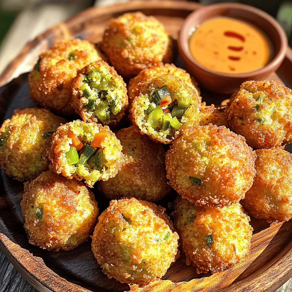 This recipe for crispy okra hush puppies is simple and fun. You will love how easy it is to make these tasty bites. They are perfect as a snack or a side dish. The recipe takes about 30 minutes and serves four people. Here are the key ingredients you'll need: - 1 cup cornmeal - 1/2 cup all-purpose flour - 1 tablespoon baking powder - 1 teaspoon salt - 1/2 teaspoon black pepper - 1/2 teaspoon paprika - 1/2 teaspoon garlic powder - 1 cup fresh okra, chopped (or frozen, thawed) - 1/2 cup finely chopped onion - 1/4 cup chopped green bell pepper - 1/2 cup buttermilk - 1 large egg - Vegetable oil for frying If you can't find fresh okra, frozen okra works just as well. You can swap buttermilk with regular milk mixed with a bit of lemon juice for a similar taste. To make these hush puppies, you will need a few tools: - Large mixing bowl - Whisk - Deep frying pan or skillet - Cooking thermometer - Spoon or small ice cream scoop - Plate lined with paper towels These tools will help you mix, fry, and serve your delicious hush puppies easily. Enjoy the cooking process and the tasty results! 1. In a large mixing bowl, combine the cornmeal, flour, baking powder, salt, black pepper, paprika, and garlic powder. Mix well until all the dry ingredients are blended. 2. Add the chopped okra, onion, and bell pepper. Stir gently to coat the veggies with the flour mixture. 3. In another bowl, whisk the buttermilk and egg until smooth. Slowly pour the wet mix into the dry mix. Stir gently until just combined. Keep it slightly lumpy for better texture. 4. Heat vegetable oil in a deep frying pan to 350°F (175°C). 5. To check the oil, drop a small spoonful of batter. If it sizzles and floats, the oil is ready. 6. Using a spoon or scoop, drop spoonfuls of batter into the hot oil. Avoid overcrowding. 7. Fry until golden brown, about 3-4 minutes on each side. 8. Remove them from the oil and place on paper towels to drain excess oil. Serve warm with your favorite dipping sauce or on their own. - Use a thermometer for accuracy. This ensures your oil stays at 350°F. - If you don’t have a thermometer, drop a small piece of batter into the oil. If it sizzles, it’s ready. - Too low oil temperature makes soggy hush puppies. Too high burns them quickly. - Look for a deep golden brown color. - They should float in the oil while frying. - A toothpick should come out clean when poked in the center. - Trust your taste buds; they should be crispy on the outside and fluffy inside. For the full recipe, check out the detailed steps above! To get the best texture, keep your batter slightly lumpy. Mixing too much leads to dense hush puppies. Use fresh okra when you can, as it adds a nice crunch. If you use frozen okra, ensure it’s completely thawed and drained. This step helps avoid extra moisture in your batter. A common mistake is overcrowding the frying pan. Place only a few hush puppies at a time. This keeps the oil temperature steady. If the oil cools, your hush puppies won’t fry right. Also, some forget to check the oil temperature. Using a thermometer helps make sure it’s at 350°F (175°C). I love serving hush puppies warm with a zesty dipping sauce. Try remoulade or ranch for a tasty twist. You can also pair them with seafood dishes or spicy foods. For a fun touch, arrange hush puppies in a basket with a colorful napkin. This makes any meal feel more festive. {{image_4}} You can make your Okra Hush Puppies even more fun by adding flavors. Some great options include: - Cheese: Add 1/2 cup of shredded cheddar for a cheesy twist. - Herbs: Toss in some fresh parsley or cilantro for a fresh taste. - Spices: Add cayenne pepper for heat or cumin for a smoky flavor. You can also swap the all-purpose flour for corn flour to enhance the corn taste. Hush puppies can be made in many styles. Some people love them crispy, while others prefer a softer bite. You can change the frying time to get your desired texture. For a twist, try baking them at 400°F for about 20 minutes. This gives you a healthier option without losing flavor. Making gluten-free hush puppies is easy! Use almond flour or a gluten-free all-purpose blend instead of regular flour. For a vegan option, swap the egg for a flax egg (1 tablespoon ground flaxseed mixed with 3 tablespoons water). Replace buttermilk with almond milk mixed with a splash of lemon juice. These swaps keep the flavor while meeting dietary needs. Feel free to explore these variations to find your favorite way to enjoy Okra Hush Puppies! For a full recipe, check out the detailed instructions provided earlier. To store leftover hush puppies, let them cool first. Place them in an airtight container. Make sure to keep them at room temperature if you plan to eat them within a day. For longer storage, use the fridge. They stay fresh for about three days. When you want to reheat your hush puppies, use an oven. Preheat it to 350°F (175°C). Place the hush puppies on a baking sheet. Heat them for about 10 minutes. This method keeps them crispy. You can also use an air fryer for about 5 minutes at the same temperature. If you have lots of hush puppies, freezing is a great option. Let them cool completely, then place them in a freezer-safe bag. Press out as much air as you can. They can stay frozen for up to three months. To thaw, move them to the fridge overnight. Then, reheat as mentioned before for the best texture. For the full recipe, check out Crispy Okra Hush Puppies. Okra hush puppies come from the Southern United States. They blend African, Native American, and European flavors. The term "hush puppy" likely started as a way to quiet dogs while cooking. Many believe these tasty bites were made during fish fries or gatherings. They are now a beloved dish found at many family meals and restaurants. Yes, you can use frozen okra. Just remember to thaw and drain it first. Frozen okra can save time and still taste great in hush puppies. Fresh okra adds a bit more texture, but frozen works well too. This option makes the recipe easy and quick, perfect for busy cooks. To make hush puppies less greasy, follow a few simple tips. First, do not overcrowd the pan while frying. This helps maintain oil temperature. Second, allow the hush puppies to drain on paper towels after frying. Finally, check the oil temperature before frying. Keeping it at 350°F (175°C) will help achieve a crispy exterior without excess oil. In this post, we explored the key ingredients for making delicious hush puppies. We covered the essential tools you’ll need, detailed cooking steps, and tips to check oil temperature. You learned how to achieve the right texture and avoid common mistakes. Remember, you can play with different flavors and styles for variety. Store leftovers safely and reheat them for the best taste. Making perfect hush puppies is easy with practice. Enjoy your cooking and share these tasty bites with friends and family!