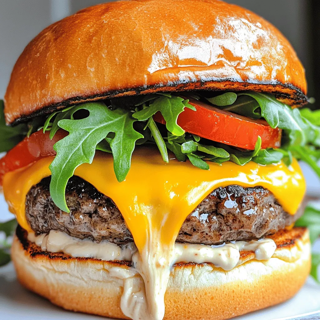To make a tasty Garlic Parmesan Cheeseburger, you need the following main ingredients: - 1 lb ground beef (preferably an 80/20 blend for maximum juiciness) - 1/4 cup freshly grated Parmesan cheese - 2 cloves garlic, finely minced - 1 tablespoon Worcestershire sauce - 1 teaspoon onion powder - 1 teaspoon freshly ground black pepper - 1 teaspoon salt - 4 slices of sharp cheddar cheese - 4 burger buns, lightly toasted - A handful of fresh arugula or baby spinach for a fresh topping - 1 large tomato, sliced into rounds - Creamy garlic aioli (your choice: store-bought or homemade) These ingredients blend together to create a rich and savory flavor. The blend of beef and Parmesan gives each bite a juicy and cheesy kick. Garlic adds a lovely aroma, while the Worcestershire sauce brings depth to the flavor. You can elevate your burger experience with these optional add-ons: - Crispy bacon strips - Sautéed mushrooms - Avocado slices - Pickled jalapeños - Fried egg These add-ons can enhance the taste and texture. For example, bacon adds crunch, while avocado gives creaminess. Get creative and mix what you love! To make cooking easier, gather these tools: - Mixing bowl - Grill or skillet - Spatula - Meat thermometer - Basting brush for aioli Using the right tools helps you cook burgers to perfection. A grill gives a nice char, while a skillet is great for indoor cooking. A meat thermometer ensures your burgers are cooked safely. You can find the full recipe above to guide you through the cooking process. Enjoy making your Garlic Parmesan Cheeseburger! To start, you need to gather your ingredients. In a large bowl, mix the ground beef with Parmesan cheese and minced garlic. Add Worcestershire sauce, onion powder, salt, and pepper. Use your hands to blend everything gently. Overmixing can make the burgers tough, and we want them soft and juicy. Next, divide the beef mixture into four equal parts. Shape each part into a patty, making a small dent in the center. This helps keep the patties flat while they cook. Now, it’s time to cook! You can use either a grill or a skillet. Preheat your grill or skillet on medium-high heat. Once hot, add the patties carefully. Cook the first side for about 4 to 5 minutes. Don't press down on the patties; let them sear nicely. After that, flip the patties gently. Place a slice of cheddar cheese on each patty. Cook for 3 to 4 more minutes. You want them medium-rare, but cook longer if you prefer. Once the patties are done, it's time to build your burger. Lightly toast your buns until golden brown. Spread creamy garlic aioli on both the top and bottom buns. Place the cheese-topped patty on the bottom bun. Add fresh arugula or spinach and a slice of tomato on top of the patty. Finally, cap it off with the top bun. Gently press down to keep everything together. For more detailed steps, check the Full Recipe. Enjoy your tasty Garlic Parmesan Cheeseburger! To get the best burger texture, use an 80/20 blend of ground beef. This mix keeps your burgers juicy and flavorful. When mixing, handle the meat gently. Overworking it makes the burgers tough. Form each patty with a slight dent in the center. This helps them cook evenly and stay flat. Incorporate minced garlic and grated Parmesan into the meat. This adds rich flavor right from the start. Worcestershire sauce also boosts the taste. When cooking, don’t press down on the patties. This keeps the juices locked in. Top each patty with cheddar cheese right after flipping. Let it melt for extra creaminess. For a stunning presentation, use toasted burger buns. Spread a thick layer of creamy garlic aioli on each bun. Add fresh arugula or spinach for crunch. A slice of ripe tomato adds color and flavor. Serve your burgers alongside crispy fries or a fresh salad. This creates a balanced and tasty meal. For extra fun, add a pickle spear on the side. For the complete recipe, check out the Full Recipe. {{image_4}} You can change up the cheese for your Garlic Parmesan Cheeseburger. Instead of sharp cheddar, try mozzarella for a creamy touch. Blue cheese adds a bold flavor that some love. For a twist, consider Gouda or pepper jack. Toppings can also vary. Use crispy bacon for extra crunch. Avocado slices bring creaminess, while jalapeños add a kick. Top with sautéed mushrooms for an earthy taste. The choices are endless! If you want to swap the meat, ground turkey works well. It’s leaner but still tasty. For a veggie option, use black beans or chickpeas. A portobello mushroom cap makes a great burger, too. You can also find plant-based patties that imitate meat. These options keep your meal exciting and cater to different diets. Want some heat? Mix chopped jalapeños into the meat blend. You can also add hot sauce to the garlic aioli. Another option is to sprinkle cayenne pepper into the patty mix. If you love peppers, add sliced serranos on top. This way, you can enjoy a fiery Garlic Parmesan Cheeseburger that has zest and flavor. If you have extra patty mixture, store it in the fridge. Place it in an airtight container. Use it within two days for the best taste. You can also shape the mixture into patties first. Wrap each patty in plastic wrap. This keeps them fresh and ready to cook. To store cooked burgers, let them cool completely. Then, place them in a shallow container. Cover with a lid or plastic wrap. Cooked burgers last in the fridge for about three days. If you want to keep them longer, consider freezing. Freezing burgers is a smart way to meal prep. Place cooked burgers in a single layer on a baking sheet. Freeze them for about an hour. Once firm, move them to a freezer bag. Remove as much air as possible to prevent freezer burn. They can last up to three months in the freezer. When you're ready to eat, thaw in the fridge overnight and reheat. For more details, check out the Full Recipe. You cook a Garlic Parmesan Cheeseburger for about 8 to 9 minutes total. Start with 4 to 5 minutes on one side. Then flip the patty and cook for another 3 to 4 minutes. This timing gives you a juicy, medium-rare burger. Adjust the time if you want it more or less cooked. Always use a meat thermometer for best results. Aim for 160°F for safe consumption. Yes, you can use ground turkey or chicken for this recipe. Both options create a lighter burger. Ground turkey tends to be drier, so add more moisture. Consider mixing in an extra tablespoon of Worcestershire sauce or a bit of olive oil. Ground chicken is a bit juicier. You may not need to change the cooking time much, but always check for doneness. To reheat leftover burgers, use an oven or skillet. For the oven, preheat it to 350°F. Place the burger on a baking sheet and cover it with foil. Heat for about 10 minutes. If you use a skillet, heat it over medium heat. Place the burger in the skillet for about 5 minutes. This keeps the burger juicy and warm without drying it out. In this blog post, we explored the key ingredients for a tasty Garlic Parmesan Cheeseburger. I shared step-by-step cooking instructions and tips for the perfect burger. We also looked at fun variations and smart storage methods. Making your own burgers can be easy and fun. With these details, you can create a delicious meal that impresses. Enjoy experimenting with flavors and ingredients to find your favorite combination. Happy cooking!