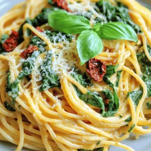 - 8 oz spaghetti - 2 cups fresh spinach - 1 cup sun-dried tomatoes - 1 cup heavy cream - 1 tablespoon extra virgin olive oil - 2 cloves garlic - 1/2 cup Parmesan cheese - 1/4 teaspoon red pepper flakes - Salt and pepper to taste - Fresh basil leaves The main ingredients for this dish create a great blend of flavors and textures. The spaghetti serves as a perfect base, and the spinach adds a fresh green touch. Sun-dried tomatoes bring a sweet and tangy note, lifting the meal with their rich flavor. Heavy cream creates a smooth, dreamy sauce that binds everything together. For seasoning and garnish, garlic packs a punch, while Parmesan adds a savory depth. Red pepper flakes can give your dish a spicy kick, but you can skip them if you prefer. Finally, fresh basil leaves not only add color but also a lovely aroma. You can find the full recipe at the end of this section. Enjoy crafting this delicious dish that is perfect for any occasion! 1. Bring salted water to a boil: Fill a large pot with water and add a good amount of salt. This will help flavor the pasta. 2. Cook spaghetti until al dente: Add the spaghetti to the boiling water. Cook it according to the package directions until it is al dente, which means firm to the bite. 3. Drain and reserve pasta water: After cooking, drain the spaghetti in a colander. Make sure to save about 1/2 cup of the pasta water for the sauce later. 1. Sauté garlic in olive oil: In a large skillet, pour in extra virgin olive oil. Heat it over medium heat. Add minced garlic when the oil is hot, and sauté for about 1 minute. The garlic should smell nice and golden. 2. Add sun-dried tomatoes: Next, add the chopped sun-dried tomatoes to the skillet. Cook for 2-3 minutes, stirring often. This lets the sweet and tangy flavors mix in. 3. Stir in heavy cream and Parmesan: Slowly pour in the heavy cream while stirring. Bring the mixture to a gentle simmer. Add the grated Parmesan cheese and keep stirring until it melts into a rich sauce. 1. Add spinach to the sauce: Fold in the chopped spinach. Let it cook in the warm sauce for 2-3 minutes until it wilts. 2. Mix in reserved pasta water as needed: If the sauce is too thick, add a bit of the reserved pasta water. This helps reach your desired creaminess. 3. Toss spaghetti in the sauce: Now, add the drained spaghetti to the skillet. Toss it gently, coating every strand with the delicious sauce. Season with salt and pepper to taste. If you want some heat, add red pepper flakes. Each step is crucial for a wonderful meal. If you want the full recipe, check it out [here](#). Enjoy your cooking! - How to achieve the perfect al dente spaghetti: Start by boiling a large pot of salted water. Add the spaghetti and cook it for about 8-10 minutes. Test it a minute or two before the time is up. It should be firm to the bite, not mushy. When it's perfect, drain it but remember to save some pasta water. - Importance of reserving pasta water: This starchy water is key for your sauce. It helps thicken the sauce and makes it cling to the spaghetti. Just add a little at a time until you reach your desired creaminess. - Adding extra spices for a kick: If you like heat, feel free to add more red pepper flakes. You could also try adding garlic powder or Italian herbs like oregano and thyme. They bring extra flavor depth without much effort. - Suggestion for alternative cheeses: If Parmesan isn't your favorite, try pecorino for a sharper taste. Or go for a creamy goat cheese that melts well. Each choice gives a unique twist to your dish. {{image_4}} You can easily make this dish vegan or dairy-free. Just swap the heavy cream with coconut cream or a nut-based cream. Use nutritional yeast instead of Parmesan for that cheesy taste. For gluten-free options, choose gluten-free spaghetti. There are many great brands available that taste just as good. If you want to change things up, you can replace spinach with kale or swiss chard. Both greens add a nice twist and are packed with nutrients. Sun-dried tomatoes can also be swapped for roasted red peppers or fresh cherry tomatoes. These options will shift the flavor and color while keeping the dish vibrant. For the full recipe, check out the details above and enjoy cooking! To store your spaghetti and spinach with sun-dried tomato cream sauce, follow these easy steps: - Cool Down: Let the dish cool to room temperature. - Use Airtight Containers: Place the pasta in an airtight container. - Label and Date: Mark the container with the date for tracking. In the fridge, your leftovers can last about 3 to 4 days. Make sure to check for freshness before eating! When you reheat your delicious dish, keep it creamy and tasty. Here’s how: - Stovetop Method: Heat in a skillet over low heat, adding a splash of water or cream. - Microwave Method: Use a microwave-safe dish, cover it, and heat in 30-second intervals. Stir often to prevent uneven heating. You can freeze this dish, but the cream sauce may change texture. If you choose to freeze it, store it in an airtight container. Use it within 2 months for the best flavor and quality. Yes, you can use dried sun-dried tomatoes. To rehydrate them, soak the dried tomatoes in warm water for about 20 minutes. Afterward, drain and chop them before adding to your sauce. This method brings back their rich flavor, making them a great addition to the dish. You can serve this dish with several sides. Here are some ideas: - Garlic bread for a crunchy bite - A light arugula salad with balsamic vinaigrette - Steamed broccoli for a healthy touch - A simple tomato salad to add freshness These sides will complement the creamy sauce and enhance your meal. To spice up the sauce, add more red pepper flakes. Start with a little and taste as you go. You can also add diced jalapeños or a dash of hot sauce. These additions will give your dish a nice kick without overpowering the flavors. Yes, this recipe works well for meal prep. To modify it, cook the spaghetti and sauce separately. Store them in airtight containers in the fridge. When ready to eat, reheat them together. This way, your meal stays fresh and delicious. To wrap up, we explored a delicious spaghetti dish with fresh spinach and sun-dried tomato cream sauce. The main ingredients create a rich flavor, while seasoning adds a tasty kick. We also discussed cooking tips and storage for leftovers. You can make simple swaps for dietary needs or enhance the flavor. This recipe is not only easy but also versatile. Enjoy making this dish and delight your taste buds!