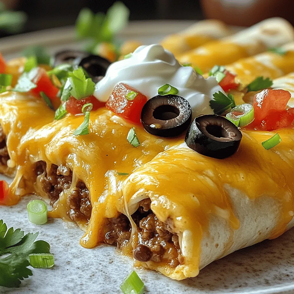 - 1 lb ground beef - 1 packet taco seasoning - 1 cup water - 2 cups shredded cheddar cheese - 4 large flour tortillas - 1 cup refried beans - 1 cup sour cream - 1/2 cup diced tomatoes - 1/4 cup chopped green onions - 1/4 cup sliced black olives (optional) - Salsa for topping The ingredients for the Taco Bell Beefy Melt Burrito come together easily. You need ground beef, taco seasoning, and water to make the tasty filling. This mixture brings flavor and warmth to every bite. Next, you add the cheese, tortillas, and refried beans. The cheese melts perfectly, creating a creamy texture inside the burrito. Flour tortillas hold everything together, making the burrito easy to enjoy. For toppings, you can personalize your burrito. Sour cream adds a cool touch. Diced tomatoes and green onions bring freshness. If you like, you can add black olives for extra flavor. Salsa on top makes each bite burst with taste. This combination of ingredients will give you a satisfying meal. You can find the Full Recipe for more details on cooking this delicious dish. - First, heat a large skillet over medium heat. - Add 1 lb of ground beef into the skillet. Cook it until it’s browned. - Use a spatula to break the beef into smaller pieces. This takes about 5-7 minutes. - After browning, drain extra fat from the skillet. - Next, add 1 packet of taco seasoning and 1 cup of water. - Stir well to mix the seasoning with the beef. - Let the mixture simmer for about 5 minutes until it thickens. - While the beef simmers, warm 4 large flour tortillas. - Place them on a dry skillet over medium heat. - Heat each tortilla for about 30 seconds on each side. - This makes the tortillas soft and easy to fold. - Lay one warm tortilla flat on a clean surface. - Spread a generous spoonful of 1 cup of refried beans in the center. - Add a good amount of the seasoned beef on top of the beans. - Sprinkle 2 cups of shredded cheddar cheese over the beef. - Add a dollop of 1 cup of sour cream next. - Top with 1/2 cup of diced tomatoes and 1/4 cup of chopped green onions. - If you like, add 1/4 cup of sliced black olives too. - Fold the sides of the tortilla inward to hold the filling. - Roll the tortilla from the bottom tightly to secure everything inside. - Repeat this for the other tortillas until all the filling is used. - To make the burritos crispy, place them seam-side down in the same skillet. - Cook for about 2 minutes on each side. - Look for a nice golden brown color for the perfect finish. - Serve these tasty burritos warm, drizzled with salsa for extra flavor. You can find the Full Recipe for more details and guidance to enjoy this meal! To get the best burrito, cooking time matters. For optimal browning, pan-sear your burritos for about 2 minutes on each side. This gives them a nice, crispy exterior. When you roll your burrito, keep the filling tight. Start by folding the sides in first. Then, roll from the bottom up. This helps prevent any spillage during cooking. Want to boost the flavor? Try adding a pinch of cumin or chili powder to the beef mixture. These spices add depth and warmth. You can also drizzle hot sauce inside the burrito for extra kick. For toppings, consider adding sliced jalapeños for heat or diced avocado for creaminess. Fresh cilantro can brighten the flavor, too. Adjust toppings to your taste and enjoy the burst of flavors! {{image_4}} You can make a tasty vegetarian version of the Beefy Melt Burrito. Just switch the ground beef with lentils or beans. Lentils cook fast and add protein. Black beans or pinto beans work well too. This change keeps the burrito filling and tasty. Cheese makes the burrito creamy and rich. You can explore different flavors by using pepper jack or a Mexican blend cheese. Pepper jack adds a bit of spice and melts well. A Mexican blend cheese gives a nice mix of flavors. Each cheese choice brings a unique twist. Want more heat? You can adjust the spice level easily. Add diced jalapeños or a dash of hot sauce to the beef mixture. You can also sprinkle some crushed red pepper on top. This way, you can enjoy the burrito just how you like it. To keep your burritos fresh, wrap each one in foil or plastic wrap. Place them in an airtight container. Store them in the fridge for up to three days. If you want to keep the flavors locked in, use a vacuum-sealed bag. This helps prevent them from drying out. For longer storage, freeze the burritos. Wrap each one tightly in foil. Then, put them in a freezer bag, making sure to remove as much air as possible. You can freeze them for up to three months. When you’re ready to eat, just thaw them in the fridge overnight. To reheat your burritos, use the oven for the best texture. Preheat the oven to 350°F (175°C). Place the burrito on a baking sheet and cover it with foil. Heat for about 15-20 minutes. This way, the burrito stays warm inside and gets crispy outside. You can also use a microwave, but it might make the tortilla soft. For a quick fix, microwave for 1-2 minutes, checking often. Enjoy your tasty beefy melt burrito! You can make your burrito special by switching up the ingredients. Here are some ideas: - Add Protein: Try chicken, turkey, or even tofu. - Change the Cheese: Use pepper jack or mozzarella for a different taste. - Extra Veggies: Add bell peppers, corn, or jalapeños for more texture. - Sauces: Drizzle some hot sauce or guacamole for extra flavor. - Fresh Herbs: Sprinkle cilantro or parsley to brighten it up. A typical Taco Bell Beefy Melt Burrito has around 440 calories. However, this can change based on your choices. For instance: - Extra Cheese: Adds about 100 calories. - Sour Cream: Adds around 60 calories. - Veggies: Usually low in calories, but worth counting. To add heat, consider these tips: - Hot Sauce: A splash of your favorite hot sauce can work wonders. - Jalapeños: Fresh or pickled jalapeños will kick up the spice. - Spicy Taco Seasoning: Use a spicier blend when cooking the beef. - Chili Flakes: Sprinkle chili flakes in the beef mixture for an added kick. You can find the full recipe [here](#). It has all the details you need to make these tasty burritos right at home! You learned how to make a tasty burrito with simple steps. First, cook the beef, then layer your favorite ingredients in a tortilla. Don’t forget the tips for perfecting your rolls and adding flavors. You can also try vegetarian options or different cheeses. For storage, remember to refrigerate or freeze properly to enjoy later. Try customizing each burrito to fit your taste. Have fun making this dish, and enjoy every bite!